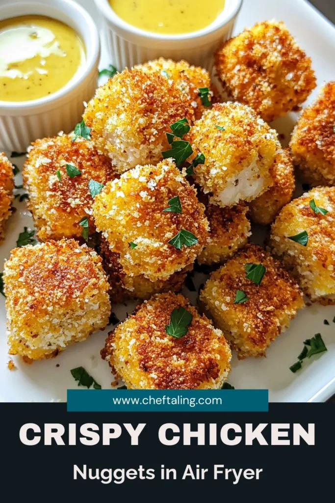 Discover how to make easy air fryer chicken nuggets that are perfectly crispy and healthier than traditional fried options. This simple panko chicken nuggets recipe uses minimal oil yet delivers mouthwatering flavor. In just 30 minutes, you’ll whip up these delicious, golden nuggets that are perfect for kids and adults alike. Try this healthy air fryer recipe today and enjoy dipping them in your favorite sauces! Save this recipe now! #AirFryerChickenNuggets #CrispyChickenNuggets #HealthyAirFryerRecipes #EasyChickenNuggetRecipe