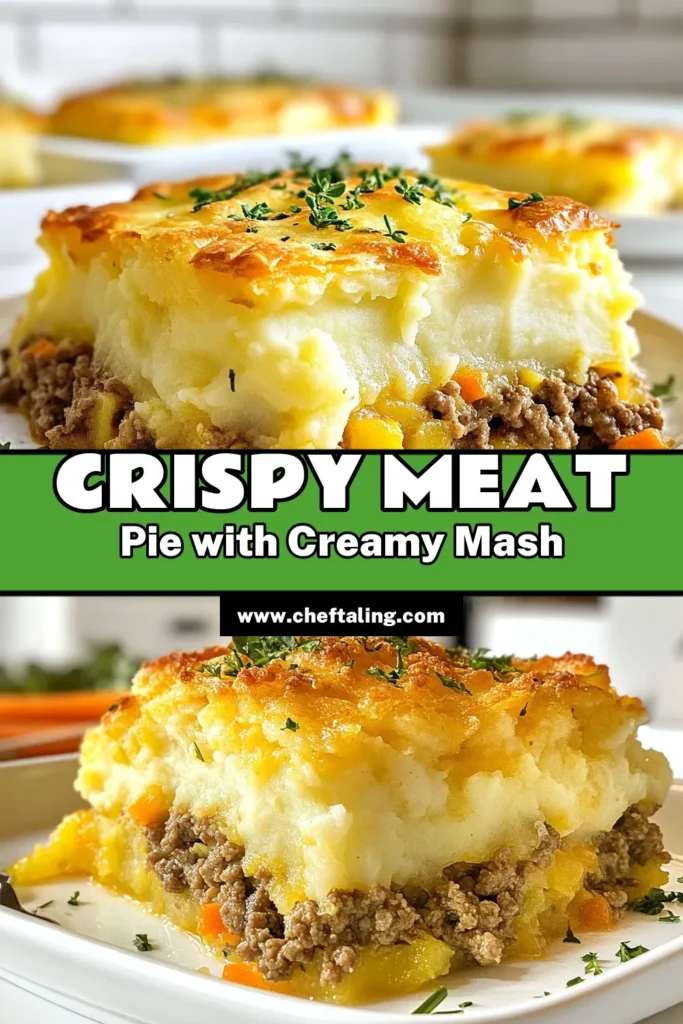 Indulge in this Crispy Potato Topped Meat Pie, the ultimate comfort food recipe! This homemade meat pie combines savory ground beef, aromatic herbs, and creamy mashed potatoes for a deliciously satisfying meal. Perfect for family dinners or cozy nights in, this meat pie recipe is sure to impress. Try this ground beef pie recipe today and experience the warmth of homemade cooking. Save this for your next meal! #ComfortFood #MeatPie #HomemadeRecipes #EasyDinner