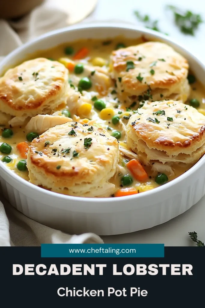 Indulge in this Cheesy Lobster Chicken Pot Pie, the perfect blend of flavors that elevates the classic creamy chicken pot pie! This lobster chicken recipe features succulent chicken and tender lobster, combined with vegetables in a rich sauce, topped with flaky Red Lobster biscuit mix. Try this delicious twist on lobster recipes with chicken and impress your family tonight. Save this for your next meal! #LobsterRecipes #ChickenPotPie #RedLobsterBiscuits #ComfortFood