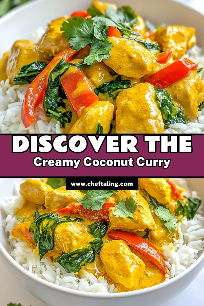 Discover the ultimate Coconut Chicken Curry recipe that's both delicious and easy to make! This Thai coconut chicken curry uses tender chicken simmered in creamy coconut milk and spicy red curry paste, resulting in a flavorful dish. With spinach and vibrant bell peppers, this easy chicken curry with coconut milk is perfect for any night. Try this red curry paste chicken dish today and save it for a quick weeknight dinner! #CoconutChickenCurry #ThaiCoconutCurry #EasyChickenCurry #CurryRecipeWithSpinach