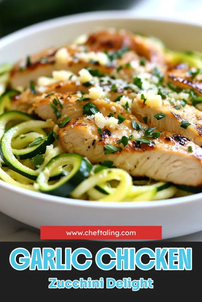 Discover the deliciousness of garlic chicken zucchini noodles! This quick garlic chicken recipe features tender chicken and spiralized zucchini noodles for a satisfying, low-carb zucchini noodles dinner. Ready in just 20 minutes, this healthy chicken zucchini dinner is perfect for busy weeknights. Try it today and elevate your meal prep with these tasty spiralized zucchini recipes. Save this recipe for your next cooking adventure! #HealthyDinner #LowCarb #ZucchiniNoodles #ChickenRecipes