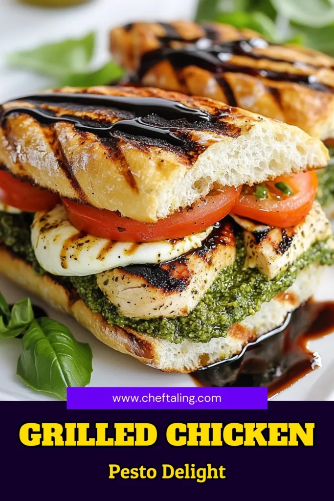 Discover the deliciousness of a Chicken Pesto Sandwich with this easy Caprese Sandwich Recipe! This Grilled Chicken Caprese features juicy grilled chicken, fresh mozzarella, and vibrant basil pesto all nestled in a perfectly toasted ciabatta roll. Perfect for lunch or dinner, this Ciabatta Sandwich with Pesto is sure to impress. Dive into these Easy Sandwich Recipes and elevate your meal today! Save this recipe for later! #ChickenPestoSandwich #CapreseSandwich #EasySandwichRecipes #GrilledChickenCaprese