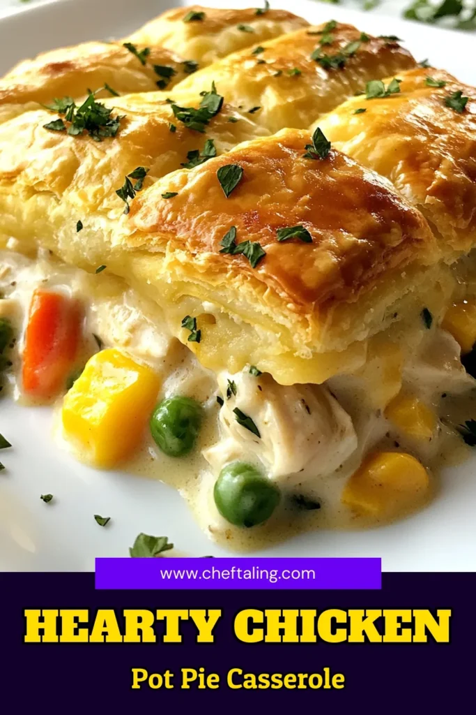 Warm up with this comforting chicken pot pie casserole! This easy chicken dinner features shredded chicken, crispy crescent roll dough, and creamy goodness, making it a delightful twist on traditional chicken recipes. Perfect for busy weeknights, this crescent roll chicken casserole will satisfy everyone. Try it tonight and share your creation! #ChickenPotPieCasserole #ComfortFood #EasyDinner #CrescentRollCasserole