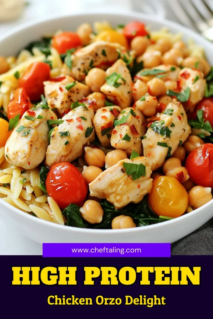Looking for a delicious, quick dinner recipe? Try this high protein chicken orzo that's packed with flavor and nutrition! This healthy chicken recipe features tender chicken, orzo pasta, fresh spinach, and chickpeas for a satisfying meal. Ready in just 25 minutes, it's perfect for busy nights. Save this easy spinach and chicken orzo dish for your next dinner idea! #HighProteinChickenOrzo #QuickDinnerRecipes #HealthyChickenRecipes #OrzoPastaDish