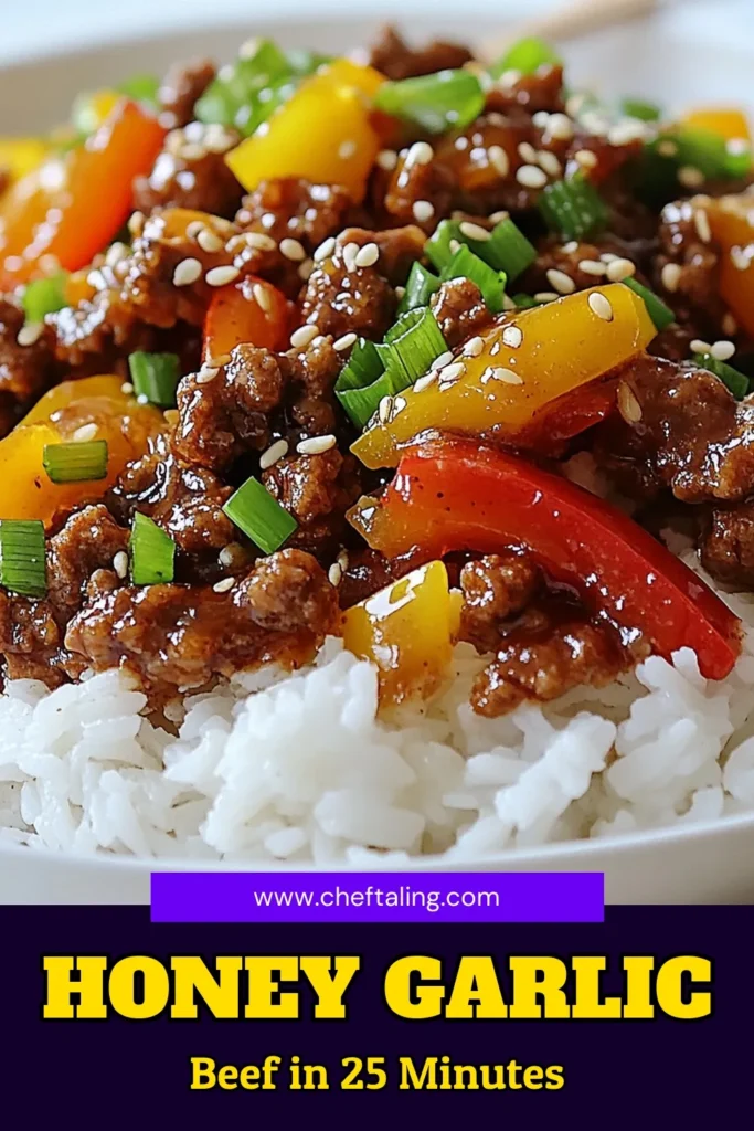 Discover the deliciousness of this Savory Honey Garlic Beef recipe! This Easy Honey Garlic Dinner is perfect for busy weeknights, bringing a Quick Asian Beef Stir-Fry to your table in just 25 minutes. Enjoy a flavorful Honey Garlic Ground Beef Bowl served over rice or noodles that your family will love. Try this Ground Beef Recipe today and make mealtime effortless! Save and click for a taste you'll crave! #HoneyGarlicBeef #EasyDinners #GroundBeefRecipes #AsianStirFry