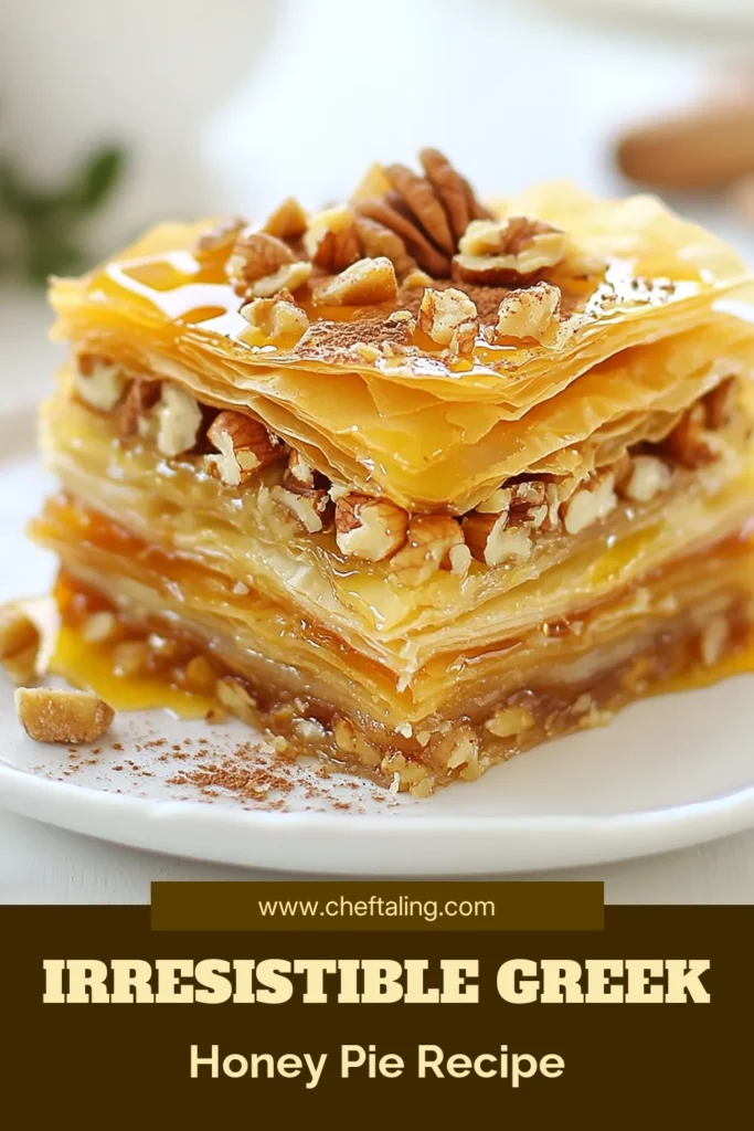 Indulge in the sweet layers of this Greek Honey Pie, a delightful Baklava-style Honey Pie made with flaky phyllo dough and a rich walnut almond filling. Perfect for special occasions, this Greek dessert with honey combines simplicity and flavor in a unique treat. Satisfy your sweet tooth today! Save this recipe and enjoy this delicious Walnut Almond Dessert at home. #GreekHoneyPie #PhylloDoughRecipes #GreekDessertsWithHoney #BaklavaStyle