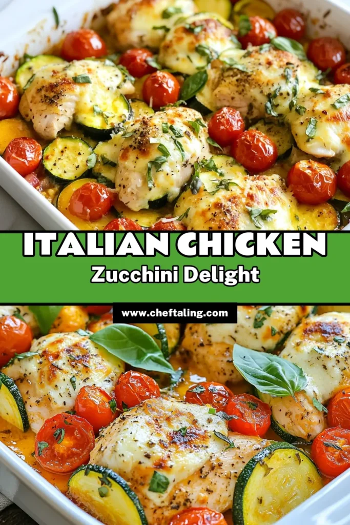 Savor the flavors of this Italian Chicken and Zucchini Bake, a perfect dish for healthy chicken recipes! This easy Italian recipe combines tender baked chicken with vegetables like zucchini, cherry tomatoes, and bell peppers, all topped with gooey mozzarella cheese. Ideal for a family dinner, it’s healthy, delicious, and simple to prepare. Try this mozzarella chicken bake today and enjoy a wholesome meal! Save this recipe for later! #ItalianChickenZucchiniBake #HealthyEating #EasyRecipes #BakedChickenWithVegetables