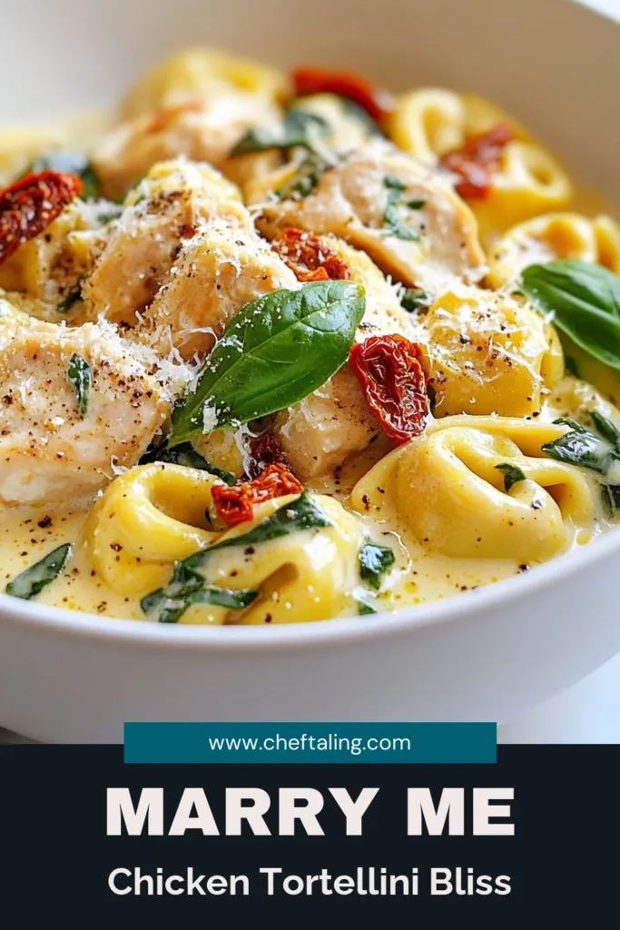 Discover the irresistible Marry Me Chicken Tortellini, a creamy chicken tortellini recipe that combines tender chicken, sun-dried tomatoes, and fresh spinach for an easy chicken pasta dish that will impress anyone. This Italian-style tortellini recipe is perfect for busy weeknights or romantic dinners! Try it tonight and save for later! #MarryMeChickenTortellini #CreamyChickenTortellini #EasyChickenPastaDish #ItalianRecipes