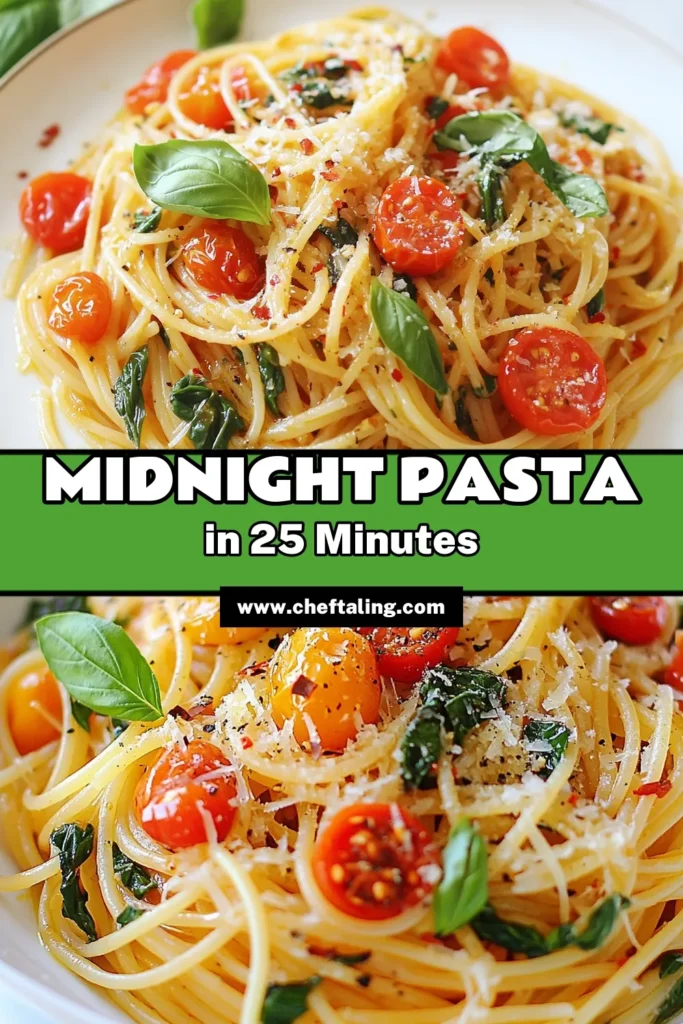 Discover the ultimate midnight pasta recipe that you can whip up in just 25 minutes! This easy spaghetti recipe features a delicious blend of garlic chili pasta and crushed cherry tomatoes, creating a simple pasta dish that’s bursting with flavor. Toss in fresh spinach for a vibrant touch and enjoy a comforting meal any time of day. Save this easy recipe for your next craving! #MidnightPasta #EasySpaghetti #GarlicChiliPasta #CherryTomatoPasta