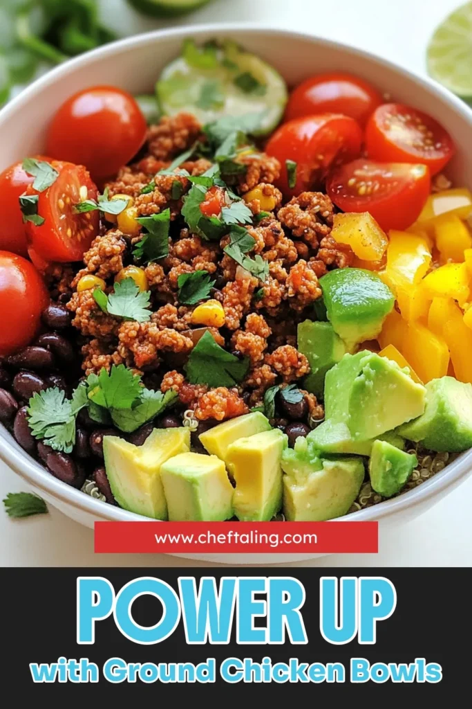 Discover a delicious and nutritious meal with these Ground Chicken Power Bowls! Packed with protein and flavor, this quinoa power bowl recipe is one of the best ground chicken recipes for easy chicken meals. Perfect for healthy dinner ideas, it's quick to prepare and sure to please. Get inspired to make your own healthy power bowls today! Save this recipe for a vibrant, satisfying dinner! #HealthyDinnerIdeas #GroundChickenRecipes #PowerBowlsHealthy #EasyChickenMeals
