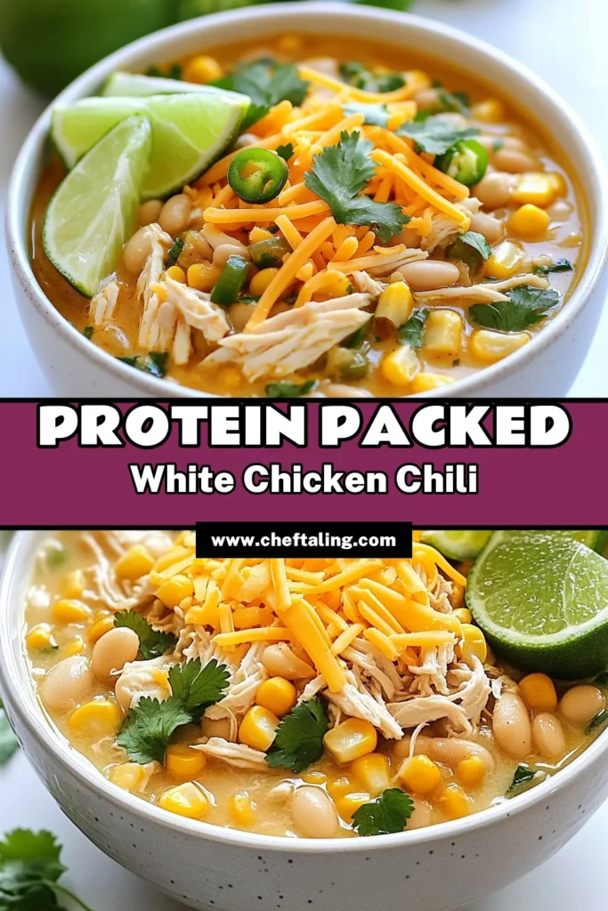 Discover this delicious high protein chicken chili recipe that’s perfect for a healthy meal! Our protein-packed chili combines tender chicken, creamy Greek yogurt, and nutritious white beans, making it the ultimate easy white chicken chili. In just 50 minutes, you’ll have a comforting bowl that’s both satisfying and nutritious. Save this white bean chili recipe for your next meal prep! #HealthyEating #ChiliRecipe #ProteinPacked #EasyRecipes