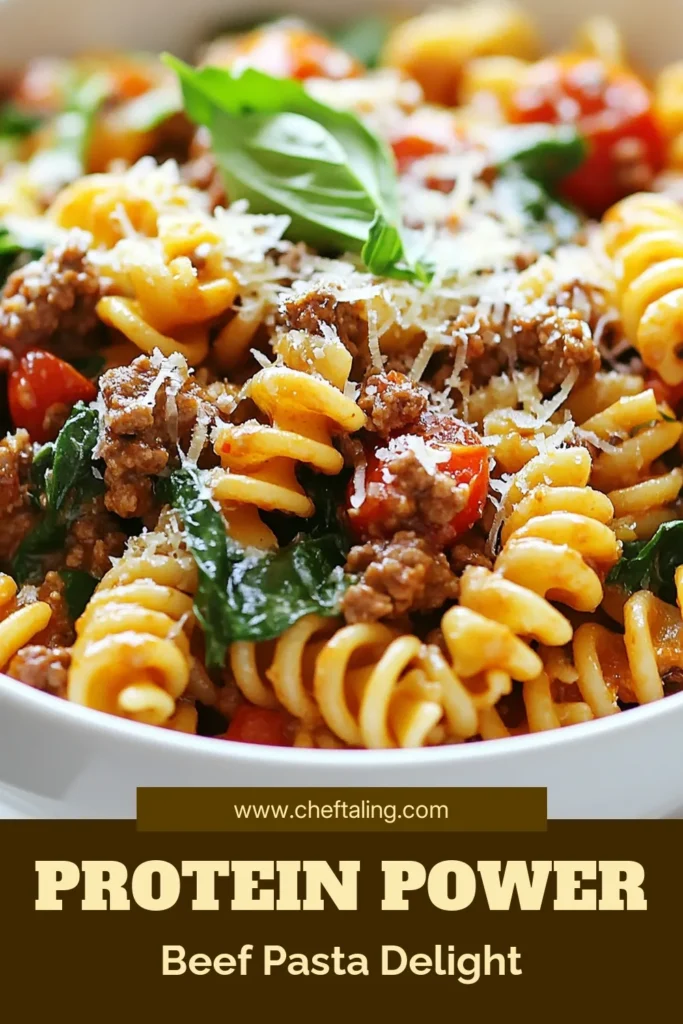 Discover the ultimate high-protein beef pasta that is perfect for a healthy and satisfying meal! This easy protein-packed dinner features lean ground beef and whole grain pasta, combined with diced tomatoes and fresh spinach for added nutrition. Whip up this delicious lean ground beef recipe in just 30 minutes and enjoy pasta with spinach and beef that your family will love. Save this recipe for your next meal! #HighProteinBeefPasta #EasyDinner #LeanGroundBeef #WholeGrainMeals