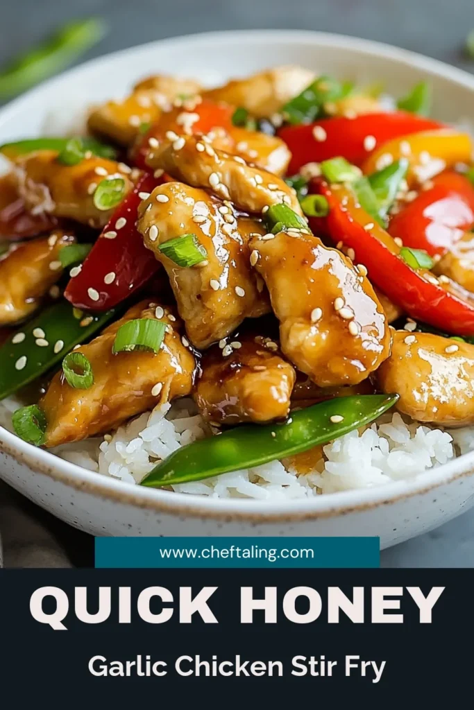 Savor the deliciousness of this Honey Garlic Chicken Stir Fry! This easy honey garlic recipe combines tender chicken, vibrant vegetables, and a mouthwatering sauce for a quick stir fry dinner that's both healthy and satisfying. Perfect for busy nights, this chicken stir fry recipe will be a family favorite. Try it tonight! Save this recipe for your next meal. #HoneyGarlicChicken #ChickenStirFryRecipe #DinnerIdeas #HealthyRecipes