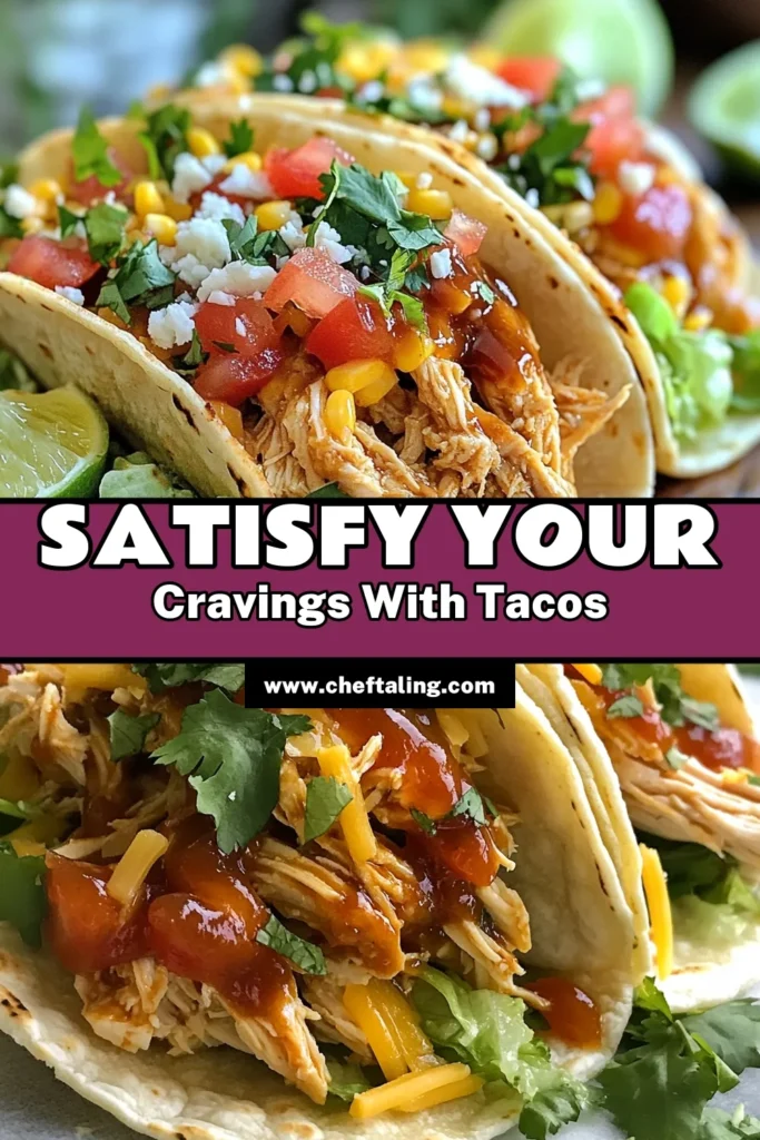 Looking for a delicious and easy chicken taco recipe? Try these Honey BBQ chicken tacos! With tender shredded chicken coated in a smoky BBQ sauce, this recipe brings flavor to your dinner table in just 20 minutes. Perfect for taco night, these honey BBQ sauce tacos will satisfy your cravings. Don’t forget to garnish with fresh cilantro and serve with lime for that extra kick. Save this recipe now! #HoneyBBQChickenTacos #ChickenTacoRecipe #ShreddedChickenTacos #BBQTacos