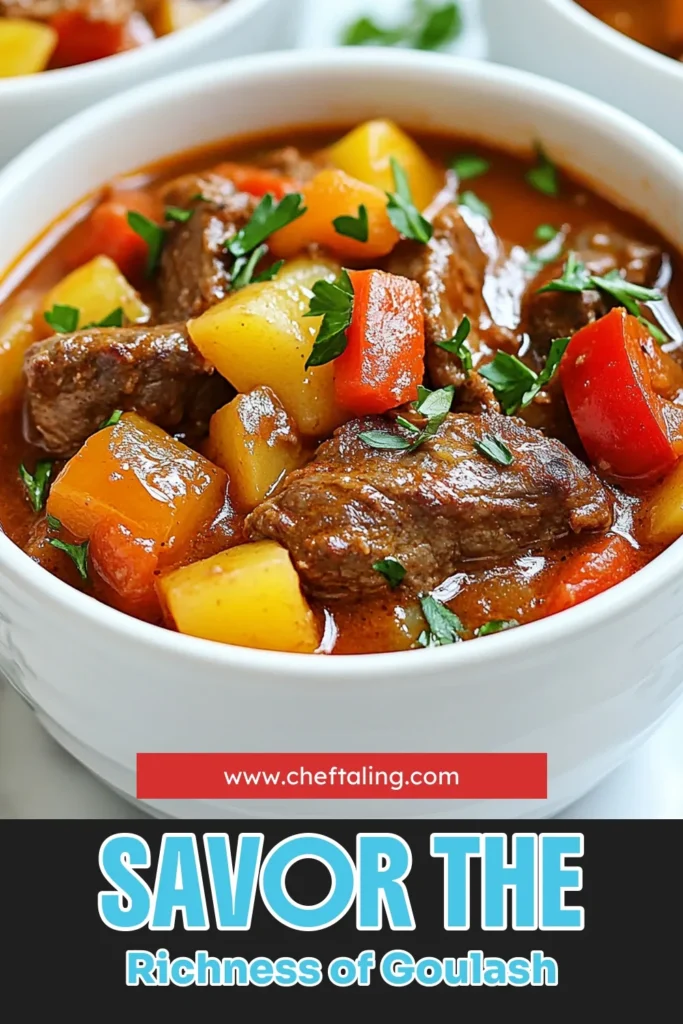 Savor the rich flavors of this authentic Hungarian goulash recipe, a hearty beef stew made with tender beef chuck goulash, vibrant vegetables, and aromatic spices. This easy goulash recipe will warm your soul and impress your guests. Perfect for family gatherings or cozy nights in, it’s a must-try! Discover the joy of cooking Hungarian goulash with this simple, delicious recipe. Save for later! #HungarianGoulash #BeefStew #ComfortFood #RecipeIdeas