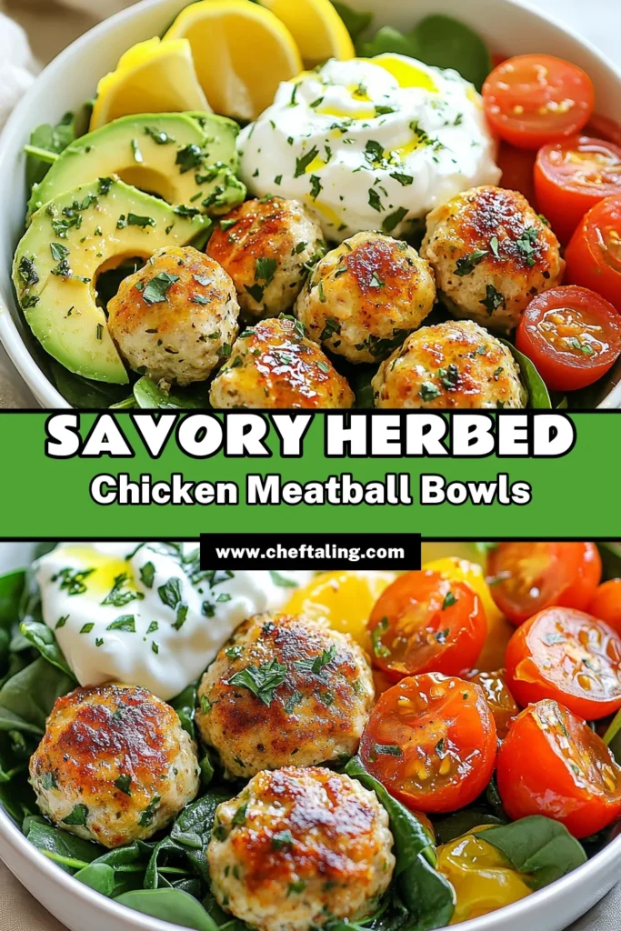 Try this delicious herbed chicken meatball bowls recipe for an easy chicken dinner that’s perfect for healthy meal prep! Enjoy baked chicken meatballs packed with flavor, served over fresh spinach and cherry tomatoes, and topped with creamy avocado and Greek yogurt. This healthy meal prep recipe takes just 40 minutes to make. Save this recipe for your next family dinner! #chickenmeatballbowls #healthyrecipes #mealprep #easymeals