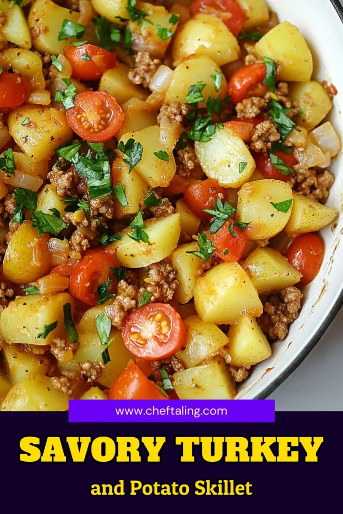 Discover the perfect ground turkey skillet with this easy turkey dinner recipe! This one-pan turkey meal combines tender potatoes, savory spices, and fresh vegetables for a satisfying dish you'll love. In just 40 minutes, you can create a delicious potato skillet recipe that’s great for busy weeknights! Don’t miss out—save this savory skillet recipe now! #GroundTurkeySkillet #EasyTurkeyDinner #OnePanMeal #SavorySkilletRecipes