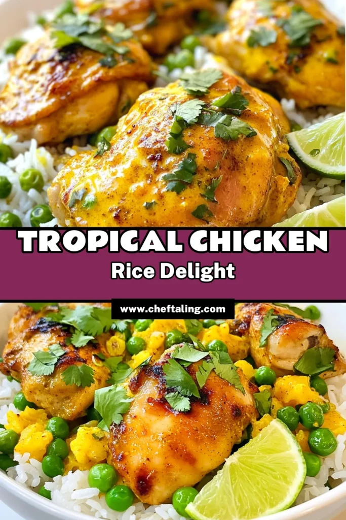 Indulge in this Tropical Coconut Chicken and Rice recipe that combines savory curried coconut chicken with fluffy coconut rice. Perfect for a weeknight dinner, this easy chicken and rice dish features jasmine rice with chicken, vibrant peas, and fresh cilantro. Impress your family with this flavorful meal! Try this Coconut Rice Recipe today and savor a taste of the tropics. Save this recipe for your next dinner idea! #CoconutChicken #CoconutRiceRecipe #EasyDinner #TropicalCuisine
