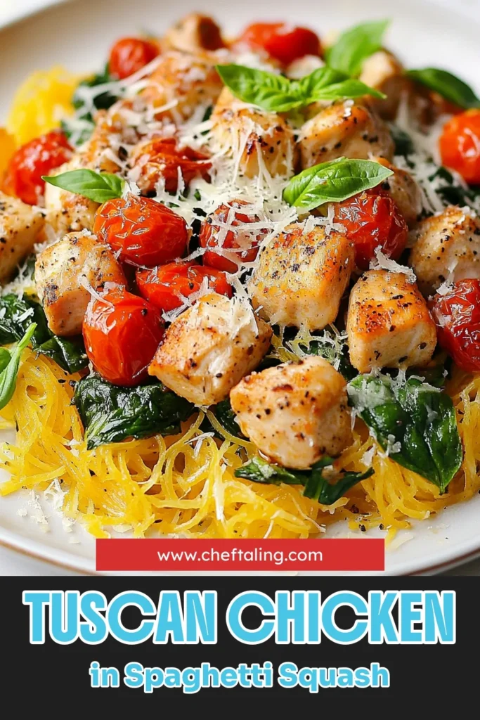Discover the delicious Tuscan chicken spaghetti squash, a healthy spaghetti squash recipe that's perfect for a low-carb chicken dinner. This Italian chicken recipe features roasted spaghetti squash with chicken, cherry tomatoes, and spinach, making it a nutritious and flavorful dish. Ready in just 55 minutes, it's ideal for family meals. Save this recipe for your next dinner! #TuscanChicken #HealthyEating #LowCarbDinner #ItalianRecipes