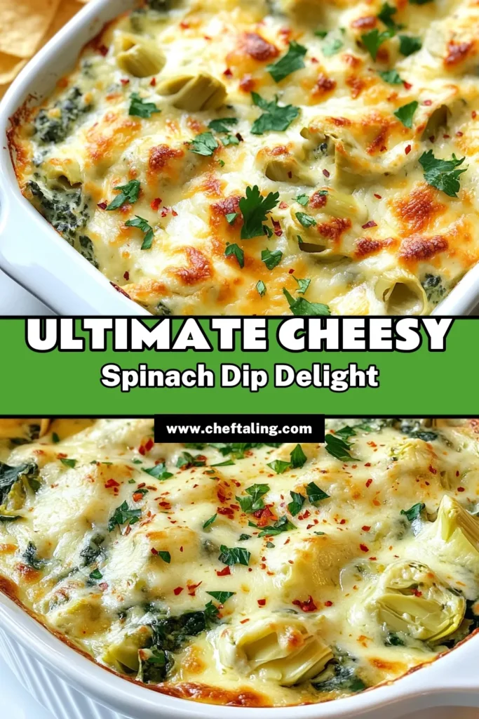 Savor the flavors of this Cheesy Spinach Artichoke Dip, an easy party dip that's perfect for gatherings! This creamy spinach dip recipe combines fresh spinach, artichoke hearts, and a blend of cheeses for a delicious baked artichoke dip that's sure to impress. Quick to prepare, this homemade cheesy dip is ideal for entertaining. Try it today and elevate your snack game. Don't forget to save this recipe! #SpinachArtichokeDip #EasyPartyDip #HomemadeDip #BakedArtichokeDip