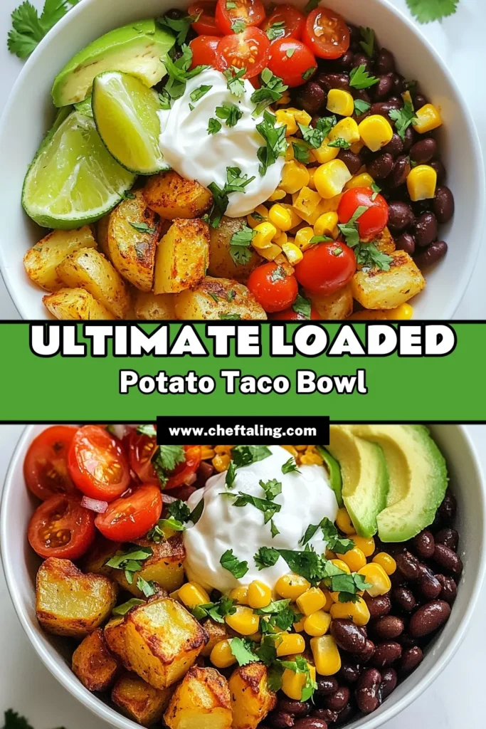 Looking for a tasty and healthy dinner idea? Try this Loaded Potato Taco Bowl! This vegetarian taco bowl recipe features perfectly roasted potatoes topped with black beans, corn, avocado, and cheese. It's an easy taco bowl dinner that's sure to please everyone. Perfect for meal prep or a fun family dinner, this healthy loaded taco recipe is a must-try! Click to save and enjoy! #LoadedPotatoTacoBowl #VegetarianTacoBowl #EasyTacoBowlDinner #HealthyLoadedTacoRecipe