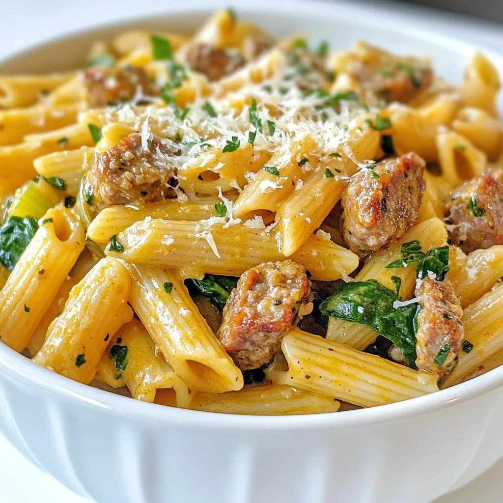 - 8 oz penne or rigatoni pasta - 2 tablespoons olive oil - 1 lb smoked sausage (Andouille or Kielbasa) - 1 onion, diced - 3 cloves garlic, minced - 1 bell pepper, diced - 1 can (14.5 oz) diced tomatoes - 1 cup heavy cream - 1 tablespoon Cajun seasoning - 1 cup spinach leaves - Salt and pepper to taste - Grated Parmesan cheese for serving - Fresh parsley for garnish Gathering your ingredients is the first step to creating this tasty dish. Start by choosing between penne or rigatoni pasta. Both types will work well in this recipe. Next, you need olive oil for cooking. This adds flavor and helps the sausage brown nicely. For the sausage, Andouille or Kielbasa will give you that rich, smoky taste. You’ll also need a diced onion and minced garlic for a base of flavor. The bell pepper adds sweetness and crunch. Don’t forget the can of diced tomatoes, which brings moisture and a nice tang. For that creamy texture, heavy cream is key. The Cajun seasoning gives the dish its signature kick. Spinach adds a pop of color and nutrition. Finally, you’ll want salt and pepper to taste, grated Parmesan cheese for that cheesy finish, and fresh parsley for a lovely garnish. With these ingredients ready, you're on your way to making a delicious meal! {{ingredient_image_1}} - Start by bringing a large pot of salted water to a boil. - Add 8 oz of penne or rigatoni pasta. - Cook according to the package instructions until the pasta is al dente. - Drain the pasta and set it aside for later. - In a large skillet, heat 2 tablespoons of olive oil over medium heat. - Once the oil is hot, add 1 lb of sliced smoked sausage, like Andouille or Kielbasa. - Cook the sausage for 5-7 minutes until it turns brown and crispy. - Next, add 1 diced onion, 1 diced bell pepper, and 3 cloves of minced garlic to the skillet. - Sauté this mix for about 3-4 minutes until the veggies soften. - Stir in 1 can of diced tomatoes with juice and 1 tablespoon of Cajun seasoning. - Let this simmer for about 3-5 minutes so the flavors meld together. To thicken your creamy sauce, let it simmer on low heat. This helps it reduce nicely. If you want it thicker, feel free to add more cream. You can also mix in a bit of cheese for extra richness. Adjust the seasoning to your taste. Start with just a pinch of salt and pepper. You can add more Cajun seasoning to kick up the heat. Taste as you go to find the perfect balance. Cooking pasta al dente means it will have a slight bite. This adds great texture to your dish. To achieve this, follow the package's timing closely. Remember, pasta will continue to cook after you drain it. Add the pasta to the sauce just before it’s fully cooked. This way, it absorbs the yummy sauce and flavors. For sides, garlic bread complements the pasta well. A fresh salad adds a nice crunch. When serving, sprinkle grated Parmesan cheese on top. This adds flavor and creaminess. Fresh parsley gives a pop of color and freshness. It makes your dish look and taste great! Pro Tips Choose Your Sausage Wisely: For the best flavor, opt for a high-quality smoked sausage like Andouille or Kielbasa. These will infuse the dish with a rich, smoky taste. Adjust the Spice Level: Cajun seasoning can vary in heat. Start with a tablespoon and taste before adding more to ensure it suits your spice preference. Use Fresh Ingredients: Fresh spinach and ripe tomatoes will elevate the dish's flavor and texture. Frozen spinach can be used, but fresh will provide a better taste. Don’t Overcook the Pasta: Aim for al dente pasta to ensure it holds its shape and texture when mixed with the sauce. The pasta will continue to cook slightly once combined with the sauce. {{image_2}} You can easily make this dish vegetarian. Just swap the sausage for a plant-based option. Look for products like vegan sausage or even mushrooms. Both add great texture and flavor. Use the same amount, one pound, to keep the balance. You’ll still get a rich, creamy sauce that makes this pasta amazing! Want more heat? Add extra Cajun seasoning or red pepper flakes. Start with a pinch, then taste. You can also add diced jalapeños for a fresh kick. If you prefer it milder, reduce the Cajun seasoning. Use just half a tablespoon. You can always add more later if needed. Feel free to mix up the veggies! You can use zucchini, asparagus, or even broccoli. They all work well in this dish. For the cream, you can use half-and-half or even coconut milk for a dairy-free option. Just keep the amount the same, one cup. These swaps keep the dish fresh and fun! To keep your Creamy Cajun Sausage Pasta fresh, follow these steps: - Let the pasta cool down to room temperature. - Place it in an airtight container. - Store it in the fridge for up to 3 days. This method helps prevent spoilage and keeps your pasta tasty. When you're ready to enjoy leftovers, reheating is key. Here are two good methods: - Stovetop: Place the pasta in a skillet. Add a splash of milk or cream to help it stay creamy. Heat on low, stirring often until warm. - Microwave: Put the pasta in a microwave-safe dish. Cover it with a damp paper towel. Heat in short bursts of 30 seconds, stirring in between, until it's hot. Both methods keep the flavor and texture nice. If you want to freeze your pasta, consider these points: - Use a freezer-safe container or bag. - Leave some space for the pasta to expand as it freezes. - It can last up to 2 months in the freezer. To serve, let it thaw in the fridge overnight. Then, reheat using the stovetop or microwave methods. This way, you can enjoy the dish later without losing taste. Creamy Cajun Sausage Pasta lasts about 3 to 4 days in the fridge. Store it in an airtight container to keep it fresh. Make sure to let it cool before sealing. This way, you prevent extra moisture inside. Always check for any off smells or changes in color before eating leftovers. Yes, you can make this recipe ahead of time. Cook the pasta and sausage mix, then store them separately. This keeps the pasta from getting mushy. When ready to eat, simply heat them together with the sauce. You can also prep the vegetables the day before. This saves time on cooking day. Yes, you can freeze Creamy Cajun Sausage Pasta. However, the cream may separate when thawed. To freeze, let the dish cool completely, then place it in a freezer-safe container. It stays good for about 2 to 3 months. When ready to eat, thaw it overnight in the fridge. Reheat slowly on the stove, stirring well to combine the sauce. This dish is a simple yet tasty meal made with pasta, sausage, and veggies. From choosing the right ingredients to cooking them well, you now have the keys to success. I showed you how to make it creamy and flavorful, and even how to store it for later. Don't hesitate to try the variations to suit your taste. Enjoy your creamy Cajun sausage pasta, and happy cooking!