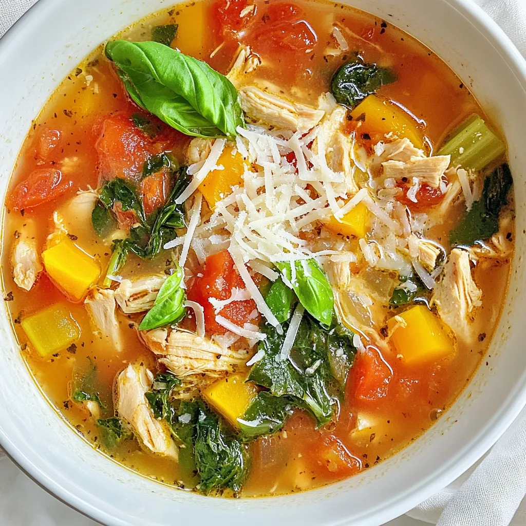 To make Tuscan Chicken Soup, you will need: - 1 lb boneless, skinless chicken breasts, diced - 1 tablespoon olive oil - 1 medium onion, chopped - 2 cloves garlic, minced - 2 medium carrots, diced - 2 celery stalks, diced - 1 can (14 oz) diced tomatoes, with juices - 4 cups chicken broth - 1 can (15 oz) cannellini beans, rinsed and drained - 2 cups fresh spinach, chopped - 1 teaspoon dried oregano - 1 teaspoon dried basil - Salt and pepper to taste - ½ cup grated Parmesan cheese (for serving) - Fresh basil leaves, for garnish If you don't have everything, don't worry! You can swap some items: - Chicken breasts can be replaced with thighs for more flavor. - Use vegetable broth instead of chicken broth for a lighter soup. - Spinach can be swapped with kale or Swiss chard. - If you lack cannellini beans, use any white bean like navy beans. - Try fresh herbs if you have them, and use one tablespoon of each instead. Using fresh ingredients makes a big difference in taste. Fresh chicken and vegetables bring vibrant flavors. However, canned ingredients can save time and add convenience. For example: - Canned tomatoes add sweetness and acidity without extra work. - Canned beans are quick to use and provide protein. - Fresh spinach wilts down nicely, but you can use frozen if needed. Choose fresh when you can, but don't shy away from canned options. Both work well in this comforting soup! {{ingredient_image_1}} Start by heating one tablespoon of olive oil in a large pot over medium heat. Once the oil is hot, add one pound of diced chicken. Cook the chicken for about five to seven minutes. You want it to be browned. After cooking, remove the chicken from the pot and set it aside on a plate. In the same pot, add one chopped onion, two minced garlic cloves, two diced carrots, and two diced celery stalks. Sauté these vegetables for around five minutes. You want them to soften and smell great. Stir them often to avoid burning. Next, stir in one can of diced tomatoes with juices and four cups of chicken broth. Add the cooked chicken back into the pot. Bring this mixture to a simmer. Then, add one can of rinsed and drained cannellini beans, two cups of chopped fresh spinach, one teaspoon of dried oregano, one teaspoon of dried basil, and some salt and pepper to taste. Let it all simmer for another ten to fifteen minutes. This allows the flavors to blend into a warm, tasty soup. Don’t forget to taste it and adjust the seasonings if you want. Serve hot with grated Parmesan cheese and fresh basil leaves on top. To boost flavors in Tuscan chicken soup, start with fresh herbs. Use basil and oregano for a bright taste. Fresh garlic adds a punch, while sautéing onions creates sweetness. You can also add a splash of lemon juice for some zing. If you like heat, toss in red pepper flakes. These small tweaks can change the soup from good to great! One common mistake is overcooking the chicken. Cook it just until browned and tender. If you add spinach too early, it can lose its vibrant color. Also, don't skip tasting your soup. Adjust salt and pepper to fit your taste. Lastly, be careful with the broth. Use low-sodium broth, so you can control the saltiness. Serve your soup hot, topped with grated Parmesan cheese. This adds richness and flavor. Fresh basil leaves make a nice garnish and look pretty. Pair the soup with crusty bread for dipping. A simple side salad adds freshness and crunch. For a complete meal, enjoy it with a glass of white wine. Pro Tips Use Fresh Ingredients: Whenever possible, opt for fresh vegetables and herbs to enhance the flavor and nutritional value of your soup. Adjust the Consistency: If you prefer a thicker soup, you can blend a portion of the soup and stir it back in for a creamier texture. Make It Ahead: This soup can be made in advance and stored in the refrigerator for up to 3 days. It often tastes even better the next day! Experiment with Proteins: Feel free to substitute chicken with turkey, or even add sausage for a different flavor profile. {{image_2}} You can easily make a tasty vegetarian version of Tuscan chicken soup. Start by using vegetable broth instead of chicken broth. For protein, add chickpeas or lentils. Keep the diced tomatoes and vegetables like carrots and celery. You can also use kale or Swiss chard for a nice green touch. This soup remains hearty and full of flavor without meat. If you love heat, try adding some spice to your Tuscan chicken soup. Just include red pepper flakes or diced jalapeños when sautéing the onion and garlic. You can also add some hot Italian sausage for a kick. Adjust the amount to fit your taste. This variation warms you up and adds a new layer of flavor. Making this soup gluten-free is simple. Just check your broth and canned ingredients to ensure they are gluten-free. Ditch any pasta you might add, as traditional pasta contains gluten. Instead, consider using rice or quinoa for texture. This way, you can enjoy a comforting bowl of Tuscan chicken soup without worry. After you enjoy your Tuscan chicken soup, store any leftovers in an airtight container. Make sure the soup cools down first. Place it in the fridge, where it will stay fresh for up to three days. If you want to keep it longer, freezing is a great option. To freeze your soup, follow these steps. First, let the soup cool completely. Then, pour it into freezer-safe containers or bags. Leave some space at the top for the soup to expand. Label each container with the date. You can freeze it for up to three months. When you are ready to eat your frozen soup, thaw it in the fridge overnight. Then, reheat it on the stove over medium heat. Stir it often to warm it evenly. You can also use a microwave. Heat it in short bursts, stirring in between, until it is hot. Add fresh herbs or cheese to boost the flavor before serving. Tuscan Chicken Soup is a warm and hearty dish. It features chicken, beans, and vegetables. The broth is rich and flavorful. You get hints of oregano and basil in every bite. This soup warms me up on cold days. It’s like a hug in a bowl. Yes, you can make this soup in a slow cooker. Start by cooking the chicken and veggies on the stove. Then, transfer everything to the slow cooker. Add your broth, tomatoes, and beans. Cook on low for 6-8 hours. You will enjoy the same great flavors. To make the soup creamier, add some heavy cream or half-and-half. Stir it in just before serving. You can also blend a small portion of the soup and return it to the pot. This adds a nice, thick texture. Serve this soup with crusty bread or garlic bread. A fresh salad complements it well too. You can also pair it with a light pasta dish. Don’t forget to sprinkle extra Parmesan on top for added flavor. In this post, I covered key ingredients, step-by-step cooking, and helpful tips for Tuscan Chicken Soup. I shared tasty variations and storage info to keep your meal fresh. Remember to choose fresh ingredients for the best flavor. Avoid common mistakes to enhance your dish. This soup is versatile and easy to make. Whether you prefer vegetarian or spicy options, there’s something for everyone. Enjoy your cooking adventure with Tuscan Chicken Soup and satisfy your taste buds!