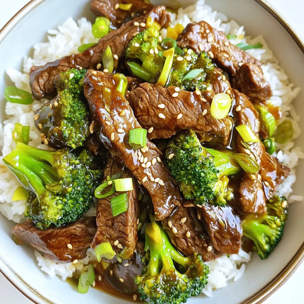For this tasty dish, gather these ingredients: - 1 lb beef flank steak, thinly sliced against the grain - 2 cups broccoli florets - 2 tablespoons vegetable oil - 1 tablespoon sesame oil - 3 cloves garlic, minced - 1 inch ginger, grated - ¼ cup low-sodium soy sauce - 2 tablespoons oyster sauce - 1 tablespoon cornstarch, mixed with 2 tablespoons water (slurry) - 1 tablespoon rice vinegar - 1 tablespoon sugar (optional, to taste) - Cooked jasmine rice, for serving These ingredients create a perfect mix of flavors. The beef adds richness, while the broccoli brings freshness. When choosing beef, look for flank steak that is bright red and has good marbling. The marbling shows tenderness. Ask your butcher for advice if you need help. For broccoli, pick florets that are bright green and firm. Avoid yellowing or wilting. Fresh broccoli adds a nice crunch and flavor to your dish. You can add or swap ingredients based on your taste. Here are some ideas: - Bell peppers for color and sweetness - Carrots for crunch and sweetness - Cashews for a nutty twist - Sriracha for heat - Green onions for garnish and flavor Feel free to mix and match these options. Cooking should be fun and reflect your taste! {{ingredient_image_1}} Start with 1 pound of beef flank steak. Slice it thinly against the grain. This helps keep the meat tender. You can use a sharp knife for clean cuts. If you have time, marinate the beef. Mix ¼ cup of low-sodium soy sauce, 1 tablespoon of rice vinegar, and 1 tablespoon of sugar in a bowl. Add the beef and let it soak for at least 15 minutes. This adds flavor and makes the beef juicy. Heat 2 tablespoons of vegetable oil in a large skillet or wok over medium-high heat. Wait until the oil shimmers before adding the beef. Place the beef in a single layer. Avoid crowding the pan; cook in batches if needed. Brown the beef for about 2-3 minutes. You want a nice, golden color. Once browned, remove the beef and set it aside. This step is key for great texture. In the same skillet, add 2 cups of broccoli florets. Stir-fry for about 3-4 minutes. The broccoli should turn bright green and be just tender. Next, add 3 cloves of minced garlic and 1 inch of grated ginger. Stir-fry for another minute. This adds a wonderful aroma to your dish. Return the beef to the skillet with the broccoli. Pour in the sauce mixture and stir well. Add the cornstarch slurry to thicken the sauce. Cook for 1-2 minutes until the sauce clings to the beef and broccoli. Drizzle 1 tablespoon of sesame oil over the top and toss everything together. Your dish is ready to serve! To make a great stir-fry, use a hot pan. This helps cook the beef fast and keeps it tender. Always slice the beef thinly against the grain. This method makes the meat easier to chew. Cook in small batches to avoid steaming the beef. Let it brown nicely before removing it. For the broccoli, stir-fry until bright green. This keeps it crisp and flavorful. One mistake is overcrowding the pan. This leads to steaming instead of frying. Another error is not using enough oil. A good amount of oil helps to prevent sticking. Also, don’t skip the garlic and ginger. They add great flavor, so add them right after the broccoli. Lastly, be careful with the cornstarch slurry. Stir it in slowly to avoid clumps. To boost flavors, use fresh ingredients. Fresh garlic and ginger give a punch. You can also try adding chili flakes for heat. If you like sweetness, adjust the sugar to your taste. For a nutty flavor, drizzle extra sesame oil before serving. You can also garnish with sesame seeds and green onions for added crunch and color. This makes each bite exciting. Pro Tips Slice Against the Grain: Cutting the beef flank steak against the grain ensures tenderness, making each bite more enjoyable. Blanch the Broccoli: For a brighter green color and a more tender texture, blanch the broccoli in boiling water for 1-2 minutes before stir-frying. Use a Hot Pan: Ensure your skillet or wok is hot enough before adding the beef. This helps to sear the meat quickly, locking in juices and flavor. Customize Your Sauce: Adjust the sweetness or saltiness of the sauce by modifying the sugar and soy sauce levels to suit your personal taste. {{image_2}} You can switch up the veggies in your beef and broccoli dish. Here are some tasty options: - Snap peas - Bell peppers - Baby corn - Carrots - Mushrooms These veggies add color and crunch. They also give extra flavors. Feel free to mix and match! If you want variety, try different proteins. Chicken works well and cooks quickly. Tofu is great for a vegetarian option. It absorbs flavors well. Shrimp is another tasty choice. It cooks fast and adds a sweet touch. Each protein changes the dish's taste. To spice things up, add chili flakes or sriracha. This gives a nice kick. For a milder option, use low-sodium soy sauce. You can still enjoy the salty taste without too much sodium. Adjust the sauces to match your taste. This allows you to create a dish just for you! To keep your Beef and Broccoli fresh, store it in an airtight container. This helps prevent moisture loss and keeps the flavors locked in. Let the dish cool to room temperature before sealing it up. If you plan to eat it within a few days, pop it in the fridge. If longer, consider freezing it. When you're ready to enjoy your leftovers, reheating is key. Use a skillet or wok over medium heat. Add a splash of water or broth to help steam the dish. Stir gently until heated through. This way, the beef stays tender, and the broccoli remains vibrant. Avoid using the microwave if possible; it can make the beef tough and the broccoli mushy. In the fridge, Beef and Broccoli stays good for about 3 to 4 days. If you freeze it, it can last up to 3 months. Just make sure to label your containers with the date. This helps keep track of freshness. Always check for any off smells or changes in color before eating leftovers. Yes, you can make Chinese Beef and Broccoli ahead of time. Prepare the dish, cool it, and store it in the fridge. It stays fresh for up to three days. When you’re ready to eat, just reheat it in a skillet over medium heat. This will keep the flavors intact. Serve Chinese Beef and Broccoli with cooked jasmine rice. The rice soaks up the tasty sauce. You can also add some spring rolls or dumplings for extra flavor. A side of steamed vegetables works well too. Chinese Beef and Broccoli can be a healthy option. It has lean beef and lots of vegetables. You can control the amount of oil and salt used. Adding more broccoli increases fiber and vitamins. Just watch the portion size to keep it balanced. To make Chinese Beef and Broccoli gluten-free, use tamari instead of soy sauce. Tamari has a similar taste but is gluten-free. Check the oyster sauce for gluten-free options as well. Always read the labels to ensure your ingredients fit your diet. Yes, you can use frozen broccoli. Just make sure to thaw and drain it before cooking. Frozen broccoli cooks faster than fresh, so adjust your cooking time. It’s a great time-saver and still tastes delicious in the dish. We covered everything you need for delicious Chinese Beef and Broccoli. You learned about the best ingredients, how to prepare them, and cooking tips. I shared easy ways to switch ingredients and keep leftovers fresh. Remember, practice makes perfect in the kitchen. With these steps and tricks, you’ll create tasty meals that wow everyone. Enjoy your cooking journey!