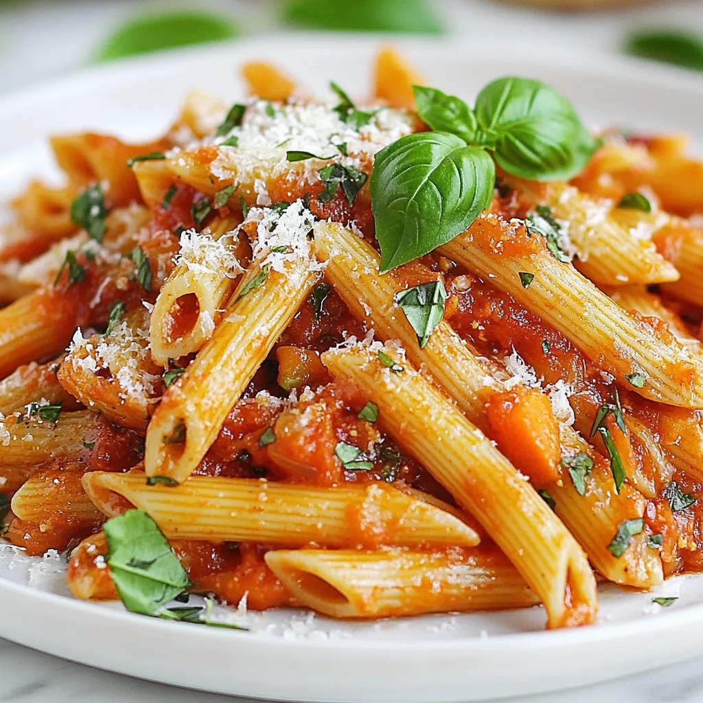 To make Penne Napoli Red Sauce, you need these key ingredients: - 250g penne pasta - 2 tablespoons olive oil - 1 medium yellow onion, finely chopped - 2 cloves garlic, minced - 1 carrot, grated - 1 celery stalk, finely chopped - 400g canned crushed tomatoes - 1 tablespoon tomato paste - 1 teaspoon dried oregano - 1 teaspoon sugar - Salt and pepper to taste - Fresh basil leaves, for garnish - Grated Parmesan or vegan cheese, for serving (optional) You can add a few extras to make your dish shine: - Red pepper flakes for heat - A drizzle of balsamic vinegar for tang - Fresh parsley for a pop of color If you don’t have an ingredient, here are some great swaps: - Use whole wheat penne for a healthier option. - Swap olive oil with avocado oil if needed. - Replace yellow onion with shallots for a milder flavor. - Use dried basil instead of fresh if you’re out. - For a vegan twist, skip the cheese or use nutritional yeast. These substitutions still keep the dish tasty and satisfying. {{ingredient_image_1}} To start, you need to cook the penne. First, grab a large pot. Fill it with water and add a pinch of salt. Bring the water to a boil over high heat. Once boiling, carefully add 250g of penne pasta. Cook it according to the package instructions. Aim for al dente, which means it should be firm to the bite. This usually takes about 10-12 minutes. After cooking, drain the pasta in a colander. Remember to save a cup of the pasta water for later. Set the pasta aside. Now, let’s sauté the vegetables. Take a large skillet and heat 2 tablespoons of olive oil over medium heat. Once hot, add a finely chopped medium yellow onion. Stir it for about 2 minutes until it starts to soften. Next, add 2 minced garlic cloves, 1 grated carrot, and 1 finely chopped celery stalk. Cook these veggies together for about 5-7 minutes. You want them soft and translucent. This step builds great flavor for your sauce. For the red sauce, it’s time to add the tomatoes. Stir in 400g of canned crushed tomatoes and 1 tablespoon of tomato paste into the skillet. Mix everything well to combine. Now, add 1 teaspoon of dried oregano, 1 teaspoon of sugar, and salt and pepper to taste. Bring the sauce to a gentle simmer. Let it cook for about 15 minutes, stirring occasionally. This allows the sauce to thicken nicely. If it gets too thick, add a few tablespoons of the reserved pasta water. Finally, add the drained penne to the sauce. Toss it gently to coat the pasta well. Now, you’re ready to serve your Penne Napoli! To get the best pasta, always use a big pot. Fill it with water and add salt. This helps the pasta taste great. Cook the penne until it is al dente. This means it should still have a slight bite. Remember to reserve some pasta water. You may need it later to adjust the sauce’s thickness. To boost the sauce's flavor, start with good olive oil. Use fresh garlic and onion. Sauté these until they are soft. Add the grated carrot and celery for sweetness. The canned crushed tomatoes bring the sauce together. Don't forget the dried oregano and a pinch of sugar. This balances the acidity of the tomatoes. Taste the sauce and adjust salt and pepper as needed. Let it simmer for 15 minutes to deepen the flavors. When serving, use a big bowl or plate. Top the penne with fresh basil leaves. This adds a nice pop of color and flavor. If you like cheese, sprinkle some grated Parmesan or vegan cheese on top. For a fun twist, serve with garlic bread on the side. Enjoy your meal with family or friends! Pro Tips Perfect Pasta Cooking: Always cook your pasta in a large pot of boiling salted water to ensure even cooking and to prevent it from becoming too sticky. Rich Flavor Boost: For an extra depth of flavor, consider adding a splash of red wine to the sauce while it simmers. Fresh Herbs Matter: Use fresh basil instead of dried for a more aromatic and vibrant flavor in your dish. Cheese Secrets: If you're using Parmesan, try grating it fresh right before serving for the best flavor and texture. {{image_2}} You can make Penne Napoli vegetarian or vegan easily. Just skip the cheese. Use a plant-based cheese for a vegan twist. The sauce already has lots of flavor from the veggies and tomatoes. You will not miss the meat at all. For added richness, try adding a splash of coconut cream. It gives a nice touch without changing the taste. If you need gluten-free options, look for gluten-free penne. Many brands make it from rice, corn, or quinoa. These options taste great and work well in the sauce. Cook them just like regular penne. Always check the package for cooking times. Want to add protein? Chicken and sausage are great choices. Cook them in the skillet before adding the veggies. This way, they soak up all the flavors. For a plant-based option, use tofu. Press it to remove extra moisture, then cube it. Sauté it with the veggies for a tasty addition. Each option adds a new layer of flavor to your dish. To keep your Penne Napoli fresh, let it cool first. Then, place it in an airtight container. Store it in the fridge for up to three days. If you want to keep it longer, freezing is a great option. When you're ready to eat, take out the Penne Napoli. You can reheat it in a skillet over medium heat. Add a splash of water or olive oil to help it warm up. Stir often to keep it from sticking. You can also use a microwave. Heat it in a bowl for about 1-2 minutes, stirring halfway through. To freeze Penne Napoli, follow these steps. First, let it cool completely. Then, pack it in a freezer-safe container. You can also use freezer bags. Make sure to remove as much air as possible. It will be good for up to three months. When you want to use it, thaw it in the fridge overnight before reheating. Making Penne Napoli Red Sauce takes about 35 minutes. This includes 10 minutes for prep and 25 minutes for cooking. You can enjoy a warm meal in no time! Yes, you can use fresh tomatoes! You will need about 800g of fresh tomatoes. Peel and chop them. Cook them down until they break apart, which can take a bit longer. The flavor will be bright and fresh. I recommend grated Parmesan for a great taste. If you prefer a vegan option, use a vegan cheese that melts well. Both options add a lovely creaminess to your dish. In this post, we covered how to make a tasty Penne Napoli Red Sauce. We explored the ingredients needed, including substitutes and serving options. I shared step-by-step instructions for cooking the pasta and making the sauce. Tips for perfecting texture and flavor made the recipe even better. We also discussed variations, storage, and common questions. Remember, cooking is about fun and trying new things. Enjoy your delicious meal!