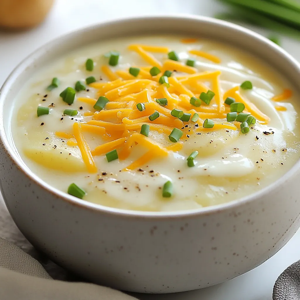 - 4 large russet potatoes, peeled and diced - 1 medium onion, chopped - 2 cloves garlic, minced - 4 cups vegetable broth - 1 cup heavy cream - 2 tablespoons butter - 1 teaspoon thyme (fresh or dried) - Salt and pepper to taste - 1 cup shredded sharp cheddar cheese - ¼ cup chopped fresh chives (for garnish) When you choose potatoes, go for russets. They are starchy and creamy. You need four large ones. For the onion, use a medium-sized one, finely chopped. Garlic adds flavor; two cloves will do. For broth, four cups of vegetable broth give a rich base. Heavy cream adds that creamy texture, so one cup is perfect. Butter adds flavor; two tablespoons will help sauté the onions. Thyme brings a nice aroma; one teaspoon is enough. Salt and pepper should be adjusted to your taste. Lastly, for that cheesy goodness, one cup of shredded sharp cheddar is key, topped with a quarter cup of fresh chives for garnish. This recipe contains dairy. The heavy cream and cheddar cheese may not suit those with lactose intolerance. Always check for allergies before serving. If you have nut allergies, this recipe is safe. There are no nuts included. {{ingredient_image_1}} Start by gathering all your ingredients. You will need: - 4 large russet potatoes, peeled and diced - 1 medium onion, chopped - 2 cloves garlic, minced - 4 cups vegetable broth - 1 cup heavy cream - 2 tablespoons butter - 1 teaspoon thyme (fresh or dried) - Salt and pepper to taste - 1 cup shredded sharp cheddar cheese - ¼ cup chopped fresh chives (for garnish) Peeling and dicing the potatoes is key. Take your time to ensure even pieces. This helps the potatoes cook at the same rate. Chop the onion and mince the garlic too. Fresh ingredients make a big difference in flavor. In a large pot, melt the butter over medium heat. Once the butter is hot, add the chopped onion. Sauté it for about 5 minutes. You want the onion to be soft and translucent. Next, add the minced garlic and thyme. Cook for another 1-2 minutes. You’ll smell that lovely aroma! Now, stir in the diced potatoes. Pour in the vegetable broth next. Bring the mixture to a boil. Then, reduce the heat and let it simmer. Cook for 15-20 minutes until the potatoes are tender. Once the potatoes are soft, it’s time to blend the soup. You can use an immersion blender for this step. Blend it to your desired smoothness. If you don’t have one, carefully transfer the soup in batches to a regular blender. After blending, return the soup to the pot. Stir in the heavy cream and let it heat through on low heat for 5-10 minutes. This step adds creaminess and richness. Mix in the shredded cheddar cheese until it melts completely. Season with salt and pepper to taste. Finally, serve the soup hot. Top it with fresh chives for a nice touch. Enjoy your delicious creation! To get the best creamy potato soup, follow these tips: - Use starchy potatoes like russets. They make the soup thick and smooth. - Blend the soup well. An immersion blender works great for this. It gives a nice, even texture. - Add heavy cream slowly. This keeps the soup rich without making it too watery. - Simmer the soup gently after blending. This helps the flavors meld and keeps it creamy. Want to boost the flavor? Try these ideas: - Add herbs like rosemary or parsley. They give a fresh taste. - Include spices like paprika for a little heat. Just a pinch will do! - Stir in some sautéed leeks or celery for added depth. They add a nice crunch. - A splash of lemon juice brightens the whole dish. It makes the flavors pop! Here are some pitfalls to watch out for: - Don't rush the cooking time. Undercooked potatoes will ruin the texture. - Avoid using too much broth. Too much liquid can make the soup thin and watery. - Forgetting to season properly can dull the flavors. Always taste and adjust. - Blending too long can make the soup gummy. Blend just until smooth for the best result. Pro Tips Choose the Right Potatoes: Russet potatoes are ideal for creamy soups due to their high starch content, which helps achieve that velvety texture. Don’t Skip the Sauté: Sautéing the onions and garlic in butter enhances their flavors, creating a more aromatic base for your soup. Adjust Consistency: If you prefer a thicker soup, blend only half of the potatoes and leave the rest chunky for added texture. Garnish for Flavor: Fresh chives not only add color but also a mild onion flavor that complements the richness of the soup perfectly. {{image_2}} You can make this soup creamy without dairy. Use full-fat coconut milk instead of heavy cream. It gives a rich flavor that pairs well with the potatoes. You can also try almond milk or oat milk for a lighter option. Just make sure to balance the flavors with a bit of lemon juice or vinegar for a nice zing. Want to make the soup heartier? Add protein or veggies! Cooked bacon or ham makes a tasty addition. You can also stir in cooked chicken or turkey for extra protein. For veggies, try adding carrots or celery. They add color and nutrition. Just chop them small and add them in early when you sauté the onions. Cheese can change the soup's flavor. If you want a twist, try gouda or Monterey Jack. These cheeses melt well and add a nice, creamy taste. For a sharper flavor, use blue cheese or feta. Always mix the cheese in when the soup is off the heat. This keeps it creamy and prevents clumping. To store the creamy potato soup, let it cool to room temp. Pour it into an airtight container. You can keep it in the fridge for up to three days. Make sure to cover it tightly. This helps keep the flavors fresh. When you want to eat the soup again, take it out of the fridge. Pour the soup into a pot. Heat it on medium-low heat. Stir it often to avoid sticking. If the soup is too thick, add a splash of broth or cream. Heat until it’s warm all the way through. If you want to keep the soup longer, you can freeze it. Use a freezer-safe container or bag. Leave some space at the top, as soup expands when frozen. The soup can last for about three months in the freezer. To thaw, place it in the fridge overnight. Then, reheat it as mentioned above. To thicken your potato soup, you have a few options. First, you can mash some of the cooked potatoes in the pot. This adds body and keeps it creamy. Second, you can mix in a slurry made of cornstarch and water. Just stir it in and let it cook for a few minutes. Lastly, you can add more heavy cream for a richer texture. Each method gives you a thick, hearty soup. Yes, you can use different potatoes. While russet potatoes are great for this soup, Yukon Golds work well too. They have a creamy texture that blends nicely. Red potatoes can also be used, but they are waxy. This means they may not get as soft. Whichever potato you choose, the soup will still taste great. Creamy potato soup pairs well with many sides. A simple green salad adds freshness. You can also serve it with crusty bread for dipping. Grilled cheese sandwiches are a classic choice too. For a heartier meal, add cooked bacon bits or croutons on top. These options make your meal more satisfying and fun. In this blog post, we covered the key steps for making creamy potato soup. We discussed the ingredients, preparation, cooking methods, and storage tips. You learned how to create a delicious dish that suits your taste. My final thought is simple: this soup is easy and fun to make. With a few tips and variations, you can enjoy a new favorite meal. Don't hesitate to experiment and find what you love!
