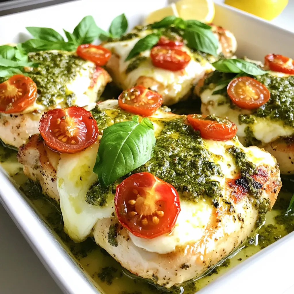 - 4 boneless, skinless chicken breasts - ½ cup fresh basil pesto - 1 cup cherry tomatoes, halved - 1 cup mozzarella cheese, shredded - 2 tablespoons olive oil - 1 teaspoon garlic powder - 1 teaspoon onion powder - Salt and pepper to taste - Fresh basil leaves for garnish (optional) - Lemon wedges for serving (optional) Gathering the right ingredients is key to this dish. You want fresh basil pesto for that rich flavor. The cherry tomatoes add a nice burst of sweetness. Mozzarella cheese melts beautifully, adding creaminess to the chicken. When it comes to seasoning, olive oil helps keep the chicken moist. Garlic and onion powder give depth to the flavor. Don’t forget salt and pepper—they enhance all the tastes. If you want, fresh basil leaves can brighten up your plate. Lemon wedges can add a zesty kick when you serve the meal. Make sure to measure everything before you start cooking. This makes the process smooth and fun. You can also prep some extra ingredients, like veggies, if you want to mix things up. {{ingredient_image_1}} - Preheat the oven to 400°F (200°C). - Pat dry the chicken breasts and place them in a baking dish. First, you need to preheat your oven. Set it to 400°F (200°C). This step helps cook the chicken evenly. While the oven heats, take your chicken breasts. Use paper towels to pat them dry. This helps the seasonings stick better. Then, lay the chicken in a baking dish. Ensure they fit nicely without crowding. - Drizzle with olive oil. - Sprinkle garlic powder, onion powder, salt, and pepper. Next, drizzle olive oil over the chicken. This adds flavor and helps keep the meat moist. Now, sprinkle garlic powder and onion powder on both sides. Don’t forget to add salt and pepper. These spices boost the taste. Rub the seasonings in gently to coat the chicken well. - Spread basil pesto on chicken breasts. - Scatter halved cherry tomatoes around chicken. - Top with shredded mozzarella cheese. Now it’s time for the star ingredient: pesto! Spread the basil pesto generously on each chicken breast. Make sure they are well coated for maximum flavor. Next, take your halved cherry tomatoes and scatter them around the chicken. They add a bright taste and pop of color. Finally, sprinkle shredded mozzarella cheese on top. This will melt into gooey goodness while baking. - Bake for 20-25 minutes until cooked through. - Optional: Broil for 2-3 minutes for crispy cheese. - Let rest, garnish, and serve. Put the baking dish in the preheated oven. Bake for 20-25 minutes. Check that the chicken reaches 165°F (75°C) inside. If you want crispy cheese, switch to broil for 2-3 minutes at the end. Watch it closely to stop burning. When done, take it out and let it rest for a few minutes. Garnish with fresh basil leaves if you like. Serve with lemon wedges for a zesty touch. To get juicy chicken, start by patting the chicken dry with paper towels. Removing moisture helps the chicken brown better. The right internal temperature is key. Cook the chicken until it reaches 165°F (75°C). This ensures it stays moist and safe to eat. You can use different types of pesto to change the flavor. Try sun-dried tomato, arugula, or spinach pestos. To enhance the flavor, add spices like red pepper flakes or fresh herbs like thyme or oregano. These simple changes can make your dish unique and exciting. Different cheeses can add a new twist to your dish. You can swap mozzarella for provolone, gouda, or even feta. For the best melt, shred the cheese finely. This helps it melt evenly and create a lovely, gooey topping. Pro Tips Brine for Juiciness: Consider brining your chicken breasts for 30 minutes before cooking. This will help them retain moisture and enhance flavor. Use Fresh Ingredients: Opt for fresh basil pesto and ripe cherry tomatoes to elevate the flavors of your dish. Fresh ingredients make a significant difference in taste. Check for Doneness: Always use a meat thermometer to ensure your chicken is cooked through. The internal temperature should reach 165°F (75°C) for safe consumption. Experiment with Cheeses: Feel free to mix different cheeses like parmesan or gouda with the mozzarella for a unique flavor profile and added creaminess. {{image_2}} You can boost this dish by adding vegetables. Bell peppers and zucchini work great. Chop them into bite-sized pieces. Add them to the baking dish with the chicken. This will give more color and flavor. If you add extra veggies, adjust your cooking time. Bake for an extra 5-10 minutes to ensure everything cooks well. You can switch the chicken for other meats. Turkey or pork can be tasty choices. For turkey, use similar cooking times as chicken. For pork, ensure you check the internal temperature. Pork should reach at least 145°F (63°C). This way, you keep the meat juicy and safe to eat. To make this dish keto-friendly, swap out some ingredients. Use a low-carb pesto instead of regular. You can also skip cheese or use a low-carb cheese option. Pair it with a side salad for a great meal. Roasted broccoli or cauliflower also fits well. These sides keep your meal low in carbs and full of flavor. To store leftovers, let the chicken cool first. Place it in an airtight container. This helps keep it fresh and safe. You can store it in the fridge for up to three days. After that, it may lose flavor and texture. You can freeze cooked chicken portions if you want to save some for later. Cut the chicken into pieces and place them in freezer bags. Remove as much air as you can before sealing. This helps avoid freezer burn. When you’re ready to eat, thaw the chicken in the fridge overnight. Reheat baked chicken in the oven for the best results. Set the oven to 350°F (175°C). Place the chicken in a baking dish and cover it with foil. This keeps moisture in and prevents drying out. You can also use a microwave, but it may make the chicken less juicy. If you use the microwave, heat it in short bursts and check often. Bake chicken breasts at 400°F for 20-25 minutes. This time works well for even cooking. Always check for doneness. Chicken should reach an internal temperature of 165°F. Thin breasts may cook faster, while thicker ones may take longer. Use a meat thermometer for best results. Yes, you can use store-bought pesto. It saves time and adds great flavor. Look for brands with fresh ingredients. Check the label for added preservatives. Homemade pesto is great too, but store-bought can be just as tasty. Use what works best for you. Pesto baked chicken pairs well with many sides. Here are a few ideas: - Garlic bread - Steamed broccoli - Roasted vegetables - Quinoa salad - Mashed potatoes Choose sides that balance the rich flavors of the chicken. Chicken is fully cooked when it reaches 165°F internally. A meat thermometer is the best tool for this. Look for clear juices when you cut into it. The meat should not be pink. These signs show that your chicken is safe to eat. This recipe details how to bake chicken with pesto, tomatoes, and cheese. You learned the key ingredients and steps for tasty results. Remember to adjust cooking times for added veggies or different meats. Proper storage and reheating will keep leftovers fresh. With these tips in mind, you can create variations that suit your taste. Enjoy experimenting with flavors and make this dish your own!