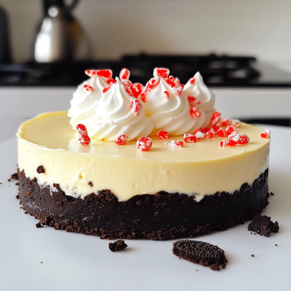 - 24 Oreo cookies, crushed - ½ cup unsalted butter, melted - 16 oz cream cheese, softened - 1 cup powdered sugar - 1 teaspoon vanilla extract - 1 teaspoon peppermint extract - 1 cup heavy cream - 1 cup crushed peppermint candies (or candy canes) - Whipped cream for topping (optional) - Extra Oreo cookies for garnish (optional) The star of this cheesecake is the Oreo crust. It gives a sweet and crunchy base. The cream cheese filling is rich and creamy. The peppermint flavor brings a fresh twist. You mix the cream cheese with sugar and extracts. Heavy cream makes it light and fluffy. - 9-inch springform pan - Medium mixing bowl - Large mixing bowl - Electric mixer - Spatula - Plastic wrap These tools make your baking easy. The springform pan lets you remove the cheesecake easily. Mixing bowls help you combine your ingredients well. An electric mixer beats the cream cheese smoothly. A spatula ensures you mix well without mess. - Whipped cream - Crushed peppermint candies - Extra Oreo cookies Garnishes add fun and flair to your cheesecake. Whipped cream makes it look fancy. Crushed peppermint candies offer extra flavor. Extra Oreo cookies are perfect for a crunchy topping. You can also use a sprig of mint for color. To start, grab a medium bowl. Combine the crushed Oreo cookies and melted butter. Mix until it looks like wet sand. This will be your base. Next, press the mixture into the bottom of a 9-inch springform pan. Make sure to press down firmly for a sturdy crust. Once done, place the pan in the fridge. Let it chill while you prepare the filling. Now, take a large mixing bowl. Beat the softened cream cheese with an electric mixer. Keep mixing until it is smooth and creamy. Add the powdered sugar, vanilla extract, and peppermint extract. Mix these until they blend well. In another bowl, whip the heavy cream until stiff peaks form. Gently fold this whipped cream into the cream cheese mixture. Be careful not to deflate the whipped cream. Finally, add the crushed peppermint candies and fold them in evenly. Pour the cream cheese filling over the chilled Oreo crust. Use a spatula to spread it out evenly. Cover the cheesecake with plastic wrap. Put it back in the fridge for at least 4 hours, or overnight if you can wait. Once set, remove the cheesecake from the pan. If you like, top it with whipped cream and garnish with extra crushed Oreos or peppermint bits. Enjoy your delicious creation! To get a smooth cream cheese mixture, start with softened cream cheese. Take it out of the fridge 30 minutes before using. This way, it blends easier. Use an electric mixer on medium speed. Beat it until it is creamy and free of lumps. Add the powdered sugar slowly to avoid clumping. Mix until all the ingredients are smooth. To whip cream perfectly, use cold heavy cream. Chill your mixing bowl and beaters in the fridge for 10 minutes. Pour the heavy cream into the cold bowl. Start mixing on low speed, then increase to high. Stop mixing when stiff peaks form. This means the cream holds its shape. Be gentle when folding it into the cream cheese mixture. This keeps the whipped cream fluffy. Refrigerate your cheesecake for at least 4 hours, or overnight if you can wait. This time helps the cheesecake set properly. Cover it with plastic wrap to keep it fresh. Avoid opening the fridge often. Each time you open it, the temperature changes. Once set, remove it from the springform pan carefully. Enjoy your delicious cheesecake! {{image_2}} You can switch up the crust for fun. Use graham crackers for a classic flavor. Or try chocolate cookies for a richer taste. You can also use crushed nuts mixed with butter for a gluten-free option. This adds a nice crunch to every bite. Want to spice things up? Add chopped chocolate or different candies. You can mix in some crushed Oreos for extra texture. Try other extracts like almond or orange for a new twist. Each change can give your cheesecake a fresh taste. Make this cheesecake fit any holiday! For Christmas, add red and green sprinkles on top. For Valentine’s Day, use heart-shaped candies and pink whipped cream. In the summer, mix in fresh strawberries or blueberries. These ideas keep the dessert fun and festive all year long! To store your no bake peppermint Oreo cheesecake, cover it tightly. Use plastic wrap or aluminum foil. A sealed container also works well. Make sure to keep it in the fridge. This keeps it fresh and tasty. You can freeze leftovers for later. First, let the cheesecake chill fully. Then, slice it into pieces. Wrap each piece in plastic wrap and foil. Place the wrapped slices in a freezer-safe bag. They can stay frozen for up to three months. When you're ready to eat, thaw it in the fridge overnight. This cheesecake stays fresh in the fridge for about five days. After that, the taste may change. Always check for any off smells or changes in texture. If it smells funny or looks odd, it's best to toss it. Enjoy your cheesecake while it's fresh! To make this recipe gluten-free, use gluten-free Oreo cookies. Many brands offer gluten-free cookies that taste great. Check the label to ensure they fit your needs. You can still enjoy this delicious cheesecake without gluten. Yes, you can use different types of cream cheese. Neufchâtel cheese is a lighter option. It has less fat but still tastes creamy. You can also use vegan cream cheese for a dairy-free version. Each choice will change the flavor and texture slightly. If you don’t have peppermint extract, use mint extract instead. It has a similar flavor, though it is less sweet. You can also use fresh mint leaves for a natural taste. Just chop them finely and mix them in. You now know how to make a tasty No Bake Peppermint Oreo Cheesecake. We covered the key ingredients, tools, and optional garnishes to make it special. You learned step-by-step instructions for the crust and filling. I shared tips for a smooth mixture and perfect whipped cream. We explored variations to keep things exciting. Lastly, I gave storage tips to keep your cheesecake fresh. Enjoy making this easy dessert that brings a festive touch to any gathering!