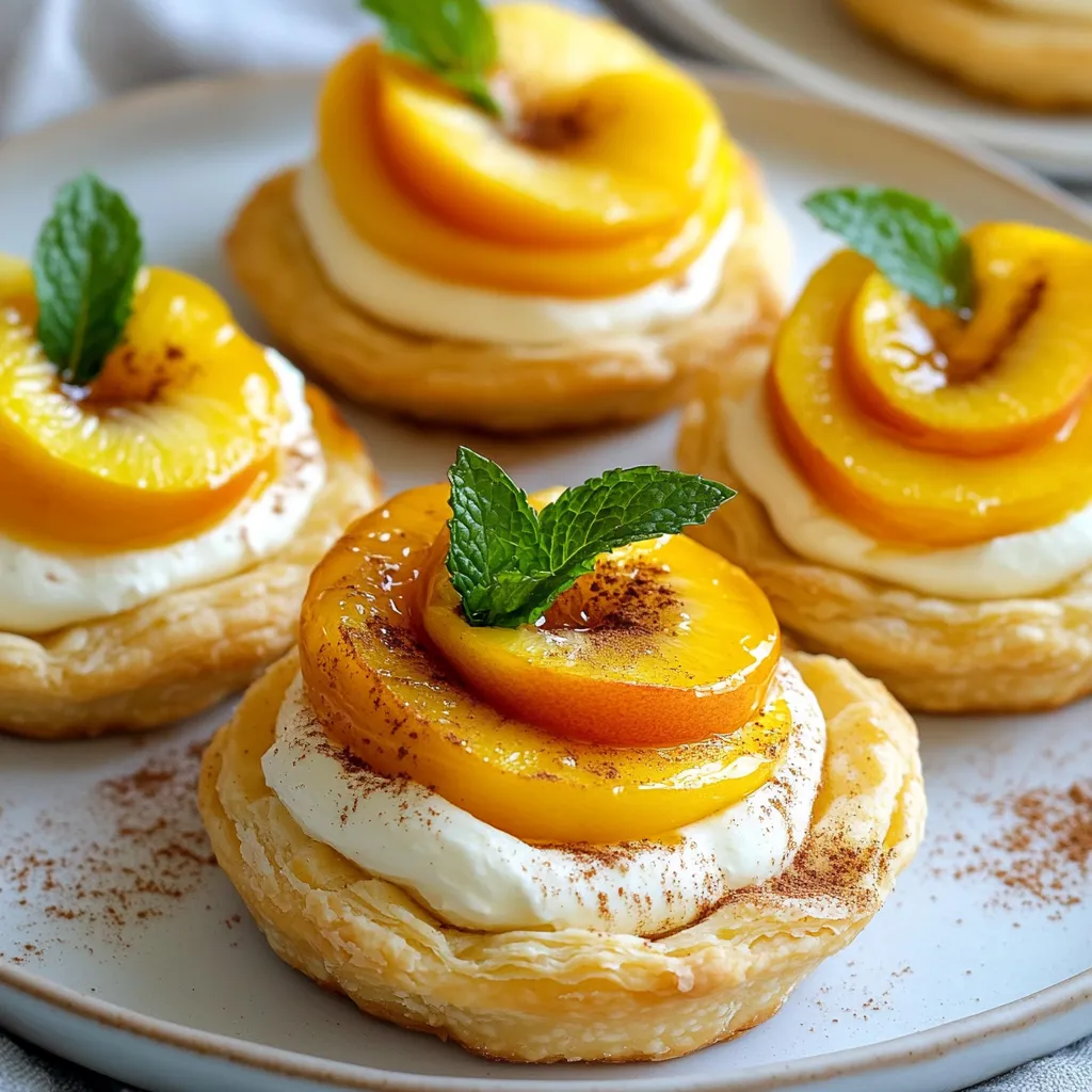 - Store-bought puff pastry - Cream cheese and sweeteners - Fresh peaches - Seasonings and egg wash To make peach cream cheese tarts, gather these ingredients. First, get a package of store-bought puff pastry. It saves time and works great. You need eight ounces of softened cream cheese. This cheese makes the tarts creamy and rich. Next, add a quarter cup of powdered sugar to sweeten the cream cheese. A teaspoon of vanilla extract adds a lovely flavor. For the star of the dish, grab two ripe peaches. Slice them thin for the best look and taste. You will also need one tablespoon of honey. This adds a touch of natural sweetness. A half teaspoon of cinnamon gives warmth and spice to the dish. Finally, an egg is for the egg wash. This helps the edges turn golden brown. Feel free to use fresh mint leaves for garnish. They add color and a fresh taste. With these ingredients, you are ready to create a delightful dessert. {{ingredient_image_1}} Start by preheating your oven to 400°F (200°C). This sets the stage for a perfect bake. Next, take the thawed puff pastry and roll it out on a lightly floured surface. You want it smooth and a bit thinner. Use a round cutter to cut circles about 4 inches wide. Place these circles on a baking sheet lined with parchment paper. This prevents sticking and helps with cleanup. Use a fork to poke small holes in each circle's center. Make sure to leave a ½ inch border around the edge. This border will rise beautifully when you bake. In a mixing bowl, add the softened cream cheese. Beat it until it's nice and smooth. This step is key for a creamy texture. Add the powdered sugar and vanilla extract to the bowl. Mix everything together until it's combined. You want a creamy filling that tastes sweet yet balanced. This mixture will be the star of your tarts. Now, it's time to assemble. Take each puff pastry circle and spread a layer of the cream cheese mixture on top. Be careful to keep the edges clear. This will allow the pastry to puff up nicely. Next, arrange the thinly sliced peaches over the cream cheese. Their juicy sweetness makes the tarts special. In a small bowl, mix the honey and cinnamon together. Drizzle this mixture over the peaches for added flavor. It brings warmth and depth to each bite. Before baking, beat the egg in a small bowl. Use it to brush the edges of the pastry. This gives a lovely golden color when baked. Place the baking sheet in your preheated oven. Bake for 15-18 minutes, or until the pastry is puffed and golden brown. Keep an eye on them to avoid burning. Once done, remove the tarts from the oven and let them cool slightly. This cooling time is important. It allows the flavors to meld. Before serving, garnish with fresh mint leaves. They add a pop of color and freshness. To get the best puff pastry, start with good-quality store-bought dough. Thaw it carefully. Roll it out gently on a floured surface. Aim for even thickness. This ensures it puffs up nicely. Always poke holes in the center. This helps steam escape and keeps the center flat. Brush the edges with egg wash for a golden tint. You can switch up the flavors easily. Try using different fruits like berries or apples. Add lemon zest for a zesty kick. Mix in a bit of almond extract for a nutty taste. If you like spice, add a pinch of nutmeg with the cinnamon. For a creamier filling, mix in some sour cream with the cream cheese. Make your tarts look pretty. Arrange the sliced peaches in a fan shape. This adds charm to each tart. Use fresh mint leaves to garnish. They add a pop of color and freshness. Serve on a colorful plate for a fun touch. Dust some powdered sugar over the tarts before serving for extra sweetness. Pro Tips Choose Ripe Peaches: Select peaches that are slightly soft to the touch for the best flavor and sweetness in your tarts. Prevent Sogginess: Poke holes in the pastry as instructed to allow steam to escape and keep the base crisp. Customize Your Tarts: Feel free to experiment with other fruits like berries or apples for a unique twist on this recipe. Serve Warm: For the best experience, serve these tarts warm right out of the oven with a sprinkle of fresh mint. {{image_2}} If you cannot find peaches, use other fruits. Fresh nectarines or apricots work well. You can also use berries like strawberries or blueberries for a twist. These fruits add their own unique taste. Experiment to find your favorite flavor. For those needing gluten-free options, try using gluten-free puff pastry. Many brands make this now. You can also use a simple almond flour crust. Just mix almond flour, butter, and a little sugar. This option gives a nice nutty flavor to your tarts. Get creative with toppings! Try adding a sprinkle of nuts for crunch. Chopped pecans or walnuts add a nice texture. Fresh herbs like basil or thyme can give a fresh taste. For sweetness, drizzle chocolate or caramel sauce over the top. To store leftover Peach Cream Cheese Tarts, let them cool. Place them in an airtight container. Keep the container in the fridge. This method keeps the tarts fresh for up to three days. If you want to keep them longer, freezing is a great option. When you're ready to enjoy your tarts again, preheat your oven to 350°F (175°C). Place the tarts on a baking sheet. Heat them for about 10 minutes. This will make the pastry crisp again. You can also use a microwave, but the crust may get soft. Heat for about 15-20 seconds in the microwave if you choose this method. You can freeze unbaked tarts for up to one month. Assemble the tarts without baking them. Place them on a baking sheet and freeze until firm. Then transfer them to a freezer bag. When you are ready to bake, no need to thaw. Just add a few extra minutes to the baking time. This way, you can enjoy fresh tarts anytime! You can use either fresh or canned peaches. Fresh peaches taste great and have a nice crunch. Choose ripe peaches for the best flavor. Canned peaches are also good. Drain them well to avoid excess juice. Both options work well in peach cream cheese tarts. Peach cream cheese tarts last about three days in the fridge. Store them in a tight container to keep them fresh. If you notice the pastry getting soft, eat them sooner. They are best enjoyed fresh but can still be tasty after a few days. Serve these tarts warm or at room temperature. They look beautiful on a platter. Add a sprig of fresh mint for color. You can also drizzle extra honey on top. Pair them with a scoop of vanilla ice cream for a special treat. Enjoying them with friends makes them even better! You’ve learned how to make delicious peach cream cheese tarts. With steps for preparing puff pastry, mixing cream cheese, and baking, you can create a tasty treat. Remember to choose fresh peaches for the best flavor. Use my tips for storage and serving, and feel free to try variations. Whether you're enjoying them right away or saving them for later, these tarts are sure to please. Now, get in the kitchen and let your creativity shine!