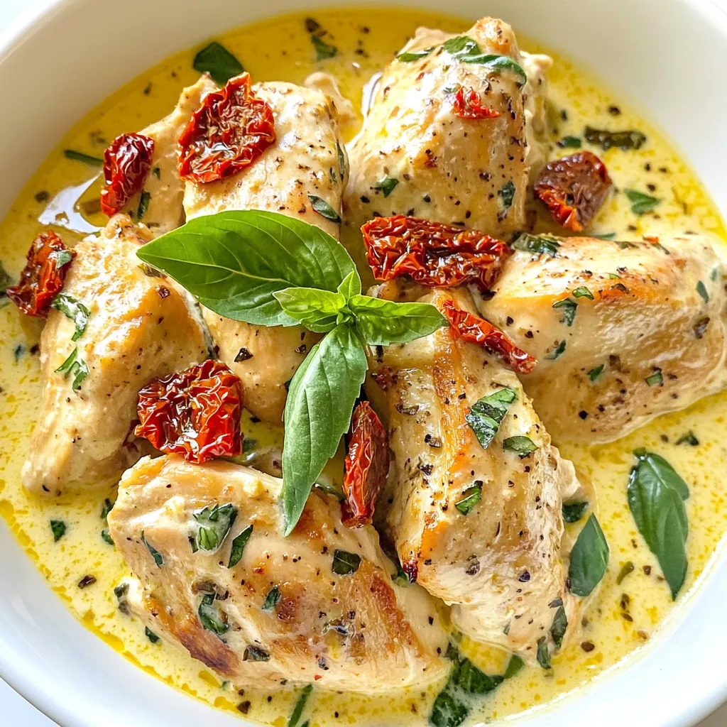 - 4 boneless, skinless chicken breasts - 1 cup sun-dried tomatoes (packed in oil, drained and chopped) - 1 cup heavy cream - 1 cup chicken broth When making Crockpot Marry Me Chicken, you need good quality chicken. Boneless, skinless chicken breasts work best. They cook evenly and stay tender. Sun-dried tomatoes add a sweet and tangy flavor. Drain and chop them to mix well with the chicken. For a rich sauce, you’ll use heavy cream. It makes the dish creamy and delicious. Chicken broth adds depth and moisture. Together, these main ingredients create a meal that’s hard to resist. - 1 teaspoon garlic powder - 1 teaspoon onion powder - 1 teaspoon Italian seasoning - ½ teaspoon red pepper flakes (optional) Seasoning is key to flavor. Garlic powder gives a savory touch. Onion powder adds sweetness without the crunch. Italian seasoning brings a mix of herbs that complement the chicken. If you like a little heat, add red pepper flakes. They enhance the flavor without overpowering the dish. These simple seasonings make a big difference in taste. - Fresh basil leaves - Salt and pepper to taste After cooking, fresh basil leaves add a pop of color. They also bring a fresh taste that brightens the dish. Use salt and pepper to adjust the flavor to your liking. Taste as you go, and make it perfect for you. Garnishing makes your meal look as good as it tastes. {{ingredient_image_1}} To start, you need to season the chicken breasts. Take four boneless, skinless chicken breasts. Sprinkle salt, pepper, garlic powder, onion powder, and Italian seasoning on both sides. Make sure to coat them well. This adds great taste. Next, place the seasoned chicken in the bottom of your crockpot. Lay them flat. This helps them cook evenly and soak up all the flavors. Now it's time to add the sun-dried tomatoes. Grab one cup of sun-dried tomatoes, packed in oil. Drain and chop them. Spread the chopped tomatoes over the chicken in the crockpot. This adds a nice tangy flavor. For the sauce, mix one cup of heavy cream and one cup of chicken broth in a bowl. Whisk them together until blended. Pour this creamy mixture over the chicken and tomatoes. This sauce keeps the chicken moist and adds richness. Cover your crockpot with a lid. Set it to cook on low for 6 to 8 hours. If you're in a hurry, you can choose high for 4 to 6 hours. The chicken should be tender and fully cooked when done. Cooking on low lets the flavors blend well and makes the chicken super tender. Check it at the end of the cooking time. If it easily shreds with a fork, it's ready to serve. To keep your chicken juicy, start with fresh, high-quality chicken breasts. Dry chicken often comes from overcooking. Use a meat thermometer to check the temperature. The chicken should reach 165°F. This ensures it stays tender and safe to eat. Season your chicken well. The right seasonings help enhance the natural flavors. Salt, pepper, garlic powder, and onion powder are key in this recipe. Want to boost the flavor? Consider adding more herbs. Fresh thyme or rosemary can give your dish a nice touch. You could also use some oregano for an Italian twist. When choosing sun-dried tomatoes, go for those packed in oil. They add richness and depth to your dish. You can also try using sun-dried tomatoes with herbs for extra taste. For sides, I recommend serving your chicken with creamy mashed potatoes or garlic bread. Both will soak up the delicious sauce. Steamed green beans or a fresh salad can add a nice crunch. Pair this dish with a crisp white wine, like Chardonnay, for a perfect match. Enjoying it with a light salad will balance the richness of the chicken. Pro Tips Use Fresh Ingredients: Whenever possible, use fresh basil and high-quality sun-dried tomatoes for a more vibrant flavor. Adjust the Spice Level: If you prefer a milder dish, omit the red pepper flakes or reduce the amount to suit your taste. Thicken the Sauce: For a thicker sauce, remove the chicken once cooked, and let the sauce simmer on high for 10-15 minutes before serving. Meal Prep Friendly: This dish is perfect for meal prep! Store leftovers in airtight containers in the fridge for up to 4 days. {{image_2}} You can make this dish dairy-free by using coconut cream instead of heavy cream. Coconut cream adds a nice richness and flavor. Simply swap it one-for-one in the recipe. If you prefer, you can also use other broth options. Vegetable broth or a low-sodium chicken broth works well. This change will keep the dish tasty while being dairy-free. If you want to switch things up, try using turkey or tofu in place of chicken. Turkey breast works great and offers a similar taste. For tofu, use firm or extra-firm tofu for the best texture. Keep in mind that cooking times will vary. Turkey may take about the same time as chicken, while tofu may only need 3-4 hours on low. You can boost the flavor by adding vegetables. Spinach, bell peppers, or zucchini all work well. Simply chop and add them to the crockpot. You can also infuse your dish with herbs and spices. Consider adding fresh thyme or rosemary for a new twist. A splash of balsamic vinegar can also brighten the flavors. Get creative and make this dish your own! To keep your Crockpot Marry Me Chicken fresh, follow these steps: - Refrigeration tips: Let the chicken cool to room temperature. Place it in an airtight container. Store it in the fridge for up to four days. - Freezing instructions: If you want to freeze leftovers, use a freezer-safe bag or container. Remove as much air as possible. It can last up to three months in the freezer. When you’re ready to enjoy your leftovers, here’s how to reheat them: - Best methods for reheating: The microwave works well for quick reheating. Use a microwave-safe dish and cover it. You can also reheat in a pan on low heat, stirring often. - Tips for maintaining flavor and texture: Add a splash of chicken broth when reheating. This keeps the chicken moist and enhances the flavor. Knowing how long your dish lasts is key: - How long it lasts in the fridge: In the fridge, your cooked chicken will stay fresh for about four days. - Freezer storage duration: In the freezer, it can be safe for up to three months. Just remember to label the container with the date! Can I use frozen chicken? Yes, you can use frozen chicken. Just keep in mind that it will take longer to cook. If cooking on high, it may need 6-8 hours. For the low setting, expect it to take 8-10 hours. Can I make it ahead of time? Absolutely! You can prepare the dish a day ahead. Just store it in the fridge after cooking. When ready to serve, reheat it on low in the crockpot. This makes it easy for busy days. Calories per serving Each serving has about 500 calories. This includes the chicken, cream, and tomatoes. Overview of macro nutrients - Protein: 40g - Fat: 35g - Carbohydrates: 10g This dish offers a nice balance of protein and healthy fats. Best garnishes I love using fresh basil leaves on top. They add color and a fresh taste. You can also sprinkle some grated cheese for extra flavor. Presentation tips for serving guests Serve the chicken over a bed of rice or pasta. This adds a nice touch and makes the plate look fuller. Use a large platter for family-style serving, or individual plates for a more formal meal. In this blog post, we explored how to make delicious crockpot Marry Me Chicken. We covered the main ingredients, like chicken breasts and sun-dried tomatoes. We shared step-by-step instructions for a perfect cook every time. I also offered tips for keeping your dish flavorful and tender. As you try this recipe, remember you can adapt it to fit your taste. Enjoy experimenting with flavors and variations. With the right techniques, you’ll create a meal that truly impresses. Keep cooking and have fun in the kitchen!