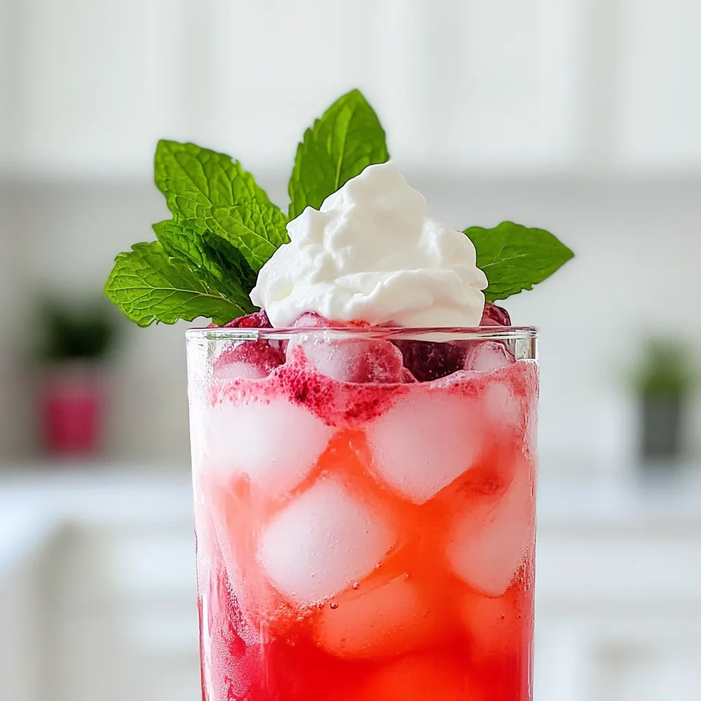 - Fresh raspberries - Raspberry syrup - Club soda - Coconut cream - Lime juice - Fresh mint leaves - Ice cubes Gathering the right ingredients is key. Start with fresh raspberries. They should be bright and firm. Next, get raspberry syrup. This adds sweetness and flavor. Use club soda for a fizzy lift. You will also need coconut cream. This makes your drink creamy and rich. Don't forget lime juice. It adds a nice zing that balances the sweetness. Fresh mint leaves give your drink a fresh touch. Finally, grab some ice cubes. They cool everything down. With these ingredients, you're ready to create a refreshing Raspberry Dream Dirty Soda. Each part plays a role in making this drink a summer favorite! Start by blending 1 cup of fresh raspberries with ½ cup of raspberry syrup. Blend until smooth. If you prefer no seeds, strain the mixture through a fine mesh sieve. This step gives you a smooth, bright raspberry puree. Next, take the raspberry puree and pour it into a large pitcher. Add 2 cups of club soda to the puree. Stir gently to mix. Then, squeeze in 1 tablespoon of lime juice. The lime adds a zesty kick to the drink. In a separate bowl, whip ½ cup of coconut cream. Use a hand mixer or whisk until it reaches a smooth and fluffy texture. This cream will top your drink and provide a nice contrast to the tart raspberry. Now, grab your glasses and fill them with ice cubes. Pour the raspberry soda mixture over the ice. Make sure each glass gets a nice amount. Finally, top each drink with a generous dollop of whipped coconut cream. For a final touch, garnish with fresh mint leaves. Enjoy your refreshing Raspberry Dream Dirty Soda! To make a great raspberry puree, choose ripe raspberries. Look for berries that are deep red and firm. Avoid any that are mushy or have dark spots. Ripe berries will give you the best flavor. To avoid seed chunks, blend the raspberries with raspberry syrup until smooth. Then, strain the mixture through a fine mesh sieve. This step helps you get a silky texture. Push the puree through with a spatula for best results. You can add more flavor to your drink easily. Consider mixing in a splash of vanilla or a hint of ginger. Both will give your drink a nice twist. Adjust the sweetness based on your taste. If you like it sweeter, add more raspberry syrup. If you prefer less sugar, use fresh lime juice to balance the sweetness. Serving your drink can be fun and creative. Use clear glasses to show off the vibrant colors. You can also layer the coconut cream on top for a beautiful look. For garnishing, add fresh mint leaves on top. They add a pop of color and a fresh scent. You might also consider adding a slice of lime on the rim of the glass for an extra touch. {{image_2}} You can switch up the fruits in your Raspberry Dream Dirty Soda. Try using other berries like strawberries or blueberries. These fruits add a fun twist and color to your drink. If you want a tropical vibe, use pineapple or mango. They give a refreshing taste that pairs well with the soda. If you want a non-dairy option, almond milk or oat cream works well. These alternatives keep your drink creamy without coconut. For a coconut-free choice, you can use soy or cashew cream. These will still add richness and flavor to your soda. You can make a fun cocktail version of this soda. Try adding light or dark rum for a kick. The rum blends nicely with the raspberry and lime flavors. Mix it well in a shaker for a smooth drink. A Raspberry Dream Dirty Soda with rum can be a great choice for summer parties. After making the raspberry puree, store it in the fridge. Use an airtight container for best results. The puree stays fresh for up to three days. If you want to keep it longer, freeze it. Pour the puree into ice cube trays. Once frozen, transfer the cubes to a bag. This method makes it easy to use later. Do not store the assembled drink in the fridge. The club soda will lose its fizz. Instead, prepare the drink just before serving. You can mix the raspberry soda and coconut cream separately. Keep them cool until you are ready to serve. This way, your drink will stay refreshing and bubbly. Fresh raspberries last about one week in the fridge. Watch for soft spots or mold as signs of spoilage. Raspberry syrup can last up to a month when stored in a cool, dark place. For club soda, check the expiration date on the can. Proper storage helps keep your ingredients fresh and tasty. Raspberry Dream Dirty Soda is a fun and fizzy drink. It blends fresh raspberries, raspberry syrup, and club soda. This drink also has a creamy touch from coconut cream. It is refreshing and perfect for hot days. Many people love it for its bright flavor. The drink became popular in recent years, often seen at summer parties and events. It has roots in the "dirty soda" trend that started in Utah. Yes, you can prepare parts of this drink ahead. You can make the raspberry puree and store it in the fridge for up to three days. Keep it in an airtight container. Mix the raspberry puree with the club soda right before serving for the best fizz. Do not whip the coconut cream until you are ready to serve. Whipped cream does not store well. If you want alternatives to raspberry syrup, consider these options: - Strawberry syrup for a different berry flavor. - Agave syrup for a natural sweetness. - Honey can also work, but it has a strong taste. You can also use fruit juice, like pomegranate or cherry, for a fruity twist. Adjust the sweetness to your liking. Raspberry Dream Dirty Soda has some healthy parts. Fresh raspberries are full of vitamins and fiber. The drink does contain added sugar from the syrup. If you want a healthier option, try these tips: - Use less raspberry syrup or a sugar-free version. - Replace coconut cream with lighter options like almond milk. - Add more fresh fruits for extra nutrients. In this blog post, we covered how to make a refreshing Raspberry Dream Dirty Soda. We explored the key ingredients and went step-by-step through blending raspberry puree, mixing, and adding the coconut cream. Tips on flavor and presentation help you enhance your drink. We also looked at fun variations and storage tips. Try these methods to impress your guests or enjoy a treat at home. This drink is simple, enjoyable, and perfect for any occasion.