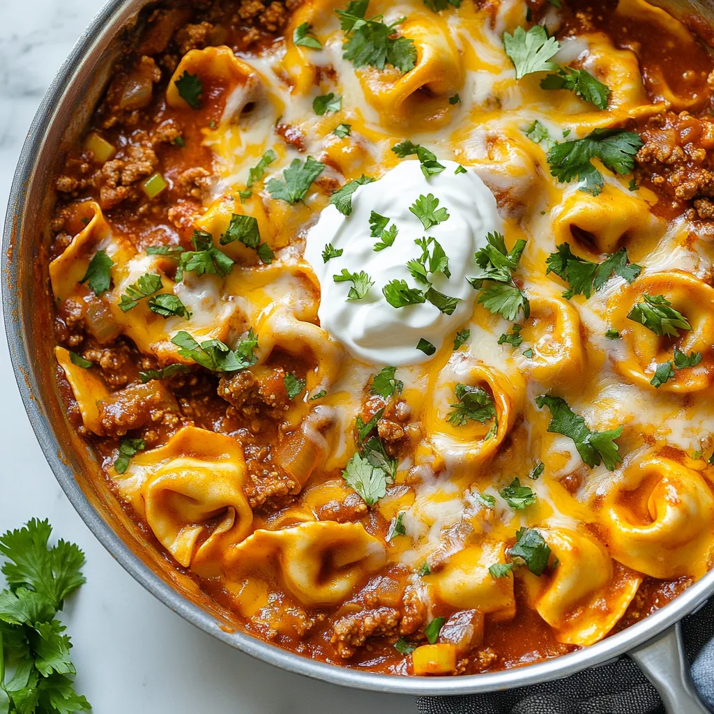 - 1 lb ground beef - 1 small onion, diced - 2 cloves garlic, minced - 1 cup enchilada sauce (red or green) - 1 cup shredded cheddar cheese - 1 cup prepared cheese tortellini - 1 teaspoon ground cumin - 1 teaspoon chili powder - Salt and pepper to taste - Fresh cilantro, chopped (for garnish) - Sour cream (optional, for serving) You can change this dish to fit your taste. Here are some ideas: - Use ground turkey or chicken instead of beef for a lighter option. - Add black beans or corn for extra texture and flavor. - Mix in diced bell peppers for added crunch. - Use different cheeses like Monterey Jack or pepper jack for a twist. I suggest using specific brands for great taste. For enchilada sauce, I like Herdez or Old El Paso. They both offer good flavor. For tortellini, Bertolli or Rana make tasty options. Their cheese tortellini cooks well and adds creaminess. {{ingredient_image_1}} Start by heating a large skillet over medium heat. Add 1 pound of ground beef. Cook the beef until it turns brown. Use a spatula to break it into smaller pieces. If there is extra fat, drain it. Next, add 1 small diced onion and 2 minced garlic cloves. Cook these for about 3 to 4 minutes. You want the onion to become soft and fragrant. Now, stir in 1 cup of enchilada sauce, 1 teaspoon of ground cumin, 1 teaspoon of chili powder, salt, and pepper. Let the mixture simmer for about 5 minutes. This step builds rich flavors in your beef. While the beef simmers, grab a pot of boiling water. Add 1 cup of prepared cheese tortellini. Cook it according to the package instructions until it is tender. Once done, drain the tortellini and set it aside. Make sure not to overcook it. Perfect tortellini should be soft but not mushy. This will help maintain the dish's texture. Now that the beef mixture is ready, it's time to combine everything. Gently fold the cooked tortellini into the beef mixture. Add ½ cup of the shredded cheddar cheese and mix well. Reduce the heat to low. Sprinkle the remaining cheese on top. Cover the skillet with a lid and let it sit for 2 to 3 minutes. This allows the cheese to melt and become bubbly. Finally, remove from heat and sprinkle fresh cilantro on top. Your Beef Enchilada Tortellini is now ready to serve! When cooking ground beef, use medium heat. This helps the beef brown well. Break up the meat with a spatula. Cook until it turns a nice brown color. Drain any excess fat. This keeps your dish lighter and less greasy. To cook tortellini, follow the package instructions. Bring a pot of salted water to a boil. Add the tortellini and cook until they float. This usually takes about 3-5 minutes. Drain them gently and set aside. This keeps them from getting mushy. Adjust the seasonings to fit your taste. If you like more heat, add extra chili powder. Fresh herbs like cilantro can add a fresh touch. You can even try lime juice for a zesty kick. Taste as you go, and make it your own! Pro Tips Use Lean Ground Beef: For a healthier option, opt for lean ground beef (90% or higher) to reduce the fat content in the dish. Customize Your Cheese: Feel free to experiment with different types of cheese, such as pepper jack for a spicy kick or mozzarella for a milder flavor. Add Vegetables: Incorporate diced bell peppers, zucchini, or corn into the beef mixture for added nutrition and flavor. Serve with Fresh Sides: Complement your dish with a side of Mexican rice or a fresh salad to round out the meal. {{image_2}} You can make this dish vegetarian by using lentils or black beans instead of ground beef. Both options add great texture and flavor. Cook the lentils first until they are tender. For black beans, simply drain and rinse them. Mix the beans or lentils with onions and spices just like you would with beef. This keeps the dish hearty and satisfying. If you like heat, this dish can be spiced up easily. You can add diced jalapeños or a dash of hot sauce to the beef mixture. For an extra kick, sprinkle some cayenne pepper or red pepper flakes. Adjust the heat to your taste. This version will leave your taste buds dancing! Cheese can take this dish to the next level. Try adding pepper jack cheese for a creamy texture with a hint of spice. You can also mix in some mozzarella for a gooey finish. Top with more cheddar cheese as it melts for a beautiful, cheesy crust. This will please any cheese lover! To store leftovers, let the dish cool to room temperature. Then, place it in an airtight container. This keeps the flavors fresh and prevents odors from mixing. Store it in the fridge for up to three days. If you want to keep it longer, consider freezing. When you’re ready to eat your leftovers, reheat them gently. You can use the microwave or the stove. If using the microwave, cover the dish with a microwave-safe lid. Heat it for about two minutes, stirring halfway. On the stove, warm it over low heat. Add a splash of water to keep it moist. To freeze this dish, follow the cooling steps first. Use a freezer-safe container or a heavy-duty freezer bag. Remove as much air as possible to prevent freezer burn. It can last in the freezer for up to three months. When you want to enjoy it, thaw it in the fridge overnight before reheating. Yes, you can. Ground turkey or chicken works well. You can also try beans for a vegetarian option. Each protein adds its own flavor. Adjust your seasoning to match the protein you choose. I recommend using either red or green enchilada sauce. Red sauce gives a rich, bold flavor. Green sauce offers a fresher, slightly tangy taste. Both options work great in this dish. Your choice depends on your flavor preference. Yes, you can prepare it ahead. Cook the beef and mix with tortellini. Store it in the fridge for up to two days. When ready to serve, just reheat and melt the cheese. This makes for an easy dinner on busy nights. You can create a delicious meal with our step-by-step guide. We covered all the key ingredients, from beef and tortellini to tasty sauces. You can even customize your dish with extra flavors or options for vegetarians. Remember to store and reheat leftovers properly to enjoy later. Cooking is fun and easy when you follow these tips. With practice, you will make this meal a family favorite. Embrace your kitchen adventure and enjoy every bite!