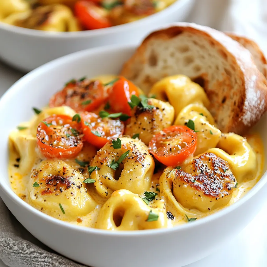To make Cajun Chicken Tortellini, you need: - 2 cups cheese tortellini (fresh or frozen) - 1 lb boneless, skinless chicken breasts, cut into bite-sized pieces - 2 tablespoons Cajun seasoning - 1 tablespoon olive oil - 1 small onion, finely chopped - 2 cloves garlic, minced - 1 red bell pepper, diced - 1 cup heavy cream - 1 cup cherry tomatoes, halved - ½ cup grated Parmesan cheese - Salt and black pepper, to taste - Fresh parsley, chopped (for garnish) You can add extra flavors or textures with these options: - Sliced green onions for a fresh crunch - A squeeze of lemon juice for brightness - Crushed red pepper flakes for more heat - Additional cheese, like mozzarella or cheddar, for extra creaminess Each serving of Cajun Chicken Tortellini provides: - Calories: 550 - Protein: 30g - Carbohydrates: 45g - Total Fat: 30g - Saturated Fat: 17g - Fiber: 3g - Sugar: 4g - Sodium: 800mg This dish is rich and filling, perfect for a hearty meal. Adjust portions based on your needs. {{ingredient_image_1}} To start, bring a large pot of salted water to a boil. This step is key for flavorful tortellini. Once the water boils, add 2 cups of cheese tortellini. Cook according to the package instructions, usually about 3-5 minutes. You want the tortellini to be al dente, which means firm to the bite. After cooking, drain the tortellini and set it aside. Next, take 1 pound of boneless, skinless chicken breasts and cut them into bite-sized pieces. In a bowl, toss the chicken with 2 tablespoons of Cajun seasoning to coat it well. This gives the chicken a nice kick. Heat 1 tablespoon of olive oil in a large skillet over medium-high heat. Add the seasoned chicken and cook for about 5-7 minutes. You want the chicken to be golden brown and cooked through. Once done, remove it from the skillet and set it aside. In the same skillet, add 1 small finely chopped onion. Sauté it for 2-3 minutes until it becomes translucent. Then, add 2 minced garlic cloves and 1 diced red bell pepper. Cook these for another 3-4 minutes until they soften. Now, pour in 1 cup of heavy cream and bring it to a gentle simmer. This will make your sauce rich and creamy. Stir in 1 cup of halved cherry tomatoes and let it cook for about 5 minutes. This helps the flavors blend well. After the sauce has simmered, add the cooked chicken and tortellini back into the skillet. Toss everything gently to coat in the sauce. Finally, stir in ½ cup of grated Parmesan cheese. Season with salt and black pepper to taste. Once everything is mixed well and heated through, it’s ready to serve. Enjoy this tasty Cajun Chicken Tortellini! When cooking tortellini, follow a few simple steps to get it just right. First, always use a large pot with plenty of salted water. This helps the tortellini cook evenly. Bring the water to a rolling boil before adding the tortellini. This ensures they cook quickly and don’t stick together. Cook the tortellini until they are al dente. This means they should be firm but not hard. If you overcook them, they will become mushy. After cooking, drain them well and toss them with a bit of olive oil to keep them from sticking. This simple trick makes a big difference! For perfectly cooked chicken, start by cutting it into small, even pieces. This helps it cook evenly. Toss the chicken with Cajun seasoning for great flavor. Let it sit for a few minutes to absorb the spices. When cooking, use a hot skillet with olive oil. Add the chicken in a single layer. Avoid crowding the pan, or the chicken will steam instead of brown. Cook until golden brown, about 5-7 minutes. Use a meat thermometer to check for doneness; it should reach 165°F. To enhance the flavor of your sauce, start with sautéing onions and garlic. This step adds depth to the dish. Cook them until they are soft and fragrant. Next, add diced red bell pepper for sweetness and color. When you pour in the heavy cream, make sure to stir well. This creates a rich and creamy base. Add halved cherry tomatoes for a burst of freshness and acidity. Let the sauce simmer for a few minutes to blend the flavors. Lastly, a sprinkle of Parmesan cheese adds a nice touch. Adjust salt and black pepper to taste for the perfect finish. Pro Tips Use Fresh Ingredients: Fresh tortellini and vegetables will enhance the overall flavor and texture of your dish. Adjust the Spice Level: Feel free to increase or decrease the amount of Cajun seasoning based on your heat preference. Experiment with Proteins: Substitute chicken with shrimp or sausage for a different protein twist that complements the Cajun flavors. Let it Rest: Allow the dish to sit for a few minutes before serving to let the flavors develop and meld together. {{image_2}} If you want a meat-free meal, try using veggies instead of chicken. You can swap out the chicken for a mix of mushrooms, zucchini, and spinach. Use the same Cajun seasoning to keep that bold flavor. Cook the veggies until tender, then add them to the sauce. This way, you still get a creamy, tasty dish. If you love heat, kick up the spice level! You can add chopped jalapeños or a dash of hot sauce to the chicken. Mix in some red pepper flakes when you sauté the veggies. This will give your dish that extra zing. Adjust the spice to your taste, but be careful; it can get hot! Don’t feel limited to just heavy cream. You can try coconut milk for a lighter option. It adds a nice sweetness too. For a tangy twist, use a mix of cream cheese and chicken broth. This will create a thicker sauce. You can also toss in different veggies, like broccoli or snap peas, for added crunch. To store your Cajun Chicken Tortellini, let it cool down first. Then, place it in an airtight container. Make sure to cover it tightly. You can keep it in the fridge for up to three days. This way, it stays fresh and tasty. When you want to eat leftovers, reheat them gently. Place the tortellini in a skillet over medium heat. Add a splash of milk or cream to keep it creamy. Stir often to heat evenly. You can also use the microwave. Heat in short bursts, stirring in between, until warm. If you want to save some for later, freezing is a great option. First, let the dish cool completely. Then, place it in a freezer-safe container or bag. Remove as much air as possible to prevent freezer burn. You can freeze it for up to three months. To enjoy it later, thaw it overnight in the fridge before reheating. Yes, you can use frozen tortellini. Just boil them in salted water. Cook them as per the package instructions. They will taste great in this dish. The cooking time may be a bit longer than fresh tortellini. Make sure to check if they float. That means they are done! If you want to replace heavy cream, use half-and-half or whole milk. For a lighter option, try Greek yogurt. You can mix yogurt with a little milk for a creamy texture. Coconut milk is also a tasty choice! It adds a sweet flavor to the dish. To add more heat, toss in extra Cajun seasoning. You could also add diced jalapeños or crushed red pepper flakes. If you love hot sauce, drizzle some over the top. Adjust the spice level to your taste. Enjoy the heat! Cajun Chicken Tortellini is a fun and tasty dish to make. You learned the key ingredients, step-by-step instructions, and helpful tips. We also explored variations and storage methods. This meal is simple to customize and enjoy any night. With the right cooking methods, you will create a flavorful dish every time. Dive into your own Cajun Chicken Tortellini adventure, and impress everyone at your table!