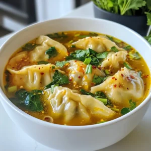 - 20 store-bought or homemade potstickers (vegetable or meat-filled) - 4 cups chicken or vegetable broth - 1 tablespoon sesame oil - 2 garlic cloves, minced - 1-inch piece of ginger, grated - 2 scallions, chopped (white and green parts separated) - 1 cup napa cabbage, thinly sliced - 1 cup baby spinach - 1 tablespoon soy sauce (or tamari for gluten-free) - 1 teaspoon rice vinegar - Fresh cilantro leaves for garnish - Crushed red pepper flakes (optional, for heat) - Salt and pepper to taste You can add extra toppings or ingredients to make your soup unique. Here are a few ideas: - Mushrooms for a rich flavor - Carrots for sweetness and color - Bok choy for extra greens - Tofu for protein and texture If you have dietary needs, you can swap some ingredients: - Use vegetable broth instead of chicken broth for a vegan option. - Tamari works as a great gluten-free alternative to soy sauce. - Use any leafy greens you have on hand, like kale or Swiss chard. These simple swaps keep the soup tasty while meeting your needs. {{ingredient_image_1}} Start by gathering your ingredients. You will need: - 20 potstickers (vegetable or meat-filled) - 4 cups chicken or vegetable broth - 1 tablespoon sesame oil - 2 garlic cloves, minced - 1-inch piece of ginger, grated - 2 scallions, chopped (white and green parts separated) - 1 cup napa cabbage, thinly sliced - 1 cup baby spinach - 1 tablespoon soy sauce (or tamari) - 1 teaspoon rice vinegar - Fresh cilantro leaves for garnish - Crushed red pepper flakes (optional) - Salt and pepper to taste Chop the scallions, mince the garlic, and grate the ginger. Slice the napa cabbage and measure out the spinach. Heat the sesame oil in a large pot over medium heat. Add the minced garlic and grated ginger. Sauté for one minute until fragrant. Next, add the white parts of the scallions and cook for another minute. Pour in the chicken or vegetable broth. Bring it to a gentle simmer. Add the sliced napa cabbage and let it simmer for about five minutes. The cabbage should soften a bit. Now stir in the baby spinach, soy sauce, and rice vinegar. Cook for an additional two to three minutes. Carefully add the potstickers to the soup. Cook them according to the package instructions, usually five to seven minutes. They should heat through and float to the top. Season the soup with salt and pepper to taste. If you like heat, add crushed red pepper flakes. Remove the pot from the heat and garnish your soup with the green parts of the scallions and fresh cilantro leaves. To make the best potstickers, choose high-quality ones. If you want more flavor, try adding herbs or spices to the broth. You can also add more vegetables for extra nutrition. When serving, arrange the potstickers artfully in deep bowls. This makes the dish more appealing. A sprinkle of cilantro and scallions adds color and freshness. Enjoy your delicious potsticker dumpling soup! Start with a clean kitchen. Gather all your ingredients before you cook. This makes cooking smooth. Use measuring cups and spoons for accuracy. Always taste your broth before adding salt. It's easier to add than to fix! Use fresh ginger and garlic for the best taste. They add depth to your soup. Add a splash of soy sauce for umami flavor. Garnish with cilantro and scallions for color. Serve the soup in deep bowls for a nice look. Try adding a squeeze of lime for freshness. Don’t rush the cooking times. Let the broth simmer to build flavor. Avoid overcrowding the pot with potstickers. They need space to cook evenly. Don’t forget to check the potstickers for doneness. They should float when fully cooked. Lastly, always taste before serving. Adjust salt and spice as needed. Pro Tips Fresh Broth: For the best flavor, use homemade chicken or vegetable broth if possible. It will greatly enhance the overall taste of the soup. Potsticker Choice: Choose high-quality potstickers for the best results. If making your own, ensure they are well-sealed to avoid any filling leakage during cooking. Vegetable Variations: Feel free to add other vegetables like bok choy, mushrooms, or carrots for added texture and nutrition. Serving Suggestions: Serve with a side of soy sauce or chili oil for dipping potstickers, enhancing the meal experience. {{image_2}} You can make a great vegetarian or vegan version of this soup. Use vegetable potstickers instead of meat-filled ones. For the broth, choose vegetable broth. You can add mushrooms for a hearty touch. They bring umami flavor that pairs well with the soup. Also, consider adding tofu for extra protein. For a gluten-free soup, use tamari instead of soy sauce. Tamari gives the same great flavor without gluten. You can also check your potstickers for gluten-free options. Many brands offer gluten-free dumplings. This way, you can enjoy the soup without worry. If you want more protein, add cooked chicken or shrimp. These pair nicely with the broth and potstickers. For extra veggies, try adding carrots or bell peppers. They add color and crunch to the dish. You can also toss in some snap peas or broccoli. These additions make the soup more filling. To store leftover potsticker dumpling soup, let it cool first. Transfer the soup into an airtight container. Make sure to keep the potstickers in the soup to stay soft. You can store it in the fridge for up to three days. If you want to keep it longer, consider freezing it. Reheat soup on the stove over low heat. Stir gently to avoid breaking the potstickers. Add a splash of broth or water if it seems too thick. If using a microwave, heat it in short bursts. Stir in between to ensure even heating. This keeps the flavors bright and fresh. To freeze potsticker dumpling soup, first cool it completely. Pour it into freezer-safe bags or containers. Remove as much air as possible to prevent freezer burn. Label the bags with the date. It can stay good for up to three months. When ready to enjoy, thaw it in the fridge overnight before reheating. You can use store-bought or homemade potstickers. I often choose vegetable or meat-filled ones. Both options add great flavor. Look for potstickers that are well-made with fresh ingredients. If you have time, making your own can be fun. It lets you control the filling and flavors. Yes, you can make this soup in advance. It tastes great when reheated. Just cook the potstickers separately. Add them to the soup right before serving. This keeps them from getting soggy. Store the soup in a sealed container in the fridge. It will last for about 3 days. To adjust the spice level, add crushed red pepper flakes. Start with a small amount. You can always add more if you want more heat. If you prefer a milder soup, skip the red pepper. You can also use less soy sauce, as it can add saltiness. This article covered Potsticker Dumpling Soup from start to finish. You learned about key ingredients and fun options to customize your soup. I shared easy steps for prep and cooking, plus tips for beginners. We explored flavorful variations and storage methods. In conclusion, this soup is versatile and simple to make. Enjoy trying out different ingredients and flavors to create your unique bowl! Always remember, cooking should be fun and delicious!