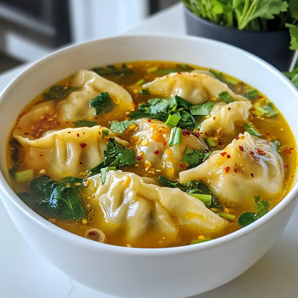 - 20 store-bought or homemade potstickers (vegetable or meat-filled) - 4 cups chicken or vegetable broth - 1 tablespoon sesame oil - 2 garlic cloves, minced - 1-inch piece of ginger, grated - 2 scallions, chopped (white and green parts separated) - 1 cup napa cabbage, thinly sliced - 1 cup baby spinach - 1 tablespoon soy sauce (or tamari for gluten-free) - 1 teaspoon rice vinegar - Fresh cilantro leaves for garnish - Crushed red pepper flakes (optional, for heat) - Salt and pepper to taste You can add extra toppings or ingredients to make your soup unique. Here are a few ideas: - Mushrooms for a rich flavor - Carrots for sweetness and color - Bok choy for extra greens - Tofu for protein and texture If you have dietary needs, you can swap some ingredients: - Use vegetable broth instead of chicken broth for a vegan option. - Tamari works as a great gluten-free alternative to soy sauce. - Use any leafy greens you have on hand, like kale or Swiss chard. These simple swaps keep the soup tasty while meeting your needs. {{ingredient_image_1}} Start by gathering your ingredients. You will need: - 20 potstickers (vegetable or meat-filled) - 4 cups chicken or vegetable broth - 1 tablespoon sesame oil - 2 garlic cloves, minced - 1-inch piece of ginger, grated - 2 scallions, chopped (white and green parts separated) - 1 cup napa cabbage, thinly sliced - 1 cup baby spinach - 1 tablespoon soy sauce (or tamari) - 1 teaspoon rice vinegar - Fresh cilantro leaves for garnish - Crushed red pepper flakes (optional) - Salt and pepper to taste Chop the scallions, mince the garlic, and grate the ginger. Slice the napa cabbage and measure out the spinach. Heat the sesame oil in a large pot over medium heat. Add the minced garlic and grated ginger. Sauté for one minute until fragrant. Next, add the white parts of the scallions and cook for another minute. Pour in the chicken or vegetable broth. Bring it to a gentle simmer. Add the sliced napa cabbage and let it simmer for about five minutes. The cabbage should soften a bit. Now stir in the baby spinach, soy sauce, and rice vinegar. Cook for an additional two to three minutes. Carefully add the potstickers to the soup. Cook them according to the package instructions, usually five to seven minutes. They should heat through and float to the top. Season the soup with salt and pepper to taste. If you like heat, add crushed red pepper flakes. Remove the pot from the heat and garnish your soup with the green parts of the scallions and fresh cilantro leaves. To make the best potstickers, choose high-quality ones. If you want more flavor, try adding herbs or spices to the broth. You can also add more vegetables for extra nutrition. When serving, arrange the potstickers artfully in deep bowls. This makes the dish more appealing. A sprinkle of cilantro and scallions adds color and freshness. Enjoy your delicious potsticker dumpling soup! Start with a clean kitchen. Gather all your ingredients before you cook. This makes cooking smooth. Use measuring cups and spoons for accuracy. Always taste your broth before adding salt. It's easier to add than to fix! Use fresh ginger and garlic for the best taste. They add depth to your soup. Add a splash of soy sauce for umami flavor. Garnish with cilantro and scallions for color. Serve the soup in deep bowls for a nice look. Try adding a squeeze of lime for freshness. Don’t rush the cooking times. Let the broth simmer to build flavor. Avoid overcrowding the pot with potstickers. They need space to cook evenly. Don’t forget to check the potstickers for doneness. They should float when fully cooked. Lastly, always taste before serving. Adjust salt and spice as needed. Pro Tips Fresh Broth: For the best flavor, use homemade chicken or vegetable broth if possible. It will greatly enhance the overall taste of the soup. Potsticker Choice: Choose high-quality potstickers for the best results. If making your own, ensure they are well-sealed to avoid any filling leakage during cooking. Vegetable Variations: Feel free to add other vegetables like bok choy, mushrooms, or carrots for added texture and nutrition. Serving Suggestions: Serve with a side of soy sauce or chili oil for dipping potstickers, enhancing the meal experience. {{image_2}} You can make a great vegetarian or vegan version of this soup. Use vegetable potstickers instead of meat-filled ones. For the broth, choose vegetable broth. You can add mushrooms for a hearty touch. They bring umami flavor that pairs well with the soup. Also, consider adding tofu for extra protein. For a gluten-free soup, use tamari instead of soy sauce. Tamari gives the same great flavor without gluten. You can also check your potstickers for gluten-free options. Many brands offer gluten-free dumplings. This way, you can enjoy the soup without worry. If you want more protein, add cooked chicken or shrimp. These pair nicely with the broth and potstickers. For extra veggies, try adding carrots or bell peppers. They add color and crunch to the dish. You can also toss in some snap peas or broccoli. These additions make the soup more filling. To store leftover potsticker dumpling soup, let it cool first. Transfer the soup into an airtight container. Make sure to keep the potstickers in the soup to stay soft. You can store it in the fridge for up to three days. If you want to keep it longer, consider freezing it. Reheat soup on the stove over low heat. Stir gently to avoid breaking the potstickers. Add a splash of broth or water if it seems too thick. If using a microwave, heat it in short bursts. Stir in between to ensure even heating. This keeps the flavors bright and fresh. To freeze potsticker dumpling soup, first cool it completely. Pour it into freezer-safe bags or containers. Remove as much air as possible to prevent freezer burn. Label the bags with the date. It can stay good for up to three months. When ready to enjoy, thaw it in the fridge overnight before reheating. You can use store-bought or homemade potstickers. I often choose vegetable or meat-filled ones. Both options add great flavor. Look for potstickers that are well-made with fresh ingredients. If you have time, making your own can be fun. It lets you control the filling and flavors. Yes, you can make this soup in advance. It tastes great when reheated. Just cook the potstickers separately. Add them to the soup right before serving. This keeps them from getting soggy. Store the soup in a sealed container in the fridge. It will last for about 3 days. To adjust the spice level, add crushed red pepper flakes. Start with a small amount. You can always add more if you want more heat. If you prefer a milder soup, skip the red pepper. You can also use less soy sauce, as it can add saltiness. This article covered Potsticker Dumpling Soup from start to finish. You learned about key ingredients and fun options to customize your soup. I shared easy steps for prep and cooking, plus tips for beginners. We explored flavorful variations and storage methods. In conclusion, this soup is versatile and simple to make. Enjoy trying out different ingredients and flavors to create your unique bowl! Always remember, cooking should be fun and delicious!