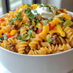 - 1 pound ground beef (or turkey) - 1 onion, diced - 3 cloves garlic, minced - 1 bell pepper, chopped - 2 cups rotini pasta - 1 can (15 oz) black beans, drained and rinsed - 1 can (15 oz) diced tomatoes with green chilies - 2 cups chicken broth - 1 tablespoon taco seasoning - 1 cup corn (frozen or fresh) - 1 cup shredded cheese (cheddar or Mexican blend) - Salt and pepper to taste - Fresh cilantro, for garnish - Optional toppings: sour cream, sliced jalapeños, diced avocado One Pot Taco Pasta shines with its simple yet vibrant ingredients. You start with ground beef or turkey. This choice adds a hearty base. Next, you bring in onion and garlic. They give a strong, savory smell as they cook. I love to add a bell pepper for color and crunch. Rotini pasta is perfect here. It grabs all that tasty sauce. Then, you need black beans and diced tomatoes. The beans add protein and fiber. The tomatoes bring a nice tang. Chicken broth gives depth and helps cook the pasta well. Taco seasoning is key for flavor. It blends all the spices you need in one scoop. Corn adds sweetness and texture. Finally, shredded cheese melts in, creating creaminess. I also love fresh cilantro for a finishing touch. You can add sour cream or jalapeños for more flavor. This dish offers fun and easy ways to make it your own! {{ingredient_image_1}} - Browning the meat: Start by heating a large pot over medium heat. Add 1 pound of ground beef or turkey. Cook until the meat is brown. This takes about 5 to 7 minutes. Drain any extra fat from the pot. - Sautéing vegetables: Next, add 1 diced onion, 3 cloves of minced garlic, and 1 chopped bell pepper to the pot. Stir and cook for about 3 to 4 minutes. You want the veggies to be soft and fragrant. - Adding beans, tomatoes, and broth: Now it’s time to mix in flavor. Add 1 can of black beans (drained and rinsed), 1 can of diced tomatoes with green chilies, and 2 cups of chicken broth. Stir everything well. - Incorporating taco seasoning: Sprinkle in 1 tablespoon of taco seasoning. Mix thoroughly again. This will give the dish its tasty taco flavor. - Bringing to a boil: Raise the heat to bring the mixture to a boil. Once boiling, add 2 cups of rotini pasta. - Simmering and stirring: Reduce the heat to low. Cover the pot and let it simmer for 10 to 12 minutes. Stir occasionally to keep the pasta from sticking. The pasta should be tender and have soaked up most of the liquid. - Adding corn and cheese: Stir in 1 cup of corn, either frozen or fresh. Then add half of the shredded cheese (1 cup of cheddar or Mexican blend). Mix until the cheese melts and combines. - Melting the cheese: Remove the pot from the heat. Sprinkle the rest of the cheese on top. Cover the pot for a few minutes. This helps the cheese melt perfectly. Fluff the pasta with a fork before serving. Don’t forget to garnish with fresh cilantro for color and taste. Enjoy your delicious One Pot Taco Pasta! When making One Pot Taco Pasta, you can choose between ground turkey and ground beef. Ground turkey is leaner and lower in fat. It adds a mild flavor that works well with spices. Ground beef gives a richer taste and is juicier. Both options are great; it just depends on your preference. If you want a vegetarian dish, try using black beans or lentils. These options are high in protein and add a nice texture. You can also use veggie crumbles for a meat-like feel. To boost flavor, you can adjust the taco seasoning. Try adding more or less based on your taste. If you want extra zing, consider adding lime juice or hot sauce. Fresh herbs can also take your dish to the next level. Chopped cilantro works well as a garnish. You can also mix in fresh parsley or green onions for added flavor. Get the pasta cook time just right by checking it often. Start checking a few minutes before the time is up. This keeps the pasta from getting too soft. To avoid sticky pasta, stir it gently while it cooks. This helps prevent clumping. If you find it sticky, add a splash of chicken broth to loosen it up. Pro Tips Use Leftovers: This recipe is perfect for using up leftover ingredients. Feel free to add vegetables or beans that you have on hand to customize your dish. Spice it Up: If you prefer a spicier taco pasta, add some diced jalapeños or a few dashes of hot sauce to the mix during cooking. Cheese Variations: Experiment with different types of cheese for added flavor. Pepper jack or a sprinkle of feta can give your pasta a unique twist. Meal Prep Friendly: This dish stores well in the fridge. Make a big batch and enjoy it for lunch or dinner throughout the week. {{image_2}} You can easily change up the ingredients in One Pot Taco Pasta. - Alternative pasta shapes: Try penne, fusilli, or even elbow macaroni for a fun twist. - Using different beans: If you want, swap black beans for pinto or kidney beans. Each type brings its own taste and texture. Adjust the spice level to fit your taste. - Making it milder or spicier: If you like mild flavors, use less taco seasoning. For more heat, add extra seasoning. - Adding heat with jalapeños: Chopped jalapeños add a kick. Mix them in with the onions for a great flavor boost. You can make your meal look great and taste even better. - Pairing with sides like salad or bread: A fresh salad or warm bread pairs well with this dish. They add balance to the meal. - Creative plating ideas: Serve in bowls and top with cheese, cilantro, or avocado. It makes the dish pop and taste amazing! To store your One Pot Taco Pasta, let it cool first. Use airtight containers. Divide it into smaller portions for easy access. This helps keep it fresh. I suggest using glass or BPA-free plastic containers. They are durable and safe. Store it in the fridge for up to three days. To freeze One Pot Taco Pasta, let it cool completely. Place it in freezer-safe bags or containers. Remove as much air as possible. Label the bags with the date. It can last for up to three months in the freezer. When ready to eat, thaw it in the fridge overnight. Reheat it on the stove or in the microwave. Add a bit of water or broth to keep it moist. For food safety, always check for signs of spoilage. Look for changes in color or smell. If it smells off or looks moldy, toss it. Properly stored, it can last in the fridge for three days and three months in the freezer. Always trust your senses! Yes, you can make One Pot Taco Pasta ahead of time. This dish stores well in the fridge. To prep, cook the pasta as directed. Let it cool before storing in an airtight container. It will stay fresh for up to three days. When ready to eat, reheat in a pot on low heat. Add a splash of broth to keep it moist. Yes, you can easily make this dish vegetarian. Swap the ground beef or turkey for a plant-based meat substitute. Lentils or mushrooms also work well. Use vegetable broth instead of chicken broth for flavor. You can add extra beans or veggies to boost the meal. Leftovers can be fun to repurpose. You can turn them into a taco salad. Just add fresh greens, diced tomatoes, and avocado. Another option is to make stuffed peppers. Fill halved bell peppers with the pasta and bake until heated through. You could also add it to scrambled eggs for a tasty breakfast. You've learned how to make delicious One Pot Taco Pasta. We covered the key ingredients, step-by-step cooking instructions, and some helpful tips. You can customize the dish to fit your taste by swapping ingredients or adjusting spice levels. It’s perfect for meal prep and easy to store or freeze. Enjoy trying this recipe; it's simple and tasty. I hope you now feel ready to create your own flavorful One Pot Taco Pasta at home! Your kitchen adventure awaits.
