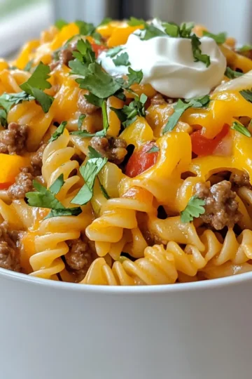 - 1 pound ground beef (or turkey) - 1 onion, diced - 3 cloves garlic, minced - 1 bell pepper, chopped - 2 cups rotini pasta - 1 can (15 oz) black beans, drained and rinsed - 1 can (15 oz) diced tomatoes with green chilies - 2 cups chicken broth - 1 tablespoon taco seasoning - 1 cup corn (frozen or fresh) - 1 cup shredded cheese (cheddar or Mexican blend) - Salt and pepper to taste - Fresh cilantro, for garnish - Optional toppings: sour cream, sliced jalapeños, diced avocado One Pot Taco Pasta shines with its simple yet vibrant ingredients. You start with ground beef or turkey. This choice adds a hearty base. Next, you bring in onion and garlic. They give a strong, savory smell as they cook. I love to add a bell pepper for color and crunch. Rotini pasta is perfect here. It grabs all that tasty sauce. Then, you need black beans and diced tomatoes. The beans add protein and fiber. The tomatoes bring a nice tang. Chicken broth gives depth and helps cook the pasta well. Taco seasoning is key for flavor. It blends all the spices you need in one scoop. Corn adds sweetness and texture. Finally, shredded cheese melts in, creating creaminess. I also love fresh cilantro for a finishing touch. You can add sour cream or jalapeños for more flavor. This dish offers fun and easy ways to make it your own! {{ingredient_image_1}} - Browning the meat: Start by heating a large pot over medium heat. Add 1 pound of ground beef or turkey. Cook until the meat is brown. This takes about 5 to 7 minutes. Drain any extra fat from the pot. - Sautéing vegetables: Next, add 1 diced onion, 3 cloves of minced garlic, and 1 chopped bell pepper to the pot. Stir and cook for about 3 to 4 minutes. You want the veggies to be soft and fragrant. - Adding beans, tomatoes, and broth: Now it’s time to mix in flavor. Add 1 can of black beans (drained and rinsed), 1 can of diced tomatoes with green chilies, and 2 cups of chicken broth. Stir everything well. - Incorporating taco seasoning: Sprinkle in 1 tablespoon of taco seasoning. Mix thoroughly again. This will give the dish its tasty taco flavor. - Bringing to a boil: Raise the heat to bring the mixture to a boil. Once boiling, add 2 cups of rotini pasta. - Simmering and stirring: Reduce the heat to low. Cover the pot and let it simmer for 10 to 12 minutes. Stir occasionally to keep the pasta from sticking. The pasta should be tender and have soaked up most of the liquid. - Adding corn and cheese: Stir in 1 cup of corn, either frozen or fresh. Then add half of the shredded cheese (1 cup of cheddar or Mexican blend). Mix until the cheese melts and combines. - Melting the cheese: Remove the pot from the heat. Sprinkle the rest of the cheese on top. Cover the pot for a few minutes. This helps the cheese melt perfectly. Fluff the pasta with a fork before serving. Don’t forget to garnish with fresh cilantro for color and taste. Enjoy your delicious One Pot Taco Pasta! When making One Pot Taco Pasta, you can choose between ground turkey and ground beef. Ground turkey is leaner and lower in fat. It adds a mild flavor that works well with spices. Ground beef gives a richer taste and is juicier. Both options are great; it just depends on your preference. If you want a vegetarian dish, try using black beans or lentils. These options are high in protein and add a nice texture. You can also use veggie crumbles for a meat-like feel. To boost flavor, you can adjust the taco seasoning. Try adding more or less based on your taste. If you want extra zing, consider adding lime juice or hot sauce. Fresh herbs can also take your dish to the next level. Chopped cilantro works well as a garnish. You can also mix in fresh parsley or green onions for added flavor. Get the pasta cook time just right by checking it often. Start checking a few minutes before the time is up. This keeps the pasta from getting too soft. To avoid sticky pasta, stir it gently while it cooks. This helps prevent clumping. If you find it sticky, add a splash of chicken broth to loosen it up. Pro Tips Use Leftovers: This recipe is perfect for using up leftover ingredients. Feel free to add vegetables or beans that you have on hand to customize your dish. Spice it Up: If you prefer a spicier taco pasta, add some diced jalapeños or a few dashes of hot sauce to the mix during cooking. Cheese Variations: Experiment with different types of cheese for added flavor. Pepper jack or a sprinkle of feta can give your pasta a unique twist. Meal Prep Friendly: This dish stores well in the fridge. Make a big batch and enjoy it for lunch or dinner throughout the week. {{image_2}} You can easily change up the ingredients in One Pot Taco Pasta. - Alternative pasta shapes: Try penne, fusilli, or even elbow macaroni for a fun twist. - Using different beans: If you want, swap black beans for pinto or kidney beans. Each type brings its own taste and texture. Adjust the spice level to fit your taste. - Making it milder or spicier: If you like mild flavors, use less taco seasoning. For more heat, add extra seasoning. - Adding heat with jalapeños: Chopped jalapeños add a kick. Mix them in with the onions for a great flavor boost. You can make your meal look great and taste even better. - Pairing with sides like salad or bread: A fresh salad or warm bread pairs well with this dish. They add balance to the meal. - Creative plating ideas: Serve in bowls and top with cheese, cilantro, or avocado. It makes the dish pop and taste amazing! To store your One Pot Taco Pasta, let it cool first. Use airtight containers. Divide it into smaller portions for easy access. This helps keep it fresh. I suggest using glass or BPA-free plastic containers. They are durable and safe. Store it in the fridge for up to three days. To freeze One Pot Taco Pasta, let it cool completely. Place it in freezer-safe bags or containers. Remove as much air as possible. Label the bags with the date. It can last for up to three months in the freezer. When ready to eat, thaw it in the fridge overnight. Reheat it on the stove or in the microwave. Add a bit of water or broth to keep it moist. For food safety, always check for signs of spoilage. Look for changes in color or smell. If it smells off or looks moldy, toss it. Properly stored, it can last in the fridge for three days and three months in the freezer. Always trust your senses! Yes, you can make One Pot Taco Pasta ahead of time. This dish stores well in the fridge. To prep, cook the pasta as directed. Let it cool before storing in an airtight container. It will stay fresh for up to three days. When ready to eat, reheat in a pot on low heat. Add a splash of broth to keep it moist. Yes, you can easily make this dish vegetarian. Swap the ground beef or turkey for a plant-based meat substitute. Lentils or mushrooms also work well. Use vegetable broth instead of chicken broth for flavor. You can add extra beans or veggies to boost the meal. Leftovers can be fun to repurpose. You can turn them into a taco salad. Just add fresh greens, diced tomatoes, and avocado. Another option is to make stuffed peppers. Fill halved bell peppers with the pasta and bake until heated through. You could also add it to scrambled eggs for a tasty breakfast. You've learned how to make delicious One Pot Taco Pasta. We covered the key ingredients, step-by-step cooking instructions, and some helpful tips. You can customize the dish to fit your taste by swapping ingredients or adjusting spice levels. It’s perfect for meal prep and easy to store or freeze. Enjoy trying this recipe; it's simple and tasty. I hope you now feel ready to create your own flavorful One Pot Taco Pasta at home! Your kitchen adventure awaits.