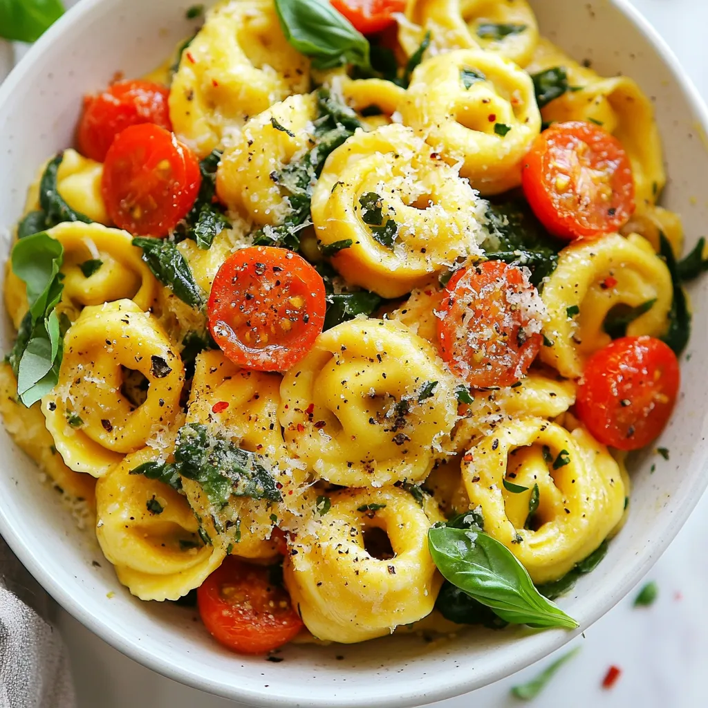To make Garlic Parmesan Tortellini Skillet, you need the following: - 1 (9 oz) package cheese tortellini (fresh or frozen) - 3 tablespoons olive oil - 4 cloves garlic, minced - 1 cup cherry tomatoes, halved - 3 cups baby spinach - ½ cup grated Parmesan cheese - 1 teaspoon red pepper flakes (optional) - Salt and pepper to taste - Fresh basil leaves for garnish You can make this dish with some easy swaps. If you don’t have tortellini, use any pasta you like. For cheese, swap Parmesan with Pecorino Romano for a sharper taste. If you want a lighter option, try using olive oil spray instead of oil. If you can't find fresh spinach, kale works well, too. I often use fresh tortellini for its great flavor and texture. It cooks quickly and adds a nice bite. Frozen tortellini is also a good choice. It lasts longer in the freezer and is easy to use. Just make sure to cook it according to the package instructions. Both types work well in this dish, so choose what fits your needs! {{ingredient_image_1}} First, grab a pot and fill it with water. Bring the water to a boil. Add a pinch of salt to the water for flavor. Once boiling, add the tortellini. Cook according to the package instructions until al dente, usually about 3-5 minutes. Drain the tortellini in a colander and set it aside. Next, take a large skillet and place it on medium heat. Pour in 3 tablespoons of olive oil. When the oil is hot, add 4 cloves of minced garlic. Sauté the garlic for about 1 minute. You want it fragrant but not burnt. After that, add 1 cup of halved cherry tomatoes. Cook these for around 3-4 minutes until they soften. Then, toss in 3 cups of baby spinach. Stir and cook until the spinach wilts, which takes about 2 minutes. Now it's time to bring it all together. Add the drained tortellini to the skillet. Mix everything gently. It should look colorful and inviting. Sprinkle ½ cup of grated Parmesan cheese over the top. Stir until the cheese melts and coats the tortellini. Season with red pepper flakes, salt, and pepper to taste. Once everything is well mixed and heated through, remove the skillet from the heat. Plate the dish nicely for serving. Garnish with fresh basil leaves to add a burst of flavor. This simple step makes the meal look even better. Enjoy your Garlic Parmesan Tortellini Skillet! When cooking tortellini, follow these tips for the best results: - Use plenty of water: Boil at least 4 quarts of water. This helps the pasta cook evenly. - Salt the water: Add a good amount of salt before boiling. This enhances the flavor of the tortellini. - Check the time: Cook according to the package instructions. Fresh tortellini cooks faster than frozen. - Stir gently: Stir the tortellini in the pot to prevent sticking. Garlic brings great taste to this dish. Here are some ways to boost its flavor: - Slice instead of mince: Slicing garlic gives a milder taste. This is great if you love garlic but want less bite. - Use roasted garlic: Roasting garlic adds a sweet, rich flavor. Wrap whole cloves in foil, roast, and mash them. - Add garlic powder: If you want a stronger taste, sprinkle a bit of garlic powder on top. Melting cheese is an art. Here’s how to do it well: - Grate your cheese: Grate Parmesan instead of using blocks. This helps it melt faster and coat the pasta evenly. - Add cheese at the right time: Stir in the cheese right after adding the tortellini. This ensures it melts well with the heat of the dish. - Use low heat: Keep the skillet on low heat when adding cheese. This helps it melt without burning. These tips will help you make a tasty Garlic Parmesan Tortellini Skillet that shines with flavor. Enjoy every bite! Pro Tips Use Fresh Ingredients: Whenever possible, opt for fresh garlic and spinach for a more vibrant flavor and texture in your dish. Customize Your Spice Level: Adjust the amount of red pepper flakes according to your heat preference; you can also add a pinch of cayenne for an extra kick! Add Protein: For a heartier meal, consider adding grilled chicken, shrimp, or sautéed mushrooms to the skillet along with the tortellini. Experiment with Cheese: While Parmesan is classic, try using Pecorino Romano or even a blend of cheeses to give the dish a unique twist. {{image_2}} You can easily add protein to your garlic Parmesan tortellini skillet. Chicken and shrimp work great. For chicken, use cooked, diced pieces. Add them after sautéing the garlic. If you choose shrimp, add them in the skillet when you cook the tomatoes. They only need a few minutes to cook. This addition makes the meal heartier and adds flavor. You can boost nutrition by adding more veggies. Broccoli and zucchini are fantastic options. For broccoli, add it in with the spinach. Cook until tender. For zucchini, slice it and add it with the tomatoes. This way, they can cook together. These veggies not only add color but also crunch and taste. Want to change the flavor? Try different herbs and spices. Fresh herbs like thyme or oregano can add a great twist. You can also use dried herbs if fresh ones are not available. If you like heat, add more red pepper flakes or a dash of cayenne pepper. These swaps can make your dish unique every time you cook it. To store leftovers, let the Garlic Parmesan Tortellini cool down first. Place it in an airtight container. Make sure to cover it well to keep out air. Store the container in the fridge. It will last for about 3 to 4 days. When you are ready to eat the leftovers, reheat them gently. You can use a skillet on low heat. Add a splash of olive oil or water to help it warm up. Stir often to heat evenly. You can also microwave it. Use a microwave-safe bowl and cover it with a lid. Heat in 30-second bursts, stirring in between. This helps keep the dish moist and tasty. If you want to save some for later, you can freeze it. Allow the dish to cool completely before freezing. Use freezer-safe containers or bags. Make sure to remove as much air as you can. You can freeze it for up to 2 months. When ready to enjoy, thaw it overnight in the fridge. Reheat as described above for the best taste. Yes, you can use other cheeses. Mozzarella, feta, or goat cheese all work well. Each cheese brings its own flavor. For a creamier dish, try using ricotta. Just adjust the amount based on your taste. Absolutely! This dish is great for meal prep. You can make it ahead of time and store it in the fridge. It keeps well for up to three days. Just reheat it in a pan or microwave when you're ready to eat. To add spice, include red pepper flakes as the recipe suggests. You can also add sliced jalapeños or crushed chili peppers. Adjust the amount based on your heat preference. Start small, then taste as you go. Enjoy the kick! This blog post covered how to make a tasty tortellini dish. We talked about the key ingredients, how to cook them, and the best ways to enhance flavors. You learned about substitutes and how to store leftovers. In the end, feel free to mix and match ingredients for your perfect meal. Enjoy cooking and let each bite inspire your culinary creativity!