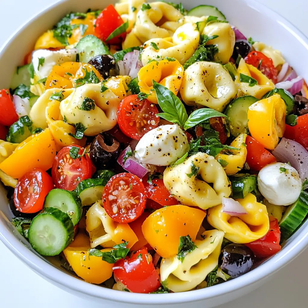 - 12 ounces cheese tortellini - 1 cup cherry tomatoes, halved - 1 cup cucumber, diced - 1 bell pepper (red or yellow), diced - ½ red onion, finely chopped - ½ cup black olives, sliced - ½ cup mozzarella balls, halved - ¼ cup fresh basil, chopped You need the right ingredients for a great Italian tortellini pasta salad. Start with cheese tortellini. It adds a rich, creamy taste. Then, gather fresh, colorful veggies. Cherry tomatoes give a sweet burst. Cucumbers add crunch. Bell peppers bring color and flavor. Don’t forget the red onion for a sharp bite. Black olives add a salty touch. Finally, mozzarella balls provide a soft, chewy texture. Fresh basil adds a nice herbal note. - ¼ cup olive oil - 2 tablespoons balsamic vinegar The dressing is simple but full of flavor. Use high-quality olive oil for richness. Balsamic vinegar adds acidity and sweetness. This mix elevates the salad and ties it all together. - 1 teaspoon dried oregano - Salt and pepper to taste Seasoning is key to making the flavors pop. Dried oregano gives a classic Italian taste. Salt and pepper are essential for overall flavor balance. Adjust these to your liking to make every bite delicious. {{ingredient_image_1}} Start by bringing a large pot of salted water to a boil. The salt helps flavor the pasta. Once the water is boiling, add 12 ounces of cheese tortellini. Cook them for about 4 to 5 minutes. You want them to be al dente, which means they should be firm but cooked. After they are done, drain the tortellini and rinse them under cold water. This stops the cooking and cools them down. In a large mixing bowl, combine the cooked tortellini with other fresh ingredients. Add 1 cup of halved cherry tomatoes, 1 cup of diced cucumber, and 1 diced bell pepper. You can use red or yellow for a pop of color. Next, add ½ cup of finely chopped red onion, ½ cup of sliced black olives, and ½ cup of halved mozzarella balls. Finally, toss in ¼ cup of chopped fresh basil for a burst of flavor. Mix everything gently so it combines well. In a small bowl, whisk together the dressing ingredients. Start with ¼ cup of olive oil and 2 tablespoons of balsamic vinegar. Then, add 1 teaspoon of dried oregano, along with salt and pepper to taste. Whisk until the mixture is well combined. This dressing will bring all the flavors together. Pour the dressing over the salad mixture. Toss everything gently until all the ingredients are coated with the dressing. This helps each bite burst with flavor. Cover the salad and place it in the refrigerator for at least 30 minutes. This waiting time allows the flavors to meld. You can serve it chilled or at room temperature. Enjoy your fresh and flavorful Italian tortellini pasta salad! To make great tortellini, cook it just right. For an al dente texture, boil it for 4 to 5 minutes. Check the package for the exact time. If you cook it too long, it may become mushy. After cooking, drain and rinse it with cold water. This stops the cooking and keeps it firm. You can add more flavor to your salad. Try adding grated parmesan cheese for a rich taste. Garlic can also boost the flavor. Just a little minced garlic goes a long way. Feel free to add your favorite herbs too. Fresh parsley or basil will brighten the dish. A beautiful salad is always more inviting. Serve your tortellini salad in a large bowl. Garnish it with extra basil leaves on top. You can drizzle a bit of balsamic vinegar for a nice look. Use colorful plates to make the dish pop. A sprinkle of black olives adds contrast and charm. Pro Tips Fresh Ingredients: Use the freshest vegetables you can find for the best flavor and texture in your salad. Make Ahead: Prepare the salad a few hours in advance or the night before to allow the flavors to develop. Customizable: Feel free to swap out the vegetables or add proteins like grilled chicken or salami for a heartier dish. Serving Size: This salad serves well as a side dish or main course, adjust the serving sizes accordingly based on your meal. {{image_2}} You can make your Italian Tortellini Pasta Salad even more colorful and healthy by adding more vegetables. Try mixing in some spinach or arugula for a fresh bite. You can also choose zucchini or bell peppers for a crunchy texture. If you want protein, consider adding chickpeas or black beans. They add fiber and help make the dish more filling. If you want to add more protein, think about using chicken, shrimp, or even tofu. Grilled chicken adds great flavor. Shrimp can offer a nice twist, bringing a seafood element to your salad. For a plant-based option, try cubed tofu. Marinate it in soy sauce for extra taste before adding it to your salad. The dressing can change the whole vibe of your salad. A simple vinaigrette made with olive oil, lemon juice, and herbs is light and zesty. For a creamier texture, try a ranch or Caesar dressing. You can even mix yogurt with herbs for a tangy twist. Experimenting with different dressings can lead to exciting new flavors. To keep your Italian Tortellini Pasta Salad fresh, store it in an airtight container. This helps prevent the salad from drying out. Place the container in the fridge as soon as you finish serving. Make sure to keep the dressing separate if you plan to store leftovers. This way, the salad stays crunchy. This salad is best served cold, so you don't need to reheat it. If you have leftovers, just take them out of the fridge. Toss the salad lightly to mix everything again. You can add a splash of olive oil or vinegar for extra flavor if needed. The salad lasts about 3 to 5 days in the fridge. After that, the ingredients may start to lose their taste and texture. If you see any signs of spoilage, like a strange smell or slimy veggies, it’s best to throw it away. Enjoy your delicious salad while it is fresh! Tortellini is a small pasta, often stuffed with cheese. The dough is made from flour and eggs. You can find different types, like cheese, meat, or even spinach. Each type adds a unique taste and texture to your dish. Yes, you can make this salad ahead of time. It tastes better after resting in the fridge. To prep in advance, cook the tortellini and chop the veggies. Mix them, but wait to add the dressing. This keeps everything fresh. Cover the salad and store it in the fridge. Just add the dressing just before serving. No, regular tortellini is not gluten-free. However, you can find gluten-free tortellini made from rice or corn. This way, you can enjoy the salad without gluten. Just check the package for gluten-free labels when you shop. This pasta salad combines cheese tortellini and fresh vegetables for a tasty dish. We covered the key ingredients, dressing components, and seasoning to boost flavor. I shared steps to cook and mix everything perfectly. You have useful tips for cooking and serving. You can also make variations that fit your taste. Remember, store it right to keep it fresh! Whether you serve it right away or save some for later, enjoy this quick and easy salad. It’s a fun way to eat well!