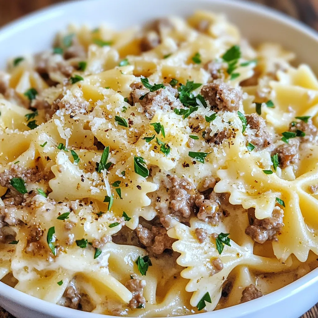 To make Parmesan Garlic Beef Bowtie Pasta, gather the following items: - 8 oz (225g) bowtie pasta - 1 lb (450g) ground beef - 1 tablespoon olive oil - 4 cloves garlic, minced - 1 small onion, finely chopped - 1 teaspoon dried oregano - 1 teaspoon red pepper flakes (optional) - 1 cup beef broth - 1 cup heavy cream - 1 cup grated Parmesan cheese - Salt and pepper to taste - Fresh parsley, chopped (for garnish) You can easily adapt this recipe based on your needs. If you want a lighter option, use ground turkey instead of beef. For a vegetarian meal, swap the beef for mushrooms or lentils. If you prefer dairy-free, try using coconut cream or a nut milk alternative in place of heavy cream. Gluten-free pasta works great, too, so don't hesitate to make that switch! You will need a few basic tools to make this dish: - A large pot for boiling pasta - A large skillet for cooking the beef and sauce - A wooden spatula for mixing - A measuring cup for liquids - A knife and cutting board for chopping ingredients - A colander for draining the pasta These tools will help you create a delicious and satisfying meal with ease! {{ingredient_image_1}} Start by filling a large pot with water. Bring the water to a boil. Add a pinch of salt to the water. Once boiling, add the bowtie pasta. Cook according to the package instructions. Aim for al dente, which means firm to the bite. After cooking, drain the pasta and set it aside. In a large skillet, heat one tablespoon of olive oil over medium heat. Once hot, add the finely chopped onion. Sauté the onion for about three minutes. You want it to be soft and translucent. Next, add the minced garlic to the skillet. Cook the garlic for one to two minutes until it smells great. Be careful not to burn it! Now, stir in one pound of ground beef. Break the meat apart with a spatula. Cook until it's browned and no longer pink, which takes about five to seven minutes. Season the mixture with one teaspoon of dried oregano, salt, and pepper. If you like some heat, add one teaspoon of red pepper flakes. Mix everything well. Pour in one cup of beef broth and bring it to a simmer. Let it cook for five minutes to reduce a bit. Then, stir in one cup of heavy cream. Bring it back to a gentle simmer for another three to four minutes. This helps the sauce thicken. Gradually mix in three-quarters of a cup of grated Parmesan cheese. Stir until it melts and becomes creamy. Now, add the cooked bowtie pasta to the skillet. Toss everything together until the pasta is well coated in the sauce. Serve right away, topping each plate with the remaining Parmesan cheese and a sprinkle of fresh chopped parsley. To cook perfect bowtie pasta, start with a large pot. Fill it with water and add a pinch of salt. Boil the water before adding the pasta. Stir the pasta a few times while it cooks. Follow the package instructions for timing and check for doneness. You want it al dente, or firm to the bite. Drain the pasta but reserve some pasta water. This water can help adjust the sauce later. For a rich, creamy sauce, use heavy cream. After cooking the beef and garlic, add the beef broth first. Let it simmer to reduce. This step builds flavor. Once reduced, stir in the heavy cream slowly. Keep the heat low to prevent curdling. Adding cheese gradually helps it melt smoothly. You want the sauce to be velvety, not grainy. If it seems too thick, splash in some reserved pasta water. To take flavors up a notch, fresh herbs work wonders. Try adding basil or thyme for a fresh twist. You can also play with spices. Red pepper flakes bring a nice heat, but adjust to your taste. For a deeper flavor, consider a splash of Worcestershire sauce. Don't forget salt and pepper to enhance all the flavors. A sprinkle of fresh parsley at the end adds color and freshness. Pro Tips Tip Title: Cook Pasta in Salted Water: Always add a generous amount of salt to the boiling water before cooking pasta. This enhances the pasta's flavor and prevents it from tasting bland. Tip Title: Don't Overcook the Beef: Ensure the ground beef is browned but not overcooked. This keeps it tender and juicy, contributing to the overall richness of the dish. Tip Title: Use Fresh Garlic: For the best flavor, use fresh minced garlic instead of garlic powder. Fresh garlic adds a robust aroma and taste that elevates the dish. Tip Title: Reserve Pasta Water: Before draining your pasta, reserve a cup of the cooking water. This starchy water can be added to the sauce to adjust the consistency and help it cling to the pasta. {{image_2}} You can easily make a vegetarian version of this dish. Swap the ground beef for plant-based ground meat. Brands like Beyond Meat or Impossible Burger work well here. Use the same amount, about 1 pound. For extra flavor, add mushrooms or lentils. They bring a nice texture and taste to the meal. Don’t forget to use vegetable broth instead of beef broth. This keeps the dish rich and flavorful without meat. If you need a gluten-free option, try gluten-free bowtie pasta. Many brands offer this now. Look for ones made from rice or chickpeas. They taste great and hold their shape well. Cook them just like regular pasta. Check the package for cooking times. This way, you can enjoy the same delicious meal without gluten. You can also switch the protein in this dish. Chicken works well if you prefer poultry. Use about 1 pound of ground chicken, and follow the same cooking steps. For a spicy twist, try Italian sausage. Remove the casing and cook it in the skillet. The sausage adds a great kick and pairs nicely with the garlic and Parmesan. You can even mix and match proteins for a unique flavor every time! After enjoying your Parmesan Garlic Beef Bowtie Pasta, let any leftovers cool. Once cooled, place them in an airtight container. This helps keep the flavors fresh. Store them in the fridge. They will stay good for up to three days. Make sure to label the container with the date. This way, you can track how long they have been stored. When you are ready to enjoy your leftovers, take them out of the fridge. You can reheat your pasta on the stove or in the microwave. If using the stove, add a splash of beef broth or cream to keep it creamy. Heat it over medium-low heat until warm. If using a microwave, place the pasta in a microwave-safe dish. Cover it with a lid or microwave-safe wrap. Heat in short bursts, stirring in between, until hot. If you want to save your pasta for a later date, freezing is an option. Portion the pasta into freezer-safe containers. Make sure to leave some space at the top of the container. This allows for expansion as the pasta freezes. Label each container with the date. You can freeze the dish for up to three months. When you're ready to eat, thaw it in the fridge overnight, then reheat as mentioned above. Yes, you can make this dish ahead of time. Cook the pasta and sauce separately. Store them in the fridge. When you are ready to serve, combine them in a pan. Heat gently until warm. This keeps the pasta from getting soggy. Absolutely! You can use different pasta shapes. Penne, fusilli, or even spaghetti work well. Just make sure to adjust the cooking time based on the type of pasta you choose. If you need a lighter option, use half-and-half. Coconut milk is a great dairy-free choice. For a thicker texture, blend silken tofu with a little milk. Each substitute will give a unique taste. The spiciness depends on how much you use. One teaspoon adds a mild kick. If you want more heat, add more flakes. Start small and taste as you go. This way, you can find the right balance for your dish. This blog post covered everything you need for a tasty dish. We listed key ingredients and tools. I shared simple steps to cook the pasta and prepare the beef. You learned tips for a creamy sauce and flavor boosts. Don't forget the variations for dietary needs. Storing and reheating the meal was also detailed. Dive in and make this meal your own! Enjoy cooking and sharing it with others. Your kitchen adventure starts now.
