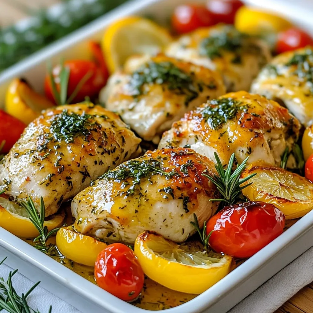 To make this dish, you need a few key items. Here’s what you’ll need: - 4 boneless, skinless chicken breasts - 3 tablespoons olive oil - 2 cloves garlic, minced - 1 tablespoon fresh rosemary, chopped - 1 tablespoon fresh thyme, chopped - 1 teaspoon paprika - Salt and pepper to taste - 1 lemon, sliced These main items give you the juicy chicken you want. Seasoning makes the chicken shine. Here are the important ones: - Fresh rosemary - Fresh thyme - Paprika - Salt and pepper These seasonings bring out the best flavor in the chicken. You want colorful veggies to go with your chicken. Try these: - 1 cup cherry tomatoes, halved - 1 bell pepper, sliced (any color) These veggies add flavor and nutrients. They also look great on the plate! {{ingredient_image_1}} Start by gathering all your ingredients. You need: - 4 boneless, skinless chicken breasts - 3 tablespoons olive oil - 2 cloves garlic, minced - 1 tablespoon fresh rosemary, chopped - 1 tablespoon fresh thyme, chopped - 1 teaspoon paprika - Salt and pepper to taste - 1 lemon, sliced - 1 cup cherry tomatoes, halved - 1 bell pepper, sliced (any color) - Fresh parsley for garnish (optional) Preheat your oven to 425°F (220°C). Line a large baking sheet with parchment paper. This step helps with easy cleanup later. In a small bowl, whisk together the olive oil, minced garlic, and herbs. Add paprika, salt, and pepper to the mix. This oil will infuse the chicken with great flavor. Place the chicken breasts on the baking sheet. Brush both sides with the herb-infused oil. Make sure each piece is well coated. Next, arrange the lemon slices, cherry tomatoes, and bell pepper around the chicken. This adds color and taste to the dish. Drizzle any leftover oil over the veggies for extra flavor. Now, it's time to bake! Place the baking sheet in the oven. Bake for 25-30 minutes. The chicken is done when it reaches an internal temperature of 165°F (74°C). It should look golden brown. After baking, let the chicken rest for a few minutes. This helps keep it juicy. If you like, you can garnish it with fresh parsley before serving. Enjoy your meal! To keep your chicken breasts juicy, start with good quality meat. Use boneless, skinless chicken breasts for even cooking. The olive oil and herbs help lock in moisture. Brush both sides of the chicken well with the herb-infused oil. After baking, let the chicken rest for a few minutes. This rest time allows the juices to settle, making each bite tender and flavorful. Baking chicken at 425°F (220°C) is key for a crispy outside and juicy inside. Bake the chicken for 25-30 minutes. Use a meat thermometer to check for doneness. The chicken should reach 165°F (74°C). If you have larger breasts, you may need to bake longer. Always check that the meat is not pink in the center. For a complete meal, serve your chicken with fresh veggies like bell peppers and tomatoes. A large platter is perfect for presentation. Drizzle extra olive oil and a squeeze of lemon juice over everything. This adds brightness and flavor. You can also pair it with rice or quinoa for a hearty side. Don't forget to sprinkle fresh parsley for a pop of color! Pro Tips Marinate for Extra Flavor: If time allows, marinate the chicken in the herb-infused oil mixture for 30 minutes to several hours before baking. This enhances the flavor and tenderness of the meat. Customize Your Vegetables: Feel free to use seasonal vegetables like zucchini, asparagus, or carrots. This dish is versatile, and swapping out ingredients can bring new flavors to the table. Check Chicken Temperature: Use a meat thermometer to ensure the chicken is cooked to the ideal internal temperature of 165°F (74°C) for safe consumption and juiciness. Rest Before Serving: Allow the chicken to rest for 5-10 minutes after baking. This step keeps the juices locked in, resulting in a more succulent bite. {{image_2}} You can change the flavor of your chicken easily. Try using different herbs and spices. For a spicy kick, add chili powder or cayenne pepper. For a sweet touch, use honey and soy sauce. You can also try a blend of Italian herbs like oregano and basil. Each mix gives a new taste adventure. Just remember to keep the oil and garlic base for the best results. While cherry tomatoes and bell peppers are great, you can swap them. Try using zucchini, carrots, or asparagus. Broccoli or cauliflower can also add a nice crunch. Just cut your veggies to similar sizes for even cooking. This way, they will roast perfectly with the chicken. Feel free to mix and match based on what you have. This recipe is already low in carbs and gluten-free. To keep it that way, use fresh veggies and skip starchy sides. You can add more protein too. Consider adding shrimp or tofu if you want a different protein. Just be mindful of cooking times. Adjust them based on what you choose so everything cooks evenly. After enjoying your meal, let the chicken cool down. Place the chicken and veggies in an airtight container. They will stay fresh in the fridge for up to four days. Make sure to separate the veggies from the chicken if you can. This helps keep everything fresh. If you want to save some for later, freezing is a great option. Wrap the chicken and veggies tightly in plastic wrap. Then, place them in a freezer bag. They can last for up to three months. To reheat, let them thaw in the fridge overnight. Heat them in the oven at 350°F (175°C) until warm, about 15-20 minutes. Meal prep can save you time and energy. Cook a batch of chicken at the start of the week. Store it in single-serving containers. Pair each with your favorite sides. This way, you’ll have quick meals ready to go. Also, try mixing different veggies for variety throughout the week. The best side dishes for sheet-pan chicken are simple and colorful. You can serve: - Roasted potatoes - Steamed broccoli - Garlic bread - Green salad - Rice pilaf These sides match well with the chicken's flavors. They add crunch and color to your meal. You can use any of your favorite veggies too. To check if chicken breasts are cooked, use a meat thermometer. Insert it into the thickest part of the chicken. The internal temperature should be 165°F (74°C). Another way is to cut into the chicken. The meat should be white, not pink. Juices should run clear, not red. Always let the chicken rest for a few minutes after cooking. This keeps it juicy. Yes, you can use bone-in chicken. Just keep a few things in mind. Bone-in chicken takes longer to cook. Adjust your baking time to about 35-40 minutes. Check the internal temperature as before, aiming for 165°F (74°C). The bone adds flavor and moisture. You might need to adjust the veggies' cooking time too. Keep an eye on them so they don’t overcook. This post covered how to make simple sheet-pan oven-baked chicken breasts. We discussed key ingredients, essential seasonings, and the best vegetables to use. You learned step-by-step instructions for prepping, marinating, and baking. Tips ensured juicy chicken, while variations included different seasonings and veggies. Finally, I provided storage info and answered common questions. Remember, with a few simple steps, you can create a tasty meal that fits your diet. Enjoy your cooking and feel proud of your delicious results!