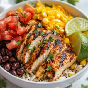 - 2 boneless, skinless chicken breasts - 1 cup brown rice - 1 can black beans, rinsed and drained - 1 cup corn (fresh or frozen) - 1 medium tomato, diced - 1 avocado, diced - ½ cup shredded cheddar cheese - ¼ cup fresh cilantro, chopped - 1 lime, cut into wedges I love using boneless, skinless chicken breasts for this dish. They grill up juicy and tender. Brown rice is my go-to for a hearty base. It adds a nice nutty flavor. I like to include black beans and corn for extra fiber and sweetness. Fresh toppings like diced tomato and avocado make it bright and fresh. Don't forget the cheddar cheese and cilantro for that flavor kick! - 1 tablespoon olive oil - 1 teaspoon chili powder - 1 teaspoon cumin - 1 teaspoon paprika - Salt and pepper to taste Seasoning is key to making this chicken shine. Olive oil helps the spices stick. I use chili powder for heat, cumin for warmth, and paprika for color. A pinch of salt and pepper brings all the flavors together. - Sour cream - Salsa - Lime wedges I love to serve my burrito bowl with sour cream and salsa. They add creaminess and zing. Lime wedges give a fresh burst of flavor when squeezed on top. Feel free to mix and match to find your favorite combo! {{ingredient_image_1}} First, season the chicken breasts. Use olive oil, chili powder, cumin, paprika, salt, and pepper. Make sure to coat the chicken well for good flavor. Next, let the chicken sit for about 10 minutes. This helps the spices to soak in. When you grill the chicken, heat a grill pan over medium-high heat. Once the pan is hot, add the chicken. Cook for 6 to 7 minutes on each side. The chicken should reach an internal temperature of 165°F (74°C). After cooking, let it rest for a few minutes before slicing it into strips. To cook the brown rice, start with a medium saucepan. Bring 2 cups of chicken broth to a boil. The broth adds rich flavor to the rice. Once boiling, add 1 cup of brown rice. Lower the heat and cover the pan. Cook for about 45 minutes. Check that the rice is tender and all the liquid is absorbed. Using chicken broth instead of water is key. It makes the rice taste much better and pairs well with the other ingredients. Now for the fun part: assembling your burrito bowl! Start by adding a scoop of cooked brown rice to each bowl. Next, layer black beans, corn, and diced tomato. Then, add the sliced grilled chicken on top. For a stunning presentation, top each bowl with diced avocado, shredded cheddar cheese, and chopped cilantro. These fresh toppings make your dish colorful and appealing. Serve each bowl with a lime wedge on the side. You can also add sour cream and salsa if you like extra flavor. To cook chicken right, check the internal temperature. It should reach 165°F (74°C). Use a meat thermometer for accuracy. This ensures your chicken is safe and juicy. For extra flavor, marinate the chicken. You can use lime juice, garlic, and spices. Let it soak for at least 30 minutes. To avoid mushy rice, rinse it before cooking. This removes excess starch. Use chicken broth instead of water for more flavor. If you want alternatives, try quinoa or couscous. Both are quick to cook and add a nice twist. You can customize your bowl easily. Add your favorite toppings like jalapeños, olives, or a dollop of guacamole. For drinks, pair your bowl with a light beer or a refreshing limeade. This will enhance your meal and make it more fun to enjoy. Pro Tips Marinate for Flavor: If you have time, marinate the chicken in the seasoning mix for at least an hour or overnight. This helps deepen the flavors. Perfectly Cooked Rice: Rinse the brown rice under cold water before cooking to remove excess starch, which helps achieve a fluffier texture. Grill Marks: For beautiful grill marks, avoid moving the chicken around too much while grilling. Let it sear for a few minutes before flipping. Add Some Heat: If you like spice, consider adding diced jalapeños or a splash of hot sauce to your bowl for an extra kick! {{image_2}} You can easily make a vegetarian version of this burrito bowl. Just swap the chicken for plant-based proteins. Tofu or tempeh work well. You can also use lentils or chickpeas for protein. These options keep the meal hearty and filling. Try different grains for your burrito bowl base. Quinoa offers a nutty flavor and high protein. Couscous cooks quickly and absorbs flavors well. Cauliflower rice is a fresh, low-carb option. Each grain gives a unique twist to the dish. Add more flavor to your burrito bowl with different beans or spicy sauces. Black beans are great, but try pinto or kidney beans for a change. Hot sauce or salsa can add a kick. You can also experiment with salsa verde for a zesty touch. Each addition brings new tastes and excitement to your meal. To keep your Mexican chicken burrito bowl fresh, store it in an airtight container. This helps lock in flavors and moisture. Place the bowl in the fridge within two hours of cooking. Leftovers last about 3 to 4 days in the fridge. Check for any signs of spoilage before eating. For quick reheating, use the microwave. Place your bowl in the microwave for 1 to 2 minutes. Stir halfway to heat evenly. If you prefer a stovetop method, use a skillet. Heat on medium-low, stirring until warm. This keeps the texture nice and prevents dryness. You can freeze components separately for later use. Cooked chicken and rice freeze well. Let them cool first, then place in freezer bags. Squeeze out the air before sealing. Black beans and corn can also freeze nicely. They stay tasty for up to 3 months in the freezer. When ready, thaw overnight in the fridge before reheating. To add heat, consider these options: - Use a spicy chili powder or cayenne pepper. - Add diced jalapeños or serrano peppers. - Include a splash of hot sauce on top. - Mix in some diced chipotle peppers in adobo sauce. These options will boost the flavor and give you a delicious kick. Yes, you can prep this burrito bowl in advance. Here are some ideas: - Cook the chicken and rice the day before. - Store the toppings like avocado and cheese separately. - Assemble the bowl just before serving for best flavor. Meal prep helps save time and makes lunch or dinner easy. To reheat your burrito bowl, follow these tips: - Use the microwave for quick reheating. - Cover the bowl to keep moisture in. - Heat in short bursts, stirring in between. - For better texture, use the stovetop. Heat on low, stirring gently. These methods help keep your bowl tasty and fresh. This article provided a clear guide to making a delicious Mexican chicken burrito bowl. We covered key ingredients, cooking steps, and helpful tips to ensure great flavors. Don't forget to customize your bowl with fresh toppings and spices to match your taste. You can even explore vegetarian options and different grains for variety. Storing and reheating meals properly helps reduce waste. Enjoy creating your own burrito bowl masterpiece that fits your needs!