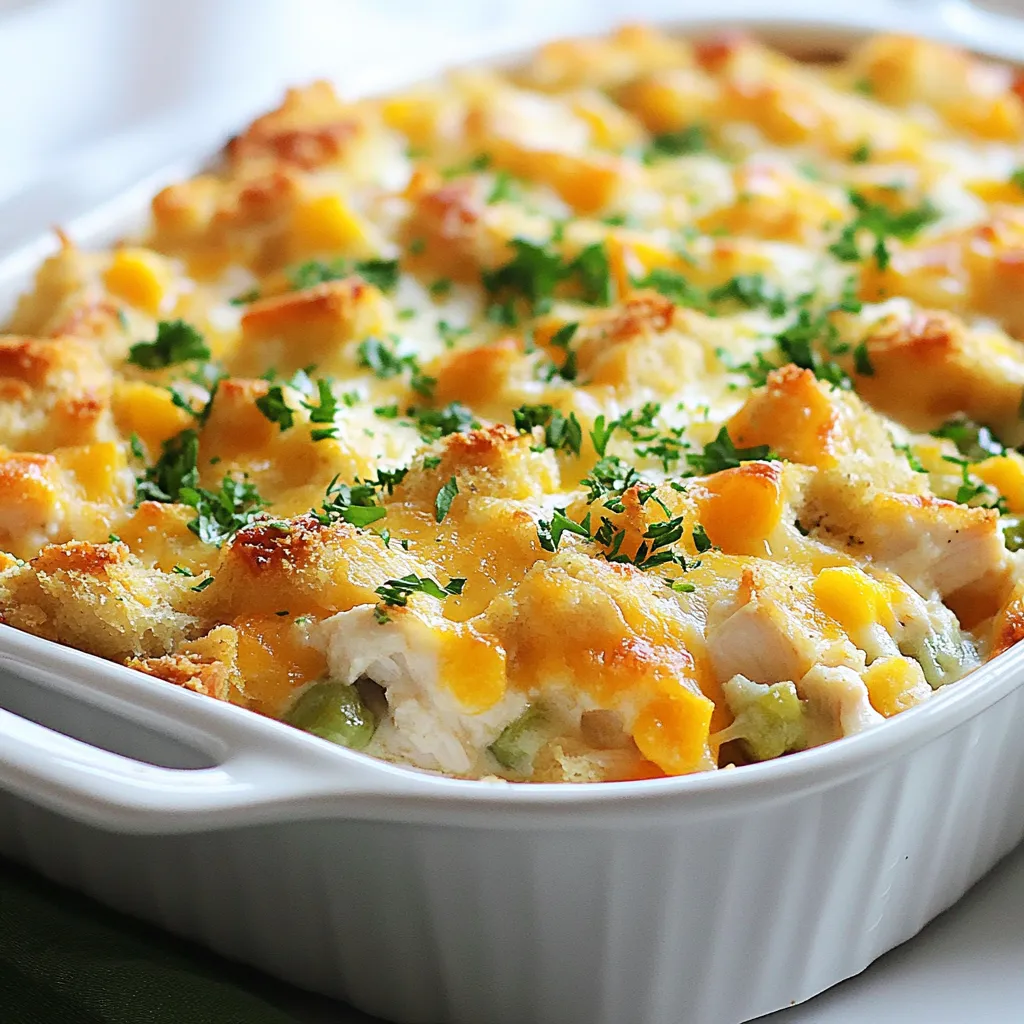 To make Easy Chicken Stuffing Casserole, you need these simple ingredients: - 2 cups cooked chicken, shredded - 1 cup chicken broth - 1 package (6 oz) stuffing mix (herb-flavored) - 1 can (10.5 oz) cream of chicken soup - 1 cup frozen mixed vegetables (peas, carrots, corn) - ½ cup shredded cheddar cheese - ¼ cup milk - 1 teaspoon garlic powder - 1 teaspoon onion powder - Salt and pepper to taste Using quality ingredients makes a big difference. Here are some brands I recommend: - Chicken Broth: Swanson or College Inn are both great options. - Stuffing Mix: Stove Top offers a tasty herb-flavored mix. - Cream of Chicken Soup: Campbell's is a classic choice that works well. - Cheddar Cheese: Kraft shredded cheese melts perfectly in casseroles. Choosing fresh ingredients will improve the taste of your casserole. Here are my tips: - Chicken: Use freshly cooked chicken. It should smell good and not be slimy. - Vegetables: Look for bright colors and firm textures. Frozen mixed veggies are easy and quick. - Cheese: Check for a firm texture and a fresh smell. Avoid cheese with any mold. - Broth and Soup: Make sure these cans are not dented or rusted. Check the expiration date. {{ingredient_image_1}} First, gather all your ingredients. You need shredded chicken, soup, broth, and milk. Grab the stuffing mix and cheese too. Don't forget the frozen veggies, garlic powder, and onion powder. Measure out each item to make this easy. Next, preheat your oven to 350°F (175°C). This step is important. A hot oven helps the casserole cook evenly. Prepare a 9x13 inch baking dish by greasing it lightly. This will keep the casserole from sticking. In a large bowl, combine the cream of chicken soup, chicken broth, and milk. Stir these together until they are smooth. Then, add the shredded chicken and frozen mixed veggies. Sprinkle in the garlic powder, onion powder, salt, and pepper. Mix well until everything is coated. Now, take the stuffing mix and fold it into the mixture. Do this slowly to keep the stuffing fluffy. The mixture should feel moist but not too wet. This balance is key for a great texture. Once mixed, pour the casserole mixture into the greased baking dish. Spread it out evenly for even cooking. Next, sprinkle the shredded cheddar cheese on top. This will melt and create a tasty crust. Cover the dish with aluminum foil. Bake it in the oven for 25 minutes. After that, take off the foil and bake for another 10-15 minutes. This helps the cheese get bubbly and golden brown. After baking, let the casserole sit for about 5 minutes. This will help it set. Then, it’s ready to serve! Enjoy this warm, comforting dish. To keep your casserole moist, use enough broth. The chicken broth adds flavor and helps the stuffing mix soak up moisture. If you want it extra creamy, add a bit more cream of chicken soup or milk. Mixing in frozen vegetables also helps retain moisture. They release steam while baking, which keeps everything juicy. Remember to cover the dish with foil during the first part of baking. This traps steam and prevents drying out. Baking your casserole at 350°F is key. This temperature ensures even cooking. Start with 25 minutes covered with foil. This helps the inside cook well. After that, remove the foil and bake for another 10 to 15 minutes. This step allows the cheese to melt and turn golden brown. Use a timer to avoid overcooking. If you check too often, the heat escapes, slowing down the process. This casserole is great on its own, but you can make it even better. Serve it warm with a side salad for a fresh touch. You can also add some crusty bread or biscuits for a hearty meal. For a pop of color, sprinkle fresh parsley on top before serving. You can pair it with your favorite dipping sauce, like ranch or BBQ, for extra flavor. Enjoy it with your family or friends for a cozy meal! Pro Tips Use Leftover Chicken: This recipe is perfect for utilizing any leftover rotisserie or cooked chicken, saving time and reducing waste. Customize Your Veggies: Feel free to swap out the frozen mixed vegetables for your favorites, like broccoli or bell peppers, to suit your taste. Make It Creamier: For a creamier texture, add an extra can of cream of chicken soup or a dollop of sour cream before baking. Storage Tips: Store leftovers in an airtight container in the fridge for up to 3 days, and reheat in the oven for best results. {{image_2}} You can switch the chicken for other proteins. Try shredded turkey for a holiday twist. Ground beef or sausage can work too. They add a nice flavor. If you want a meat-free option, use beans or lentils. They give protein and texture. Feel free to change the veggies in this dish. You can use broccoli, bell peppers, or even spinach. These choices bring new colors and tastes. Just make sure to chop them small. This helps them cook evenly. If you need gluten-free options, choose gluten-free stuffing mix. You can also use gluten-free broth. For a dairy-free casserole, swap regular milk for almond or coconut milk. Use dairy-free cheese for a cheesy touch. These swaps keep the dish tasty while meeting your needs. To store leftover chicken stuffing casserole, let it cool first. Place it in an airtight container. You can keep it in the fridge for up to three days. If you want to save it longer, consider freezing it. Reheat the casserole in the oven for the best results. Preheat your oven to 350°F (175°C). Cover the dish with foil to keep it moist. Heat for about 20 minutes or until it is warm throughout. You can also use the microwave for quick reheating. Just make sure to cover it to avoid drying out. To freeze the casserole, wrap it tightly in plastic wrap or aluminum foil. Label it with the date. Store it in the freezer for up to three months. When you’re ready to eat, thaw it overnight in the fridge. Then follow the reheating instructions to enjoy a warm dish. No, I do not recommend using raw chicken. The dish needs cooked chicken to ensure safety. Raw chicken will not cook fully in the casserole's baking time. Instead, use shredded or diced cooked chicken. You can use rotisserie chicken or leftover chicken, which works well. You can use several options if you want a substitute for cream of chicken soup. Try using cream of mushroom soup for a different flavor. You can also use homemade chicken gravy. Another option is to mix sour cream with chicken broth. These substitutes add flavor without losing the dish's creamy texture. To check if the casserole is done, look for a bubbly, golden top. The cheese should melt and lightly brown. You can also use a food thermometer. The internal temperature should reach 165°F (74°C). Let it cool for about five minutes before serving for the best texture. In this post, we covered how to choose and prep your ingredients, mix and bake your casserole, and tips to keep it moist. I shared brands and ideas for fresh selections. You learned about variations like proteins and veggies. Plus, we discussed how to store and reheat leftovers effectively. The right ingredients and methods make a big difference in your casserole's taste. Use these tips to create a meal that everyone will love. Enjoy your cooking!