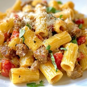- 12 oz rigatoni pasta - 1 lb Italian sausage, casing removed - 1 medium onion, diced - 3 cloves garlic, minced - 1 can (14 oz) crushed tomatoes - 1 cup heavy cream - 1 teaspoon dried oregano - 1 teaspoon dried basil - 1/2 teaspoon red pepper flakes - Salt and pepper to taste - 1/2 cup grated Parmesan cheese - Fresh basil leaves for garnish - Olive oil for cooking Using the right amounts makes a big difference. Here are the key measurements: - Rigatoni Pasta: 12 ounces is perfect for four servings. - Italian Sausage: One pound gives a rich flavor. - Onion: A medium onion adds the right sweetness. - Garlic: Three cloves bring a strong aroma. - Crushed Tomatoes: Use a 14-ounce can for the sauce base. - Heavy Cream: One cup makes the sauce creamy. - Dried Oregano and Basil: One teaspoon each enhances the flavor. - Red Pepper Flakes: Use half a teaspoon for a bit of heat. - Parmesan Cheese: Half a cup adds depth to the dish. - Olive Oil: Just enough to coat the pan for browning. - Italian Sausage: Choose a good quality sausage for the best flavor. You can use mild or spicy based on your taste. - Cheese: Freshly grated Parmesan melts better and tastes richer than pre-grated. - Tomatoes: Crushed tomatoes provide a smooth sauce. You can use diced tomatoes if you prefer more texture. - Fresh Basil: It is a great garnish that adds color and fresh flavor. Always use it at the end for best results. {{ingredient_image_1}} Start by boiling a large pot of salted water. Add 12 oz of rigatoni pasta. Cook it until it is al dente, about 8 to 10 minutes. You want it to be firm but not hard. Before draining, save 1 cup of the pasta water. Drain the pasta and set it aside. This water helps to adjust the sauce later. In a large skillet, drizzle in some olive oil. Heat it over medium heat. Add 1 lb of Italian sausage, removing its casing first. Break the sausage into pieces with a wooden spoon. Cook it for 5 to 7 minutes. You want it browned and fully cooked. This adds great flavor to your dish. Next, add 1 diced medium onion to the skillet. Cook for about 3 to 4 minutes until it becomes soft and clear. Stir in 3 minced garlic cloves and cook for 1 more minute. You’ll love the smell! Now, pour in 1 can of crushed tomatoes and 1 cup of heavy cream. Mix it well. Add 1 tsp of dried oregano, 1 tsp of dried basil, and 1/2 tsp of red pepper flakes. Let this mix simmer for 5 to 10 minutes. This helps the sauce thicken. Now, it’s time to add the rigatoni back into the skillet. Toss the pasta in the sauce until it is fully coated. If the sauce is too thick, add some of that reserved pasta water. This will help you get the right sauce consistency. Taste the dish and add salt and pepper as needed. Stir in 1/2 cup of grated Parmesan cheese until it melts. This makes everything creamy and rich. Serve the dish right away. Top with fresh basil leaves and more Parmesan if you want. Enjoy your tasty Italian sausage rigatoni! To get the sauce just right, watch the heat. Simmer it on low. This helps the flavors mix well. You want a creamy texture, not too thick. If it gets too thick, add some reserved pasta water. Stir until it’s nice and smooth. This makes the sauce cling to the rigatoni perfectly. You can cook rigatoni in many ways. Boiling is the most common. But you could also bake it. For baking, cook the pasta until just underdone. Then mix with the sauce and bake until bubbly. This gives a nice crust on top. You can even try cooking it in a pressure cooker for speed. Garnishing makes your dish look great. Fresh basil leaves add color and flavor. Grated Parmesan cheese gives a rich taste. You can also sprinkle some red pepper flakes on top for extra spice. Serve with crusty bread on the side for a complete meal. Pro Tips Use Fresh Ingredients: For the best flavor, use fresh Italian sausage and high-quality crushed tomatoes. Fresh ingredients can elevate the entire dish. Customize Your Spice Level: Adjust the amount of red pepper flakes based on your heat preference. Add a little at a time and taste as you go to avoid overpowering the dish. Perfect Pasta Cooking: Always cook the pasta al dente to prevent it from becoming mushy when combined with the sauce. The pasta will continue to cook slightly when mixed with the hot sauce. Garnish for Flavor: Don't skip the fresh basil garnish! It adds a burst of freshness that complements the rich flavors of the dish beautifully. {{image_2}} You can make this dish lighter by using turkey sausage. Turkey sausage has less fat but still delivers great taste. You can also swap regular pasta for whole wheat rigatoni. Whole wheat pasta adds fiber and nutrients. If you want a meat-free meal, try plant-based sausage. It cooks just like regular sausage but is made from plants. You can find many brands that taste great. Use the same cooking steps, and you will enjoy a hearty dish. Change up the flavor with herbs and spices. Try adding fresh thyme or rosemary for a different twist. You can also use smoked paprika for a smoky flavor. Adjust the red pepper flakes for your heat level. Don't be afraid to mix and match to find your favorite combination. To store leftovers, let the rigatoni cool down. Place it in an airtight container. Make sure to seal it tightly. This helps keep the flavors fresh. You can store the dish in the fridge for up to three days. If you want to keep it longer, consider freezing. For freezing, use a freezer-safe container. Divide the rigatoni into portions. This makes it easier to thaw later. Make sure to leave some space in the container. Foods expand when frozen. You can freeze the rigatoni for up to three months. Label the container with the date for easy tracking. To reheat, you can use the microwave or the stovetop. If using the microwave, place it in a bowl and cover it. Heat in short bursts, stirring in between. If you prefer the stovetop, add a splash of water or broth. Heat on low, stirring often. This keeps the pasta moist and tasty. Enjoy your flavorful meal again! You can use many types of noodles. Penne or ziti are great choices. They hold sauce well and have a similar shape. Fusilli or farfalle can also work. They give a fun twist to the dish. Yes, you can make Italian Sausage Rigatoni ahead of time. Just cook it and store it in the fridge. Keep it in an airtight container for up to three days. When you are ready to eat, reheat it on the stove. Add a splash of water or cream to keep it moist. Many sides go well with this dish. A simple green salad adds freshness. Garlic bread is a tasty choice too. You can also serve roasted vegetables for extra flavor. These sides balance the rich pasta nicely. To make the dish less spicy, cut the red pepper flakes in half. You can leave them out completely if you prefer. Adding more cream will also tone down the heat. Serve with a dollop of sour cream for a cool touch. This blog post covered everything you need to know to make Italian sausage rigatoni. We discussed the key ingredients and their measurements, provided step-by-step cooking instructions, and offered tips for perfection. I also shared tasty variations and smart storage tips. Remember, making this dish can be fun and flexible. Experiment with ingredients and spices to match your taste. Enjoy crafting a meal that warms hearts and brings everyone together. With these strategies, you'll create a delicious dish every time!