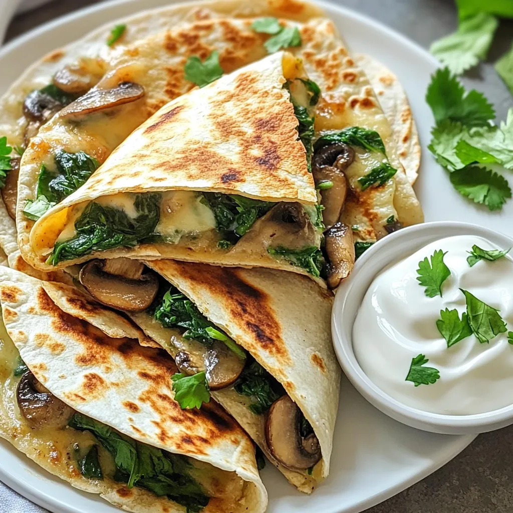 To make a tasty spinach mushroom quesadilla, gather these ingredients: - 2 cups fresh spinach, chopped - 1 cup mushrooms, sliced (button or cremini) - 1 tablespoon olive oil - 1 teaspoon garlic powder - 1 teaspoon onion powder - 1 teaspoon cumin - Salt and pepper to taste - 4 flour tortillas (8-inch size) - 1 cup shredded mozzarella cheese (or a blend of your choice) - ½ cup sour cream (for serving) - Fresh cilantro, chopped (for garnish) You can easily swap ingredients to fit your taste. For cheese, try cheddar or pepper jack. If you want a lighter option, use low-fat cheese. For tortillas, corn tortillas work well too. You can also replace olive oil with butter. This adds a rich flavor. For spices, use taco seasoning instead of cumin. It gives a fun twist! I recommend using fresh spinach and mushrooms for the best taste and texture. Fresh ingredients add vibrant flavor and color. However, if you need convenience, frozen spinach and mushrooms are great backups. Just thaw and drain them well before cooking. This way, your quesadilla will still taste fantastic. {{ingredient_image_1}} First, gather all your ingredients. You need fresh spinach, mushrooms, tortillas, and cheese. You can also get garlic powder, onion powder, and cumin from your spice rack. This makes it easy to whip up this dish quickly. Start by heating the olive oil in a large skillet over medium heat. Add sliced mushrooms and cook for about 3-4 minutes. You want them to soften but not brown. Next, stir in the chopped spinach. Cook for 2-3 minutes until it wilts down. Now, season the mixture with garlic powder, onion powder, cumin, salt, and pepper. Mix everything well and take it off the heat. Preheat another skillet or griddle over medium heat. Take one tortilla and sprinkle half of it with cheese. Add your spinach and mushroom mix, then top with more cheese. Fold the tortilla in half. Carefully place the quesadilla in the hot skillet. Cook it for 2-3 minutes on each side. You want the tortilla to be golden brown and the cheese to melt. Repeat this with the other tortillas. Once they are all cooked, transfer the quesadillas to a cutting board. Let them sit for a minute, then slice them into wedges. Arrange the quesadilla wedges on a nice platter. Sprinkle some fresh cilantro on top for color. Serve them with a side of sour cream for dipping. You can even add lime wedges for a zesty kick. Enjoy every bite of your creation! To get the best texture for your quesadilla, focus on the tortilla. Use fresh flour tortillas. They cook better and taste great. Heat your skillet well before cooking. This helps the tortilla get crispy. Cook each side for about 2-3 minutes. You want a nice golden color and melted cheese inside. Let the quesadilla rest for a minute before slicing. This makes cutting easier and keeps the filling from spilling out. For extra flavor, try adding spices. Cumin gives a warm taste that matches well with spinach and mushrooms. You can also add a pinch of chili powder for a bit of heat. Fresh herbs, like cilantro, can brighten up the dish. Serve your quesadillas with sour cream and lime wedges. This adds creaminess and a fresh kick. Don’t be afraid to mix in different cheeses. A blend of mozzarella and pepper jack can be delightful! Cleaning up after cooking can be a breeze. Start by soaking used pans in warm soapy water. This makes scrubbing easier. Use parchment paper on your baking sheets. It saves time on cleanup and keeps food from sticking. Keep a trash bowl nearby for scraps while you cook. This way, you can keep your workspace tidy. Once you finish, a quick wipe of the counters will have your kitchen looking great. Pro Tips Use Fresh Ingredients: Always opt for fresh spinach and mushrooms for the best flavor and texture in your quesadilla. Customize Your Cheese: Feel free to mix different types of cheese like cheddar or pepper jack for a unique flavor profile. Keep It Warm: If making multiple quesadillas, keep cooked ones warm in a low oven while you finish the rest. Experiment with Spices: Try adding chili powder or smoked paprika for an extra kick of flavor in your filling. {{image_2}} You can boost your quesadilla with protein. Try adding cooked chicken, shrimp, or tofu. These options pair well with spinach and mushrooms. For chicken, use grilled or rotisserie. Shrimp can be sautéed with garlic. Tofu should be pressed and cubed before cooking. Mix and match until you find your favorite combo. If you want to keep it vegetarian, there are great options. Black beans or pinto beans add protein and fiber. You can also use roasted vegetables like peppers or zucchini. These veggies bring more flavor and texture. Don’t forget to sprinkle some nutritional yeast for a cheesy flavor without dairy. For a spicy kick, add jalapeños or crushed red pepper. You can mix these into the filling. Another option is to serve the quesadilla with hot sauce. If you enjoy a smokier flavor, try chipotle peppers in adobo sauce. They can transform your quesadilla into a bold dish that excites your taste buds. You can store leftover quesadillas in the fridge. Place them in an airtight container. They stay fresh for about 3 days. Make sure to let them cool before sealing. This helps keep them crisp and tasty. To freeze quesadillas, wrap each one in plastic wrap. Then, place them in a freezer-safe bag. They can last up to 2 months in the freezer. When ready to eat, thaw them overnight in the fridge. This keeps their texture nice. To reheat quesadillas, use a skillet over medium heat. Cook for about 2-3 minutes on each side. This warms them up and keeps them crispy. You can also use an oven. Set it to 350°F and bake for about 10 minutes. Enjoy your quesadillas warm and melty! To make this quesadilla vegan, swap the cheese for a plant-based cheese. You can also use avocado or hummus for creaminess. Replace sour cream with a vegan version or a simple mix of lime juice and avocado. This keeps the taste rich and satisfying. Yes, you can prepare the filling ahead. Cook the spinach and mushrooms, then let them cool. Store the mixture in the fridge for up to three days. When you're ready, fill the tortillas and cook them fresh. This keeps them crispy and delicious. Many sides go well with this quesadilla. Here are a few ideas: - Guacamole: Fresh and creamy, it adds flavor. - Salsa: A zesty dip brings brightness to each bite. - Mexican Rice: This hearty side completes the meal. - Black Beans: Packed with protein, they add nutrition. These sides enhance the meal and make it more fun! This blog post covered everything you need for a great Spinach Mushroom Quesadilla. We talked about key ingredients, how to prep, and cook it perfectly. You learned tips for a tasty texture and quick cleanup. There are variations for everyone, plus smart storage tips to keep it fresh. Enjoy making this dish your own, and don't hesitate to experiment! Happy cooking!