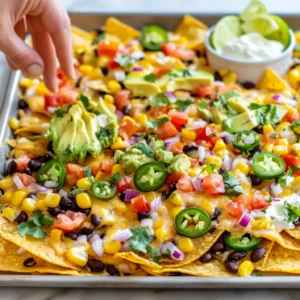 - 12 oz bag of tortilla chips - 1 cup shredded cheddar cheese - 1 cup shredded Monterey Jack cheese - 15 oz can of black beans, drained and rinsed - 1 cup corn kernels (frozen or canned) - 1 jalapeño pepper, sliced - 1 ripe avocado, diced - 1 medium tomato, diced - ¼ cup red onion, finely chopped - ¼ cup fresh cilantro, chopped - Lime wedges - Sour cream or Greek yogurt - Salsa To make these tasty sheet pan nachos, you need a mix of key ingredients. First, the tortilla chips form the base. Choose a sturdy brand that holds up well under toppings. Next, the shredded cheddar and Monterey Jack cheeses add a rich, creamy flavor. These cheeses melt well, creating a gooey goodness that everyone loves. For protein and texture, add a can of black beans. Be sure to rinse them to remove any excess salt. Corn kernels bring sweetness and color. You can use frozen or canned corn; both work great. Now, let's talk about fresh toppings. Sliced jalapeños add a spicy kick. If you want less heat, remove the seeds. Diced avocado gives a creamy texture, while diced tomatoes add freshness. Finely chopped red onion provides crunch and flavor. Lastly, sprinkle fresh cilantro for a burst of herbiness. When serving, don't forget the lime wedges. They add zesty brightness. Sour cream or Greek yogurt offers a cool contrast. Salsa adds extra flavor and moisture. With these ingredients, you will create a family meal that everyone will enjoy. {{ingredient_image_1}} - Preheat the oven to 400°F (200°C). - Spread tortilla chips on a large baking sheet. First, set your oven to preheat. This step gets your nachos nice and hot. While the oven warms up, grab your tortilla chips. Place them evenly on the baking sheet. Make sure you cover the whole sheet. This way, every chip gets toppings. - Add shredded cheeses. - Scatter black beans and corn kernels. - Top with sliced jalapeños. Now it's time to build your nachos. Start by adding the shredded cheddar and Monterey Jack cheese on top of the chips. Layer it well so each chip gets cheese. Then, sprinkle the black beans and corn over the cheese. This adds great flavor and texture. Finish with the sliced jalapeños. If you want less heat, remove the seeds. - Bake until cheese is melted (10-15 minutes). - Remove, cool briefly, and add fresh toppings. Next, place the baking sheet in the oven. Bake for about 10 to 15 minutes. You want the cheese to melt and bubble. Keep an eye on it to avoid burning. Once done, take it out and let it cool for a few minutes. Then, add your fresh toppings like diced avocado, tomato, red onion, and cilantro. Don’t forget to season with salt and pepper. Enjoy your tasty sheet pan nachos! To get a great cheese melt, spread the cheese evenly. Use a mix of cheddar and Monterey Jack for the best flavor. Avoid piling cheese too thickly. This can cause uneven melting. Spread it out so every chip gets its share. Bake until the cheese bubbles, about 10 to 15 minutes. To add flavor, sprinkle your nachos with spices. Try chili powder, cumin, or garlic powder. Fresh ingredients also boost taste. Use ripe avocados and juicy tomatoes for the best results. Fresh cilantro adds a nice touch, too. The more fresh, the better the flavor. Make your nachos look great. Layer your toppings neatly. Place diced avocado and tomatoes on top last. This keeps them fresh and bright. Serve with lime wedges and bowls of salsa and sour cream. Using colorful toppings impresses guests and makes them want to dig in! Pro Tips Layer Wisely: To ensure every chip is loaded with flavor, layer the cheese and toppings in stages rather than all at once. Use Fresh Ingredients: Fresh avocados, tomatoes, and cilantro will elevate the flavor of your nachos significantly, making them taste more vibrant. Customize Your Heat: Adjust the amount of jalapeños based on your heat preference. For a milder taste, remove the seeds and membranes. Serve Immediately: For the best experience, serve your nachos right after baking while the cheese is still gooey and the toppings are fresh. {{image_2}} You can add protein to your nachos in many ways. Shredded chicken is a great choice. It adds flavor without overpowering the dish. Ground beef also works well and gives a hearty touch. For a vegetarian option, try black beans. They are filling and boost nutrition. If you want vegan, use lentils or tofu. Both add texture and protein without meat. Cheese is key for great nachos. You can mix different types for unique flavors. Try pepper jack for some spice or gouda for a smoky taste. If you want to go dairy-free, there are great options too. Look for vegan cheese made from nuts or soy. They melt well and taste fantastic. Fresh toppings can make your nachos shine. Consider adding bell peppers for crunch. Chopped green onions add a mild onion flavor. You can also try fresh corn or sliced olives for a twist. Experiment with sauces too! Drizzling spicy ranch or chipotle sauce can add zing. Salsas with fruit, like mango or pineapple, can bring a sweet touch. To store leftover nachos, place them in an airtight container. This keeps them fresh for a bit longer. Try to keep the toppings separate to avoid soggy chips. You can refrigerate nachos for up to three days. When reheating, preheat your oven to 350°F (175°C). Spread the nachos on a baking sheet. Heat them for about 10 minutes. This will help the chips regain some crunch. Can you freeze nachos? Yes, but it’s not the best option for texture. If you want to freeze them, remove any fresh toppings first. Place the nachos in a freezer-safe bag or container. Make sure to squeeze out as much air as possible. They can last for about two months in the freezer. To thaw, put the nachos in the fridge overnight. Reheat in the oven for best results. How long do prepared nachos last? If stored correctly, they can last for up to three days in the fridge. Watch for signs of spoilage. If the chips smell off or become very soft, it’s time to toss them. Mold on fresh toppings is also a bad sign. Always check before enjoying your leftovers! To keep your nachos crispy, start with a good layer of chips. Use thick tortilla chips, as they hold up better. Avoid wet toppings like salsa directly on the chips before baking. Instead, add them after baking. You can also layer cheese on the bottom, then add chips on top. This creates a barrier that helps keep moisture away. Bake until the cheese bubbles but do not overcook. Yes, you can prep some parts ahead. You can chop veggies like tomatoes and onions a few hours before. Store them in the fridge. For best taste, don’t add toppings until right before baking. If you make the nachos fully, they are best eaten fresh. However, you can store baked nachos in the fridge for up to two days. Just reheat them in the oven to crisp them back up. Nachos pair well with many sides. Think about fresh guacamole or a simple salad. A side of corn on the cob adds sweetness and crunch. You can also serve nachos with black bean dip or a zesty queso dip. A fruit salad can balance the meal, too. We explored tasty nachos from ingredients to serving suggestions. You learned how to layer flavors and make your cheese melt just right. We shared tips for fresh toppings and keeping chips crispy. Remember, you can customize your nachos with proteins, cheeses, and fun toppings. Enjoy them fresh, but don't worry about storing leftovers—just follow our tips! Nachos make a great snack for gatherings or a fun meal at home. Get creative and enjoy every bite!